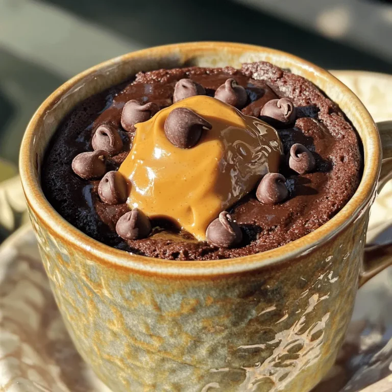 To make a tasty chocolate peanut butter mug cake, you need the following: - 4 tablespoons all-purpose flour - 2 tablespoons unsweetened cocoa powder - 4 tablespoons granulated sugar - 1/8 teaspoon baking powder - 1/8 teaspoon salt - 3 tablespoons milk (or any non-dairy alternative, like almond or oat milk) - 2 tablespoons vegetable oil - 1 teaspoon vanilla extract - 1 tablespoon creamy or crunchy peanut butter These ingredients work together to create a soft and moist cake. Each one plays a key role in the cake’s flavor and texture. Want to make your mug cake even better? Here are some fun add-ins: - A handful of chocolate chips - A sprinkle of crushed peanuts - A dash of cinnamon - A swirl of caramel or chocolate sauce These add-ins can boost the flavor and make your mug cake unique. Feel free to mix and match based on what you like! Sometimes you may not have all the ingredients at hand. Here are some easy swaps: - Use whole wheat flour instead of all-purpose flour for a nuttier taste. - Swap cocoa powder for carob powder if you want a different flavor. - Use honey or maple syrup instead of granulated sugar for a healthier option. - Replace vegetable oil with melted coconut oil for a tropical twist. These substitutions can help you create a cake that suits your taste and what you have in your pantry. Enjoy creating your very own chocolate peanut butter mug cake with these tips! Start with a large microwave-safe mug, about 12 oz. In this mug, mix: - 4 tablespoons all-purpose flour - 2 tablespoons unsweetened cocoa powder - 4 tablespoons granulated sugar - 1/8 teaspoon baking powder - 1/8 teaspoon salt Use a small whisk or fork to blend the dry ingredients well. Make sure there are no lumps. This mix forms the base of your cake. Now, create a well in the center of the dry mix. Pour in: - 3 tablespoons milk (or non-dairy alternative) - 2 tablespoons vegetable oil - 1 teaspoon vanilla extract Stir gently until the batter is smooth and thick. Ensure there are no dry bits left at the bottom. This step is key for a well-mixed cake. Next, take 1 tablespoon of peanut butter. Spoon it into the center of your batter. You can swirl it in for a marbled look or leave it whole for bursts of flavor. If you want more chocolate, add a handful of chocolate chips on top. Place the mug in the microwave and cook for about 1 minute and 30 seconds. Cooking times may vary, so check your cake. It should rise and have a firm center. Once done, carefully take it out (it’s hot!). Let it cool for a minute. Now, enjoy your chocolate peanut butter mug cake right from the mug! To get the best texture for your mug cake, mix your dry and wet ingredients well. Make sure there are no lumps. If the batter is too thick, add a splash more milk. The batter should flow smoothly but still be thick. Cook for just the right time. Overcooking can lead to a dry cake. Start with 1 minute and 30 seconds, but check it after a minute. Your cake should rise and be firm in the middle. One mistake is using a small mug. A large mug gives the cake room to rise. Another error is not measuring ingredients correctly. Use proper measuring spoons and cups for accuracy. Avoid adding too much peanut butter; it can make your cake too dense. Also, keep an eye on the microwave. Each one cooks differently, so don’t walk away! Lastly, don’t forget to let it cool before eating. A hot mug can burn your mouth. If you like your cake sweeter, add a bit more sugar. Start with an extra teaspoon and taste the batter. You can also use flavored syrups or honey to boost the sweetness. If you prefer less sugar, cut back on the granulated sugar by one tablespoon. You can also use a sugar substitute, like stevia, if you want fewer calories. Experiment with different amounts until you find your perfect balance. For a fun twist, add a sprinkle of cinnamon or a dash of espresso powder for depth. {{image_4}} To make a gluten-free mug cake, swap the all-purpose flour for almond flour or coconut flour. Both flours work well, but almond flour gives a nice texture. Use the same amount as in the recipe. This change keeps your cake soft and tasty. If you need a nut-free option, try sunbutter or soy nut butter instead of peanut butter. These options give a similar creamy texture and taste. You can also skip the nut butter and add some fruit, like mashed banana or applesauce. This keeps your cake moist while making it nut-free. Get creative with flavors! You can mix in some peppermint extract for a minty twist. Or try adding a spoonful of coffee for a mocha flavor. You can also fold in mini marshmallows or caramel bits for a fun surprise. The possibilities are endless, and each variation can add a new taste to your mug cake. For the full recipe, check out the main article! If you have leftover chocolate peanut butter mug cake, store it in an airtight container. This keeps the cake fresh for about two days. You can also cover the mug with plastic wrap. Just make sure to let it cool before you cover it. To reheat the mug cake, place it in the microwave for about 10 to 15 seconds. Check to see if it's warm enough. If not, heat it for an extra 10 seconds. Be careful not to overheat, or the cake can become tough. Yes, you can freeze the mug cake! First, let it cool completely. Then, wrap it tightly in plastic wrap and place it in a freezer bag. It will keep in the freezer for up to a month. When you're ready to eat it, thaw it in the fridge overnight and reheat it in the microwave. Enjoy your tasty treat from the freezer! If you want the full recipe, follow this link to the Full Recipe. Cooking a mug cake in the microwave takes about 1 minute and 30 seconds. Microwave times can vary. Keep an eye on your cake as it cooks. You want it to rise and feel firm in the center. If it’s still wet, add 10 seconds more at a time. Yes, you can use any nut butter you like! Almond butter or cashew butter works well. Each nut butter brings its own taste. This makes your mug cake unique. Try different flavors to find your favorite. The best way to serve a mug cake is right from the mug! You can add toppings for extra flair. A scoop of ice cream or whipped cream is a great choice. You can also sprinkle crushed peanuts on top. Enjoy every bite of your delicious creation! You now know how to make a delicious chocolate peanut butter mug cake. We covered the key ingredients and how to mix them. I shared tips to get the best texture and avoid mistakes. You also learned fun variations and storage tips to keep it fresh. This recipe is simple and quick. You can enjoy it any time. Try your favorite flavors and make it your own. Cooking should be fun, so don’t be afraid to experiment! Happy baking!