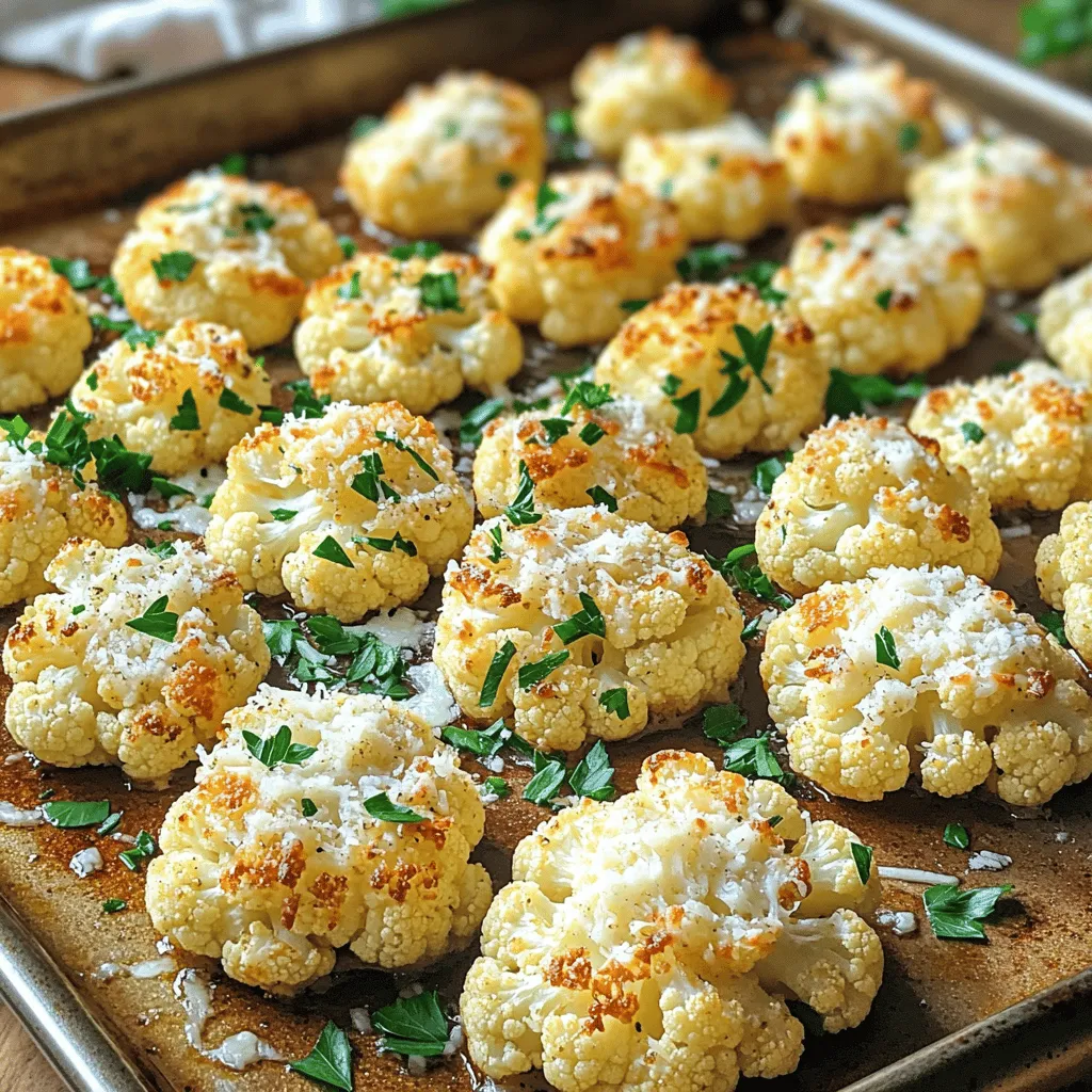 - 1 large cauliflower head, cut into bite-sized florets - 4 cloves garlic, finely minced - 3 tablespoons extra virgin olive oil - ½ cup freshly grated Parmesan cheese - 1 teaspoon dried oregano - 1 teaspoon smoked paprika - Sea salt and freshly cracked black pepper, to taste - Fresh parsley, finely chopped (for a vibrant garnish) Roasted Garlic Parmesan Cauliflower is a treat. The main star is the cauliflower florets. They soak up all the flavors. Garlic adds a nice punch. I love using fresh garlic. It gives the dish depth. The olive oil helps the florets roast nicely. It keeps them moist while they cook. Parmesan cheese brings that salty, cheesy goodness. It melts and crisps on top. This creates a tasty layer. Spices like oregano and smoked paprika add warmth. They elevate the dish with rich flavors. Sea salt and pepper make everything pop. Lastly, a sprinkle of parsley adds color. It makes the dish look fresh and inviting. You can find the full recipe above. It shows how to mix these ingredients perfectly. Enjoy crafting this side dish that everyone loves! 1. Preheat the oven. Set your oven to 400°F (200°C). This helps the cauliflower roast evenly and get crispy. 2. Prepare the marinade. Grab a large bowl. Mix together: - 3 tablespoons extra virgin olive oil - 4 cloves garlic, finely minced - 1 teaspoon dried oregano - 1 teaspoon smoked paprika - Sea salt and freshly cracked black pepper to taste Whisk these ingredients until smooth and aromatic. 3. Toss cauliflower in the marinade. Cut 1 large cauliflower head into bite-sized florets. Add the florets to the bowl. Use your hands or a spatula to coat each piece well. This ensures every bite is packed with flavor. 1. Spread cauliflower on the baking sheet. Line a large baking sheet with parchment paper. This makes cleanup easy. Spread the marinated cauliflower in a single layer. This allows for even roasting. 2. Toss during roasting for even cooking. Place the baking sheet in the oven and roast for 25-30 minutes. Halfway through, take the sheet out and carefully toss the florets. This helps them cook evenly and turn golden brown. 3. Add Parmesan at the end. Once the cauliflower is roasted, take it out of the oven. Sprinkle ½ cup freshly grated Parmesan cheese over the hot cauliflower. Return it to the oven for 5 more minutes. This melts the cheese and adds a nice crispy layer. For the complete recipe, you can check the [Full Recipe]. - For crispy texture, make sure to space the florets. Crowded florets steam instead of roast. - Toss the cauliflower halfway through cooking. This helps achieve even browning and tenderness. - Adjust your seasonings based on your taste. You can add more garlic for stronger flavor or more salt to enhance taste. - Serve the cauliflower on a rustic wooden platter for a homey feel. - Add fresh parsley on top for a colorful garnish. This brightens the dish and adds flavor. - Use a colorful bowl to make the dish pop on the table. It draws attention and makes it more inviting. For the full recipe, check the details above! {{image_4}} You can make roasted garlic Parmesan cauliflower even more fun. Here are some tasty ideas: - Adding different cheeses: Try mixing in cheddar, feta, or goat cheese. Each cheese gives a unique taste. - Incorporating more vegetables: Toss in bell peppers, carrots, or Brussels sprouts. They roast well and add color. - Using different herbs and spices: Experiment with thyme, rosemary, or chili flakes. Each adds a new twist. If you have specific dietary needs, you can still enjoy this dish. - Gluten-free options: This recipe is naturally gluten-free. No changes are needed. - Vegan adaptations: Swap Parmesan cheese with nutritional yeast or vegan cheese. You still get a great flavor. - Low-carb substitutes: Instead of cauliflower, try broccoli or zucchini for a low-carb option. They roast nicely too. Feel free to explore these variations. You can find the [Full Recipe](#) for more details on how to make this dish. To keep your roasted garlic Parmesan cauliflower fresh, store it properly. First, let it cool down after cooking. Then, place the leftovers in an airtight container. This helps keep the flavors intact and prevents spoilage. Store the container in the fridge. The cauliflower stays good for about 3 to 5 days. If you want to save it longer, freezing is a great option. To freeze, use a freezer-safe container. You can also use a freezer bag. Just make sure to remove as much air as you can. This keeps the cauliflower from getting freezer burn. It can last for up to 3 months in the freezer. To reheat roasted cauliflower without losing its tasty texture, use the oven. Preheat it to 350°F (175°C). Spread the cauliflower on a baking sheet. Bake it for about 10 to 15 minutes. Toss it halfway through to help it heat evenly. You can also reheat it in a skillet. Heat the skillet over medium heat. Add a little olive oil if you like. Toss the cauliflower gently until it warms up. This method helps keep the flavors strong. For both methods, avoid using the microwave. It can make the cauliflower soggy. By reheating properly, you can enjoy every bite again, just like fresh from the oven. How long does roasted cauliflower last? Roasted cauliflower lasts about 3 to 5 days in the fridge. Store it in an airtight container. This keeps it fresh and tasty for later. Can I prepare this dish in advance? Yes, you can prepare it in advance! You can marinate the cauliflower the day before. Just keep it in the fridge until you’re ready to roast. What can I serve with Roasted Garlic Parmesan Cauliflower? This dish pairs well with many meals. Try serving it with grilled chicken, steak, or fish. It also goes great with quinoa or rice for a complete meal. Caloric content and macronutrient breakdown One serving of Roasted Garlic Parmesan Cauliflower contains about 150 calories. It has 8 grams of carbs, 6 grams of protein, and 12 grams of fat. Health benefits of cauliflower Cauliflower is low in calories and high in fiber. It helps with digestion and keeps you full. Plus, it’s rich in vitamins like C and K. Parmesan cheese nutrition facts Parmesan cheese adds flavor and nutrients. One tablespoon has about 22 calories and 2 grams of protein. It also contains calcium, which is good for bones. When you want a tasty side dish, check out the Full Recipe for Roasted Garlic Parmesan Cauliflower. Enjoy! We explored how to make tasty roasted cauliflower with garlic and Parmesan. We discussed key ingredients, step-by-step cooking methods, and helpful tips. I shared ways to adjust flavors and accommodate different diets. You learned how to store leftovers and reheat them to keep their crunch. Roasted garlic Parmesan cauliflower is simple to make and a great dish to enjoy or share. Use these ideas to create your perfect recipe and impress everyone with your skills. Enjoy your cooking journey!