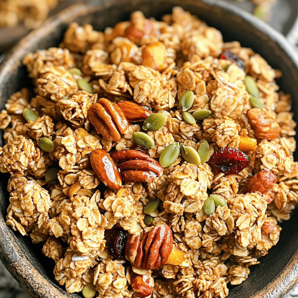 - 2 cups rolled oats - 1 cup pecans, roughly chopped - 1/2 cup almonds, chopped - 1/2 cup pumpkin seeds - 1/2 cup honey or maple syrup - 1/4 cup coconut oil, melted - 1 teaspoon vanilla extract - 1/2 teaspoon ground cinnamon - 1/4 teaspoon salt - 1/2 cup dried cranberries or raisins (optional) These ingredients are simple yet full of flavor. The rolled oats form the base, providing a hearty texture. Chopped pecans add a delightful crunch and rich taste. Almonds and pumpkin seeds introduce extra nutrition and variety. The use of honey or maple syrup offers a natural sweetness. Coconut oil keeps the granola clusters together and adds a hint of tropical flavor. Vanilla extract and ground cinnamon enhance the overall aroma and taste. You can add dried cranberries or raisins for a chewy bite. They balance the crunchiness and provide a pop of sweetness. Each ingredient plays a role in making these Maple Pecan Granola Clusters a perfect homemade snack. For the full recipe, check out the detailed instructions! - Set the oven temperature to 325°F (163°C). - Prepare a baking sheet with parchment paper. Start by preheating your oven. This step is crucial, as it helps the granola bake evenly. The parchment paper makes cleanup easy and keeps the granola from sticking. - Combine rolled oats, pecans, almonds, and pumpkin seeds. Grab a large bowl and add the rolled oats, chopped pecans, almonds, and pumpkin seeds. Mix them well so that all the dry ingredients blend together. This mix is the base of our granola. - Whisk together honey or maple syrup, coconut oil, vanilla, cinnamon, and salt. In a separate bowl, whisk the honey or maple syrup, melted coconut oil, vanilla, ground cinnamon, and salt. Make sure there are no lumps. This mixture will add flavor and sweetness to the granola. - Pour wet ingredients over dry ingredients and mix. Now, pour the wet mixture over the dry ingredients. Use a spatula or wooden spoon to stir everything together. Make sure all the oats and nuts get a good coating of the sticky mixture. - Transfer to the baking sheet and bake for 20-25 minutes. Spread the granola mixture onto the prepared baking sheet. Use the spatula to press it down firmly. This will help create those nice clusters. Bake it in the oven for 20 to 25 minutes. Stir halfway through to ensure even browning. - Let cool, then break into clusters of desired size. After baking, take the sheet out and let the granola cool completely. It will harden as it cools. Once cooled, break it into clusters. Make them as big or small as you like. Enjoy your homemade maple pecan granola clusters! For the full recipe, check out [Full Recipe]. To get those perfect granola clusters, you need to press down firmly before baking. This helps the mixture stick together. After 10 minutes, stir the granola to ensure even browning. This simple step makes a big difference in texture. You can make this recipe your own! Add chocolate chips or shredded coconut for some fun twists. Do you love nuts? Experiment with different nuts or seeds like walnuts or sunflower seeds. The options are endless, so feel free to get creative. For a nutritious boost, serve your granola with yogurt or milk. It makes a great breakfast or snack. Adding fresh fruits, like berries or banana slices, gives extra flavor and nutrients. These pairings will make your snack even more enjoyable. For the complete recipe and all of its details, check out the [Full Recipe]. {{image_4}} If you need a gluten-free option, simply swap regular oats with gluten-free oats. This small change keeps the taste and texture while making it safe for those with gluten sensitivities. Always check for certified gluten-free oats to ensure safety. For a nut-free version, replace the nuts with extra seeds, like sunflower seeds. Sunflower seeds add a nice crunch and great flavor. You can use pumpkin seeds too. This way, you still get a tasty snack without nuts. Want to mix it up? Add spices like nutmeg or ginger to the mix. A pinch of nutmeg can bring warmth, while ginger adds a zing. You can also try adding cocoa powder for a chocolatey twist. Experimenting with flavors keeps your granola exciting and new. To keep your maple pecan granola clusters fresh, store them in an airtight container. This helps prevent moisture from ruining the crunchy texture. You can keep the container at room temperature. Avoid storing in direct sunlight, as heat can affect the taste. Your granola will stay fresh for up to 2 weeks. After that, it may lose its crunch and flavor. I recommend checking for any signs of spoilage, like an off smell or unusual texture. If you want to store granola for longer, freezing is a great option. Place the clusters in a freezer-safe bag or container. Make sure to remove as much air as possible. They can last up to 3 months in the freezer. When ready to eat, simply thaw at room temperature for a few hours. Enjoy your homemade snack anytime! For the full recipe, check out the earlier section. Yes, both work well in this recipe. Maple syrup gives a rich flavor. It also adds a nice sweetness. Honey can do the same. You can pick either one. Reduce the amount of sweetener or add more nuts. This helps to balance the taste. You can choose to add more almonds or pecans. They add crunch and flavor without the sweetness. You can use vegetable oil or unsweetened applesauce. Vegetable oil keeps it simple and easy. Unsweetened applesauce adds moisture and a bit of sweetness. Both options work great in this granola. Yes, if using maple syrup, it’s suitable for vegans. Maple syrup is plant-based and perfect for this recipe. Just make sure to avoid honey if you're vegan. Look for a golden brown color and fragrant smell. The granola should be crisp but not burnt. It will harden as it cools, so keep an eye on it. You now have a simple and tasty granola recipe. We covered ingredients, steps, and tips. Making your granola lets you control the sweetness and add fun flavors. Remember to store it correctly for freshness. Enjoy your healthy snacks with yogurt or fresh fruit. This recipe is vegan-friendly and adaptable for dietary needs. With practice, you will create your perfect blend. Get baking and enjoy every bite!
