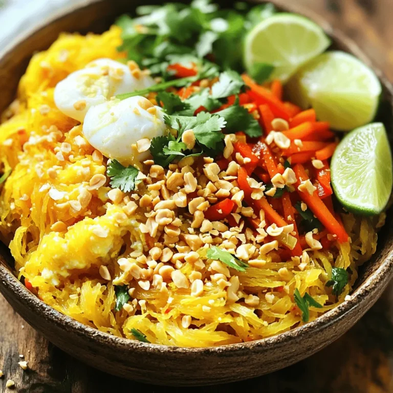 To create a tasty Spaghetti Squash Pad Thai, gather these key ingredients: - 1 medium spaghetti squash - 2 tablespoons vegetable oil - 2 cloves garlic, minced - 1 red bell pepper, thinly sliced - 1 cup bean sprouts - 2 green onions, sliced - 1 carrot, julienned - 2 large eggs, lightly beaten (or flax eggs for a vegan alternative) - 3 tablespoons tamari or soy sauce - 1 tablespoon creamy peanut butter - 1 tablespoon fresh lime juice - 1 teaspoon sugar - Crushed peanuts and fresh cilantro for garnish - Lime wedges for serving These ingredients blend together to create a vibrant dish. The spaghetti squash adds a unique texture, while the veggies offer color and crunch. For extra flavor and flair, consider these optional garnishes: - Crushed peanuts - Fresh cilantro leaves - Lime wedges Using these garnishes enhances the dish's visual appeal and taste. They help balance the flavors and add a fresh touch. You can easily modify this dish to suit dietary needs. Here are some substitutions: - Use zucchini noodles instead of spaghetti squash for a low-carb option. - Swap eggs for tofu or chickpeas to make it vegan. - Choose coconut aminos instead of soy sauce for a gluten-free option. These substitutes make the recipe flexible. You can enjoy this dish no matter your dietary preferences. For the full recipe, check out the provided link! To start, preheat your oven to 400°F (200°C). Cut your spaghetti squash in half lengthwise. Use a spoon to scoop out the seeds. Place the squash halves cut side down on a lined baking sheet. Roast in the oven for 30 to 40 minutes. The flesh should feel tender when done. Let it cool for a few minutes. Now, take a fork and shred the flesh into strands. This will give you those lovely spaghetti-like noodles. Next, take a large skillet and heat vegetable oil over medium heat. Add minced garlic and cook for about 30 seconds. You want it to smell great, not burn. Now, add the red bell pepper and julienned carrot. Stir-fry them for 3 to 4 minutes. You want them to soften and look vibrant. This mix adds color and crunch to your dish. In the skillet, push the veggies to one side. Pour in the lightly beaten eggs on the other side. Scramble them until cooked. Then, mix the eggs with the veggies. This makes a tasty base. Now, add the shredded spaghetti squash and fold it in. In a small bowl, whisk together tamari (or soy sauce), peanut butter, lime juice, and sugar. Drizzle this sauce over your mixture and toss it all together. Finally, fold in the bean sprouts and green onions. Cook for another minute to warm everything. Your dish is now ready to enjoy! For the complete details, check the Full Recipe. To cook spaghetti squash perfectly, choose a medium-sized squash. Cut it in half lengthwise and scoop out the seeds. Place it cut-side down on a baking sheet lined with parchment paper. Roast it at 400°F (200°C) for 30-40 minutes. You want the flesh to be soft enough to shred easily with a fork. Let it cool before using a fork to create those lovely spaghetti-like strands. For the sauce, mix tamari or soy sauce with creamy peanut butter, lime juice, and a bit of sugar. Whisk until smooth for the best flavor. Pour it over the squash and veggies in the skillet. Toss everything well so each strand is coated evenly. This step makes your dish flavorful and rich. When serving your spaghetti squash Pad Thai, use a large white platter for a clean look. Garnish generously with crushed peanuts and fresh cilantro. Place lime wedges around the dish for color and zest. This not only makes it pretty but also adds a fresh taste. For a fun touch, serve it in individual bowls, letting guests customize with extra lime or peanuts. For the complete guide to making this dish, check out the Full Recipe. {{image_4}} If you want a vegan dish, you can skip the eggs. Instead, use flax eggs. To make a flax egg, mix one tablespoon of ground flaxseed with three tablespoons of water. Let this sit for five minutes until it thickens. This mixture will help bind your ingredients just like eggs do. This recipe is naturally gluten-free when you use tamari instead of soy sauce. Tamari is made without wheat, making it a great choice. Always check the labels to ensure your other ingredients, like peanut butter, are gluten-free too. You can boost the protein in your dish easily. For a vegetarian option, add firm tofu. Cut it into cubes and sauté it until golden. For a meaty touch, add chicken or shrimp. Cook them in the skillet before adding the vegetables. This will enhance the flavor and keep everything well-balanced. To keep your Spaghetti Squash Pad Thai fresh, store it in an airtight container. Let it cool first, then place it in the fridge. It will last for up to three days. Keeping the sauce and squash separate helps maintain texture. When you're ready to enjoy leftovers, heat them in a skillet over medium heat. Add a splash of water or oil to prevent sticking. Stir well until everything is hot. You can also microwave it in a bowl with a lid. Heat for one to two minutes, stirring halfway through. You can freeze this dish if you need to store it longer. Pack it in a freezer-safe container after cooling. It’s best used within three months. To thaw, leave it in the fridge overnight. Reheat it as described above for the best taste and texture. For the full recipe, check out the Spaghetti Squash Pad Thai section. You can tell the spaghetti squash is done when it is tender. To check, poke it with a fork. If it easily pierces the flesh, it's ready. The skin should feel soft to the touch. After roasting, let it cool a bit. Then, use a fork to shred it into strands. This creates that lovely noodle-like texture we want. Yes, you can use traditional noodles. However, this changes the dish's character. Spaghetti squash gives a unique twist to Pad Thai. It makes the dish lighter and adds more fiber. If you choose noodles, cook them as directed. Then, mix them with the same tasty sauce and veggies. You can use almond butter or sunflower seed butter instead. These options still provide a nice creaminess. If you want a nut-free choice, try tahini. It has a different flavor but works well. You can also add more lime juice for a tangy kick. Spaghetti squash Pad Thai offers a tasty twist on the classic dish. We explored the main ingredients and helpful tips for a smooth cooking process. You learned how to prepare the squash, cook the veggies, and make the sauce. We discussed substitutions for dietary needs and storage advice for leftovers. Remember, variations can cater to different diets too. I hope you feel inspired to make this healthy meal. Enjoy exploring your own ideas with this recipe!