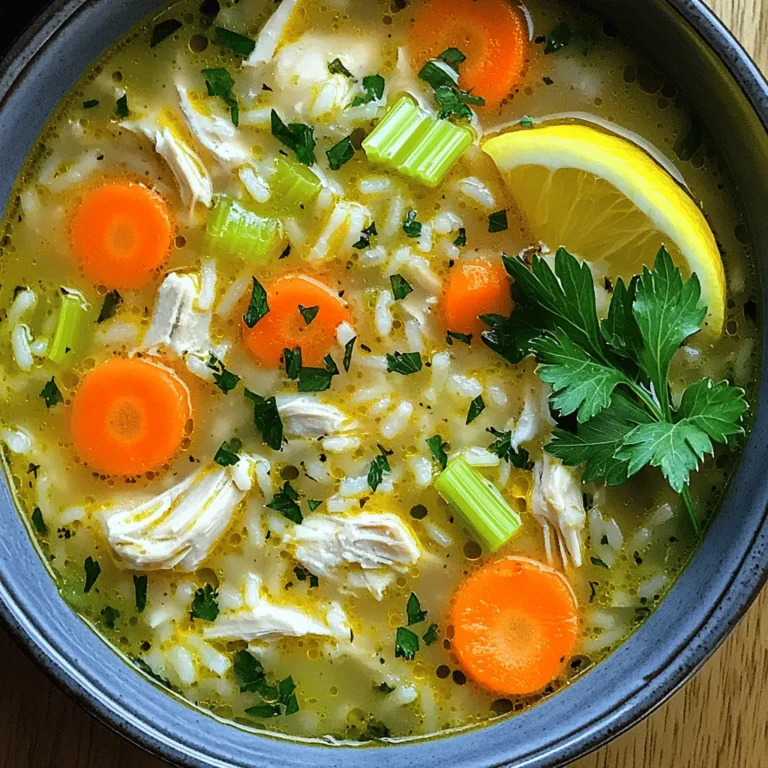 To make cozy chicken and rice soup, gather these tasty ingredients: - 1 pound boneless, skinless chicken thighs, diced into bite-sized pieces - 1 cup long-grain rice, thoroughly rinsed under cold water - 1 medium onion, finely chopped - 2 cloves garlic, minced or pressed - 3 medium carrots, peeled and sliced into thin rounds - 2 celery stalks, sliced into half-moons - 6 cups low-sodium chicken broth for rich flavor - 1 teaspoon dried thyme for aroma - 1 teaspoon dried oregano for earthiness - 1 bay leaf for depth - 2 tablespoons olive oil to sauté - Salt and freshly ground black pepper to taste - Fresh parsley, finely chopped (for a vibrant garnish) - Juice of 1 fresh lemon (to brighten the flavors) Using fresh ingredients makes a big difference. Here are some tips: - Choose chicken thighs that are firm and pink. They give the soup a rich taste. - Use long-grain rice for a fluffy texture. Avoid sticky rice. - Fresh herbs like thyme and oregano add more flavor than dried ones. If you can, use them! - Look for low-sodium chicken broth. It helps control the salt in your soup. If you have allergies, you can still enjoy this soup. Here are some swaps: - Use turkey instead of chicken for a lean option. - If you are gluten-free, choose rice instead of pasta. Make sure to check broth labels for gluten. - For a dairy-free option, skip cream and butter. The soup tastes great without them! - If you can’t have onions or garlic, try using leeks or shallots for a milder flavor. Feel free to explore and adapt the recipe using the full recipe as your guide. To make Cozy Chicken & Rice Soup, you need to follow a few simple steps. First, warm two tablespoons of olive oil in a large pot over medium heat. Next, add one pound of diced chicken thighs. Season the chicken with salt and pepper. Cook it for about 5 to 7 minutes until it turns golden brown. Once done, take the chicken out and set it aside. Now, in the same pot, add one finely chopped onion, three sliced carrots, and two sliced celery stalks. Sauté these veggies for about 5 minutes until they soften. After that, add two minced garlic cloves and cook for another 1 to 2 minutes until they smell great. Then, add one cup of rinsed long-grain rice to the pot, followed by six cups of low-sodium chicken broth. Sprinkle in one teaspoon each of dried thyme and oregano, along with one bay leaf. Stir everything well. Next, return the browned chicken to the pot. Bring the mix to a gentle boil, then lower the heat. Cover the pot and let it simmer for 20 to 25 minutes. This allows the rice to cook fully and absorb the flavors. Once it's cooked, take out the bay leaf. Stir in the juice of one fresh lemon to brighten the taste. The total cooking time for this soup is about 45 minutes. You should cook the chicken for 5 to 7 minutes initially. After sautéing the veggies, the soup needs to simmer for about 20 to 25 minutes. Keeping the heat low during simmering helps the rice cook evenly. Following the right order in cooking is crucial. Sautéing the chicken first gives it flavor. Next, the veggies add depth to the soup. Adding the rice and broth later allows the rice to soak up all the flavors. This order ensures that each ingredient shines while creating a warm and cozy soup. If you change the order, you might miss out on some tasty notes. The Full Recipe gives you all the details to follow! To boost flavors in your Cozy Chicken & Rice Soup, think about adding herbs. Fresh herbs like thyme or parsley can lift the taste. A splash of lemon juice brightens the dish too. For warmth, try adding a pinch of cayenne pepper. It gives a gentle kick without overpowering the soup. Also, to deepen the flavor, sauté your chicken until golden brown. This browning creates a rich base for your soup. One common mistake is not rinsing the rice. Rinsing removes extra starch and keeps your soup from getting too thick. Another mistake is adding too much salt too early. Always taste and adjust the seasoning at the end. Overcooking the chicken can make it tough. Cook until just done, then remove it before adding other ingredients. Lastly, don’t skip the bay leaf. It adds depth to the flavor but remember to take it out before you serve. Serve your soup hot in a large bowl. Add a sprig of fresh parsley on top for color. A slice of lemon on the side gives a refreshing touch. Pair it with crusty bread for a complete meal. This soup works well as a starter for a cozy dinner. You can also enjoy it as a hearty lunch. For a special twist, sprinkle some grated cheese on top before serving. For the full recipe, check out my Cozy Chicken & Rice Soup details. {{image_4}} You can boost the health of your soup by adding more veggies. Try green beans, peas, or corn. These veggies add color and crunch. You can also include leafy greens like spinach or kale. Just stir them in during the last five minutes of cooking. This way, they stay vibrant and fresh. More vegetables mean more vitamins, making your meal even better! If you want to change the rice, you have good options. Quinoa is a great swap. It cooks quickly and adds protein. Or try farro for a nutty taste. You can even use cauliflower rice for a low-carb choice. Just adjust the cooking time based on what grain you pick. Each option gives a new twist to your Cozy Chicken & Rice Soup. Want an easy clean-up? Make this a true one-pot meal. Cook everything in the same pot. Just add your chicken, veggies, and broth before the rice. This method saves time and keeps all the flavors together. You can enjoy your soup without worrying about washing many dishes. It’s a win-win for a cozy night in. For more detailed cooking steps, check the Full Recipe. After enjoying your cozy chicken and rice soup, store any leftovers in a few simple steps. First, let the soup cool down to room temperature. Then, pour it into an airtight container. This helps keep the flavors fresh. Label the container with the date. You can store it in the fridge for up to three days. If you want to save some for later, freezing is a great option. Use freezer-safe containers or heavy-duty freezer bags. Make sure to leave some space at the top of the container, as the soup will expand when frozen. You can safely freeze the soup for up to three months. When you're ready to enjoy it, just take it out and thaw it in the fridge overnight. Reheating your soup is easy. If you stored it in the fridge, you can reheat it on the stove. Pour the soup into a pot and heat over medium-low heat. Stir often until it's hot. If you froze it, first thaw it in the fridge. Then, follow the same stovetop method. You can also use a microwave if you're in a hurry. Just heat it in short bursts, stirring in between, until warm. Enjoy your comforting meal again! To make Cozy Chicken & Rice Soup gluten-free, use gluten-free chicken broth. Most brands have options that are safe. You can also check the labels to confirm. The rice you use is naturally gluten-free. Stick to the long-grain rice from the recipe. This way, you enjoy a comforting bowl without worry. Yes, you can use leftover chicken. Just shred or chop it into bite-sized pieces. Add it to the pot when you would normally return the chicken. This saves time and cuts down on waste. The flavors will blend well, making it just as tasty. The best rice for this soup is long-grain rice. It cooks well and stays fluffy. You can also use jasmine or basmati rice for a fragrant twist. Just remember to rinse it under cold water first. This removes excess starch and helps prevent clumping. This blog post covered the main ingredients needed for Cozy Chicken & Rice Soup. You learned quality tips, how to pick substitutes for allergens, and the cooking steps. We discussed how to avoid common mistakes and enhance the soup’s flavor. There are many ways to adapt this dish, and I provided storage tips for leftovers. Remember, making adjustments to fit your needs is great. Now, you can enjoy a warm bowl of this soup any time!