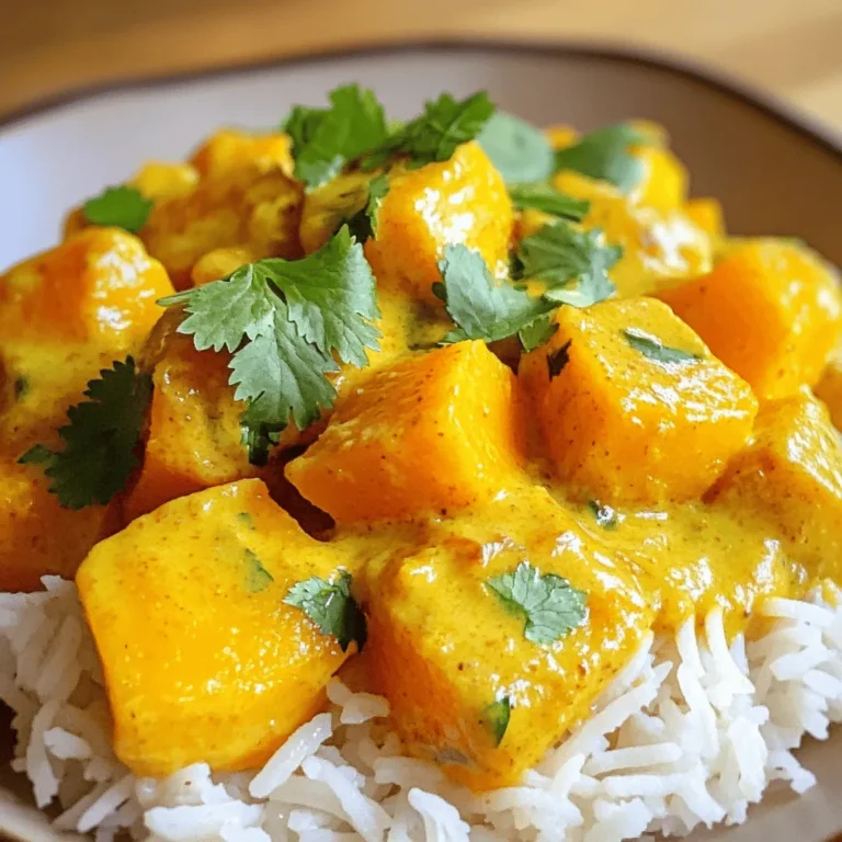- 1 medium butternut squash, peeled and diced into bite-sized cubes - 1 can (400 ml) coconut milk - 2 tablespoons red curry paste - 1 medium onion, finely chopped - 3 cloves garlic, minced - 1 tablespoon fresh ginger, grated - 1 tablespoon olive oil - 2 cups vegetable broth or water - 1 tablespoon soy sauce - 1 tablespoon brown sugar (adjust to taste) - Salt, to taste - Fresh cilantro leaves, for garnish - Cooked jasmine rice or quinoa, for serving For those with special diets, you can use: - Thai green curry paste instead of red for less spice. - Coconut cream for a richer flavor. - Tamari instead of soy sauce for gluten-free needs. Choosing the best butternut squash is key. Look for squash that feels heavy for its size. The skin should be smooth and dull, not shiny. Avoid any with soft spots or blemishes. For coconut milk, I recommend using brands like Aroy-D or Thai Kitchen. These brands have creamy texture and rich flavor. Check if they use natural ingredients without additives. You will need some essential tools to prepare this dish: - A sharp knife for cutting the squash. - A cutting board to protect your counters. - A large pot for sautéing and simmering. - A wooden spoon or spatula for stirring. For cookware, I suggest using a heavy-bottomed pot. This helps heat evenly and prevents burning. A lid is also important to cover the pot while simmering. Start by peeling the butternut squash. Use a vegetable peeler for this task. Cut the squash in half and scoop out the seeds. Dice the squash into bite-sized cubes. Aim for uniform pieces to ensure even cooking. Next, chop the onion finely. This helps it cook faster. Heat olive oil in a large pot over medium heat. Add the chopped onion and sauté it for about five minutes. You want the onion to become soft and translucent. Now, add minced garlic and grated ginger. Cook them for one minute. This will release their strong flavors and aromas. Add the diced butternut squash to the pot. Stir it well with the onion mix. Sauté for five minutes until the squash starts to soften. Now, it's time to add the red curry paste. Stir it in until the squash is well coated. This will give the dish a vibrant flavor. Pour in the vegetable broth and coconut milk. Mix everything together. Raise the heat and bring it to a gentle simmer. Next, add soy sauce and brown sugar. Stir until the sugar dissolves. Cover the pot and let it simmer for about 20 to 25 minutes. The squash should be tender when you pierce it with a fork. For a creamy texture, remove the pot from heat. Allow it to cool for a few minutes. Then, use an immersion blender to puree the curry until smooth. You can also leave it chunky if you prefer. Serve the coconut curry butternut squash over cooked jasmine rice or quinoa. This adds a nice base to the dish. For a creative touch, use deep bowls. Drizzle a bit of extra coconut milk on top before garnishing. Finish with fresh cilantro leaves for color and freshness. Enjoy this comforting dish! To adjust the seasoning of your coconut curry butternut squash, start with the basics. Taste as you cook. If you want more salt, add it slowly. For sweetness, add more brown sugar. Remember, every palate is different. You can also try adding a squeeze of lime for a fresh twist. For the squash, achieving the right texture is key. You want it to be tender but not mushy. Cut the squash into even cubes. This helps it cook evenly. Sautéing for about five minutes will give it a nice start. Then simmer until it's soft enough to pierce with a fork. Keep your prep time short with a few smart tricks. Use pre-cut butternut squash if you’re in a hurry. This saves time on peeling and dicing. Also, chop your onion and garlic while the oil heats. This way, your pot is ready when you are. Meal prepping this dish is easy. Make a big batch and store it in containers. It stays fresh for a few days. You can enjoy it for lunch or dinner throughout the week. Just warm it up when you're ready to eat. Leftover curry can shine in new ways. You can use it in wraps or on baked potatoes. It also works well in soups or stews. Just mix it with some broth for a delicious meal. When reheating, avoid the microwave if possible. Use a pot on low heat instead. This keeps the flavors intact. Stir often to make sure it warms evenly. Enjoy your tasty leftovers without losing that cozy flavor! {{image_4}} This dish is easy to adapt for different diets. To make it vegan, use vegetable broth and ensure your red curry paste is free of fish sauce. For gluten-free needs, simply choose a gluten-free soy sauce or tamari. If you want to add protein, consider these options: - Chickpeas: They add a creamy texture. - Tofu: Firm tofu works well when cubed and sautéed. - Lentils: Cooked lentils blend nicely into the flavors. You can change the spice level to fit your taste. For a milder curry, reduce the red curry paste. Add more coconut milk for creaminess. If you like heat, sprinkle in some chili flakes or fresh chili peppers. Adding extra veggies boosts nutrition. Try: - Spinach: Stir it in during the last few minutes. - Bell Peppers: These add crunch and color. - Carrots: They add sweetness and texture. Curry comes in many styles from around the world. You can explore these variations: - Thai Curry: Use different curry pastes like green or yellow. - Indian Curry: Try adding garam masala or turmeric. For regional spices, consider: - Cumin: It adds warmth and depth. - Coriander: It gives a fresh note. - Cardamom: A pinch can add a lovely aroma. To keep your coconut curry butternut squash fresh, store it in the fridge. Place the curry in an airtight container. This helps to keep the flavors intact. It will stay good for about 3-5 days. If you want to store it longer, freezing is a great option. Just pour the curry into a freezer-safe container. Leave some space at the top for expansion. Label it with the date, and it will last up to 3 months. Leftover butternut squash is versatile. You can mash it for a side dish or add it to soups. Coconut milk can be used in smoothies or baking. When storing, use glass containers. They keep food fresh and are easy to clean. Make sure the containers are airtight to avoid any spills. In the fridge, your coconut curry butternut squash will last about 3-5 days. After that, it’s best to check for spoilage. Signs of spoilage include a sour smell or mold. If you see any of these, it’s time to toss it out. Always trust your senses when it comes to food safety. What can I substitute for red curry paste? You can use green curry paste or yellow curry paste. Each brings a different flavor but works well. You can also create a blend of spices like cumin, coriander, and turmeric for a homemade option. How spicy is coconut curry butternut squash? The dish has mild to moderate heat due to the red curry paste. If you want it spicier, add more paste or chili flakes. If you prefer less heat, start with a small amount of red curry paste. Can I make this dish in advance? Yes, you can prepare it a day ahead. Store it in an airtight container in the fridge. Just reheat it on the stove when you are ready to serve. How do I know when the butternut squash is cooked? The squash is cooked when it is tender and easily pierced with a fork. It should be soft but not mushy. Is this recipe gluten-free? Yes, this recipe is gluten-free. Use gluten-free soy sauce if needed. Can I use fresh coconut instead of canned coconut milk? Yes, you can use fresh coconut. Blend the coconut meat with water and strain it to get coconut milk. It adds a fresh flavor to the dish. Coconut Curry Butternut Squash is simple to make and full of flavor. We covered key ingredients, tips for picking squash, and the best tools for cooking. I shared step-by-step instructions and how to serve it. Don’t forget the quick cooking hacks to save time. Experiment with variations to fit your diet and taste. Store leftovers wisely to enjoy later. Remember, cooking is about creativity. Enjoy making this delicious dish your own!