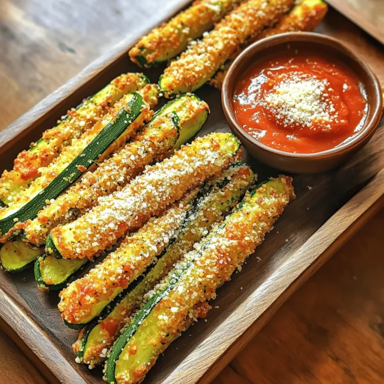 To make delicious Parmesan crusted zucchini fries, you need a few key items: - 2 medium zucchinis - 1 cup panko breadcrumbs - 1/2 cup freshly grated Parmesan cheese - 1 teaspoon garlic powder - 1 teaspoon onion powder - 1 teaspoon dried oregano - Sea salt and black pepper to taste - 2 large eggs - 1 tablespoon Dijon mustard - Olive oil spray These ingredients come together to create a crispy and savory experience. The panko breadcrumbs add that irresistible crunch, while the Parmesan gives a rich flavor. Want to switch things up? You can try these alternate ingredients: - Swap zucchini for eggplant or sweet potatoes for a different taste and texture. - Use seasoned breadcrumbs for extra flavor. - Try different cheeses, like cheddar or mozzarella, for a fun twist. These changes can add a new layer to your dish while keeping it tasty. Choosing the right zucchini is key to great fries. Here’s how to pick them: - Look for firm zucchinis with smooth skin. Avoid any that have soft spots or blemishes. - Choose medium-sized zucchinis. They tend to have better flavor and texture than larger ones. - Check for a vibrant green color. This indicates freshness and quality. Fresh zucchinis will give your fries the best taste and crunch. Enjoy your cooking! Start with fresh zucchinis. Rinse them under cool water and dry them off. Trim both ends to remove any tough bits. Next, slice the zucchinis into fry-shaped pieces. Aim for about 1/2 inch thick. This size helps them cook evenly and get crispy. In one bowl, mix panko breadcrumbs, grated Parmesan cheese, garlic powder, onion powder, oregano, salt, and pepper. Stir until all the dry ingredients blend well. In another bowl, whisk the eggs and Dijon mustard together until smooth. This mixture will help the coating stick to the zucchini. Take each zucchini fry. First, dip it into the egg mixture. Let any extra drip off. Then, roll it in the breadcrumb mix. Press down gently to coat it well. This step is key for that crunchy texture. Preheat your oven to 425°F (220°C). Line a baking sheet with parchment paper to make cleanup easy. Place the coated zucchini fries on the sheet in a single layer. Leave space between each fry so they can crisp up nicely. Give the tops a light spray of olive oil. This helps them brown well. Bake them for 20 to 25 minutes. Halfway through, flip the fries. This ensures they cook evenly. When they turn golden brown, they are done. Let them cool for a few minutes before you dig in! Enjoy the crispy, cheesy goodness! Panko breadcrumbs are key for a great crunch. They are lighter and flakier than regular bread crumbs. This helps create that crispy bite we all want. When mixing panko with Parmesan, it gives a nice flavor boost. Make sure to coat the zucchini fries well. Press them gently into the mixture. This helps the coating stick better when baking. Adding herbs and spices makes your fries pop with flavor. I like using garlic powder and onion powder. These give a nice savory taste. Dried oregano adds an earthy note, too. Feel free to get creative! You could add paprika for a smoky touch or even a pinch of cayenne for heat. The right seasonings can turn a simple dish into something special. No one likes soggy fries. To keep them crisp, start by slicing your zucchini evenly. This ensures they cook at the same time. Make sure to dry the zucchini slices well before coating. Removing moisture is key. Also, use parchment paper on your baking sheet. This keeps the fries from sticking, promoting even browning. Lastly, don’t overcrowd the fries on the sheet. A little space allows hot air to circulate, keeping them crispy. {{image_4}} To spice things up, add cayenne pepper or crushed red pepper to the breadcrumb mix. Start with a half teaspoon and adjust to your heat preference. The added spice gives the fries an exciting kick. Pair these spicy fries with a cool dipping sauce like ranch or yogurt to balance the heat. If you need a gluten-free version, swap panko for almond flour. Almond flour gives a nice nutty flavor and a crunchy texture. Just combine it with Parmesan, garlic powder, and spices. You may need to adjust the baking time, so keep an eye on those fries! Experiment with different cheeses for a unique taste. Try mixing mozzarella for meltiness or cheddar for a sharp flavor. You can also sprinkle feta on top before baking for a Mediterranean twist. Each cheese brings its own flair, making your zucchini fries even more delicious. To store leftover zucchini fries, first let them cool completely. Place them in an airtight container. This keeps them fresh and helps avoid moisture. You can store them in the fridge for up to three days. If you want to enjoy them later, freezing is a great option too. To reheat your zucchini fries and keep them crispy, use an oven or an air fryer. Preheat the oven to 400°F (200°C). Place the fries on a baking sheet and heat for about 10 minutes. If using an air fryer, set it to 375°F (190°C) for about 5 minutes. Avoid using the microwave, as it can make them soggy. You can freeze zucchini fries for later. After baking, let them cool completely. Arrange them in a single layer on a baking sheet and freeze for about an hour. Once frozen, transfer them to a freezer bag. This way, you can grab a portion whenever you want a tasty snack. Enjoy them straight from the freezer or bake them from frozen. Just add a few extra minutes to the cooking time. Yes, you can use other veggies like eggplant, carrots, or sweet potatoes. Cut them into fry shapes, just like the zucchini. Keep in mind that cooking times may vary. Thin vegetables will cook faster, while thicker ones may need more time in the oven. Experiment with your favorites for a tasty twist! To make this recipe vegan, swap the eggs for a mixture of ground flaxseed and water. Mix 1 tablespoon of ground flaxseed with 2.5 tablespoons of water. Let it sit for a few minutes until it thickens. Use this as your binding agent. Ensure the Parmesan cheese is dairy-free, or replace it with nutritional yeast for a cheesy flavor. Zucchini fries taste great with many dipping sauces. Some popular choices are marinara sauce, garlic aioli, or ranch dressing. For a spicy kick, try sriracha mayo or a zesty yogurt dip. Feel free to mix and match to find your perfect pairing! Zucchini fries are a tasty and healthy snack. In this post, we covered essential ingredients, including tips for selecting fresh zucchini. You learned a step-by-step process to prepare, bread, and bake them for a crunchy bite. We explored unique variations and discussed storage and reheating methods. Stick to these tips, and enjoy making your crisp zucchini fries. New flavors await with each variation. Have fun creating your perfect batch!