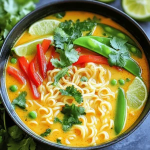 - 200g rice noodles - 1 tablespoon vegetable oil - 1 medium onion, finely chopped - 3 cloves garlic, minced - 1 tablespoon fresh ginger, grated - 2 tablespoons red curry paste - 1 can (400ml) coconut milk - 2 cups vegetable broth - 1 tablespoon soy sauce - 1 teaspoon brown sugar - 1 red bell pepper, thinly sliced - 1 cup snow peas, trimmed - 1 cup baby spinach leaves - Fresh cilantro leaves for garnish - Lime wedges for serving - Rice Noodles: They form the base of the soup. Choose thin rice noodles for a quick cook. - Vegetables: Onion gives sweetness. Red bell pepper adds crunch. Snow peas bring freshness. Baby spinach wilts beautifully in the broth. - Aromatics: Garlic and ginger add depth. They create a fragrant base for your soup. - Liquids: Coconut milk makes the soup creamy. Vegetable broth adds flavor and volume. Soy sauce gives it umami. - Flavor Enhancers: Red curry paste is the star. It gives the soup its warm, spicy kick. Brown sugar balances the heat with a touch of sweetness. The blend of these ingredients creates a balanced and vibrant soup. Each step builds flavor, making every bite a delight. Start by cooking the rice noodles. Follow the package instructions for timing. You want them soft but not mushy. Once they are done, drain them well. Set the noodles aside on a plate. This keeps them ready for the soup. In a large pot, heat the vegetable oil over medium heat. Add the finely chopped onion. Sauté for about 3-4 minutes until the onion is soft and clear. Next, add the minced garlic and grated ginger. Cook for one more minute. You will smell their great aroma! Then, add the red curry paste. Mix it well with the onion, garlic, and ginger. Cook for about 2 minutes to blend the flavors. Now, pour in the coconut milk and vegetable broth. Stir well so the curry paste mixes in. Add the soy sauce and brown sugar. Bring the soup to a gentle simmer. Once it simmers, toss in the sliced red bell pepper and snow peas. Cook for about 5 minutes. They should be tender but still crisp. Finally, add the baby spinach leaves. Stir them in and watch them wilt into the soup. To serve, place a portion of noodles in each bowl. Ladle the hot curry soup over the noodles. Garnish with fresh cilantro leaves on top. Don’t forget lime wedges on the side! They add a fresh burst of flavor. For extra heat, sprinkle sliced red chili on top. Enjoy your comforting bowl of Thai red curry noodle soup! To boost the flavor of your Thai red curry noodle soup, try these tips: - Use fresh herbs like basil or mint for a bright touch. - Add a dash of fish sauce for a deeper umami flavor. - Toss in some sliced red chilies for heat. - Top with toasted sesame seeds for crunch. - A spritz of fresh lime juice brightens the dish. These small additions can take your soup from good to great. Avoid these common pitfalls: - Don’t overcook the vegetables; they should stay crisp. - Watch the heat; simmer gently to avoid a burnt taste. - Use the right amount of curry paste; too much can overpower. - Don’t skip the lime; it adds essential brightness. - Make sure to drain the noodles well so they don’t become soggy. These mistakes can affect the overall taste and texture of your soup. Here are some tools that will make cooking easier: - Large pot for simmering the soup. - Wooden spoon for stirring; it won’t scratch your pot. - Sharp knife for chopping vegetables. - Cutting board for safe and easy prep. - Ladle for serving; it helps portion the soup. Having the right tools makes the process smooth and fun. {{image_4}} You can make this soup vegetarian or vegan easily. Start by using vegetable broth. The coconut milk adds creaminess without dairy. You can add more veggies like carrots or mushrooms. Tofu is a great protein in this dish. Just cut it into cubes and add it when you stir in the spinach. This way, you keep the flavor and texture rich. For meat lovers, chicken or shrimp work well. If you choose chicken, use boneless pieces cut into small bits. Cook it in the pot before adding the curry paste. For shrimp, add it later with the bell pepper. It cooks quickly and stays tender. Tofu is a fantastic choice too. You can pan-fry it first for more flavor and then mix it in. If you like heat, add more red curry paste. You can also slice fresh red chili peppers and top your soup with them. Another option is to use chili oil. Just a little drizzle can amp up the spice. Always taste as you go, so you find the right heat level for you. Store your Thai red curry noodle soup in an airtight container. It keeps well in the fridge for up to three days. Ensure it cools to room temperature before sealing. This helps prevent condensation and keeps it fresh. When you're ready to eat, just give it a quick stir to mix the flavors again. If you want to keep it longer, you can freeze the soup. Use a freezer-safe container, leaving some space at the top. The soup can last in the freezer for up to three months. When you're ready to enjoy it, move the container to the fridge for a day to thaw. This helps maintain the taste and texture. To reheat, pour the soup into a pot. Heat it over medium-low heat, stirring often. This helps it warm evenly without burning. You can also use the microwave. Place the soup in a microwave-safe bowl, cover it loosely, and heat for about two to three minutes. Stir halfway through to ensure it heats evenly. Enjoy your cozy bowl of soup! To spice up your Thai red curry noodle soup, add sliced red chili. You can use fresh or dried chili, based on your heat level. Another option is to add more red curry paste. Start with a small amount, then taste and adjust. Remember, spice builds over time, so go slow! Yes! While I love using rice noodles, you can try other types. Udon or egg noodles work well too. Just remember to adjust the cooking time based on the noodle type. If you use wheat noodles, they may need more time to cook. If you need a substitute for coconut milk, try almond milk or cashew cream. Both have a creamy texture, but they taste different. You can also mix soy milk with a bit of oil for creaminess. This will change the flavor, so choose what fits your taste best. You can store your Thai red curry noodle soup in the fridge for 3-4 days. Make sure to keep it in an airtight container. If you want to save it longer, freeze it for up to two months. Just remember to thaw it in the fridge before reheating. In this blog post, we explored how to make delicious Thai Red Curry Noodle Soup. We examined key ingredients, detailed step-by-step instructions, and shared useful tips and variations. You learned how to enhance flavor and avoid common mistakes. This soup is easy to customize, making it perfect for any taste. Whether you prefer vegetables, chicken, or tofu, there is an option for you. With proper storage tips, leftovers can taste just as great. Now, grab your kitchen tools and start cooking!