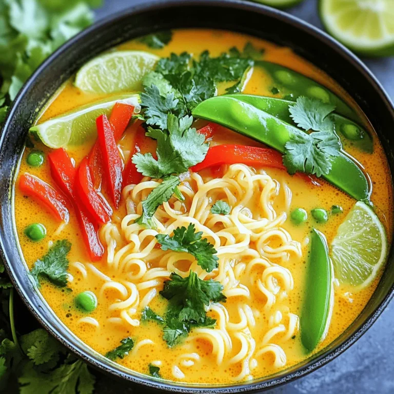 - 200g rice noodles - 1 tablespoon vegetable oil - 1 medium onion, finely chopped - 3 cloves garlic, minced - 1 tablespoon fresh ginger, grated - 2 tablespoons red curry paste - 1 can (400ml) coconut milk - 2 cups vegetable broth - 1 tablespoon soy sauce - 1 teaspoon brown sugar - 1 red bell pepper, thinly sliced - 1 cup snow peas, trimmed - 1 cup baby spinach leaves - Fresh cilantro leaves for garnish - Lime wedges for serving - Rice Noodles: They form the base of the soup. Choose thin rice noodles for a quick cook. - Vegetables: Onion gives sweetness. Red bell pepper adds crunch. Snow peas bring freshness. Baby spinach wilts beautifully in the broth. - Aromatics: Garlic and ginger add depth. They create a fragrant base for your soup. - Liquids: Coconut milk makes the soup creamy. Vegetable broth adds flavor and volume. Soy sauce gives it umami. - Flavor Enhancers: Red curry paste is the star. It gives the soup its warm, spicy kick. Brown sugar balances the heat with a touch of sweetness. The blend of these ingredients creates a balanced and vibrant soup. Each step builds flavor, making every bite a delight. Start by cooking the rice noodles. Follow the package instructions for timing. You want them soft but not mushy. Once they are done, drain them well. Set the noodles aside on a plate. This keeps them ready for the soup. In a large pot, heat the vegetable oil over medium heat. Add the finely chopped onion. Sauté for about 3-4 minutes until the onion is soft and clear. Next, add the minced garlic and grated ginger. Cook for one more minute. You will smell their great aroma! Then, add the red curry paste. Mix it well with the onion, garlic, and ginger. Cook for about 2 minutes to blend the flavors. Now, pour in the coconut milk and vegetable broth. Stir well so the curry paste mixes in. Add the soy sauce and brown sugar. Bring the soup to a gentle simmer. Once it simmers, toss in the sliced red bell pepper and snow peas. Cook for about 5 minutes. They should be tender but still crisp. Finally, add the baby spinach leaves. Stir them in and watch them wilt into the soup. To serve, place a portion of noodles in each bowl. Ladle the hot curry soup over the noodles. Garnish with fresh cilantro leaves on top. Don’t forget lime wedges on the side! They add a fresh burst of flavor. For extra heat, sprinkle sliced red chili on top. Enjoy your comforting bowl of Thai red curry noodle soup! To boost the flavor of your Thai red curry noodle soup, try these tips: - Use fresh herbs like basil or mint for a bright touch. - Add a dash of fish sauce for a deeper umami flavor. - Toss in some sliced red chilies for heat. - Top with toasted sesame seeds for crunch. - A spritz of fresh lime juice brightens the dish. These small additions can take your soup from good to great. Avoid these common pitfalls: - Don’t overcook the vegetables; they should stay crisp. - Watch the heat; simmer gently to avoid a burnt taste. - Use the right amount of curry paste; too much can overpower. - Don’t skip the lime; it adds essential brightness. - Make sure to drain the noodles well so they don’t become soggy. These mistakes can affect the overall taste and texture of your soup. Here are some tools that will make cooking easier: - Large pot for simmering the soup. - Wooden spoon for stirring; it won’t scratch your pot. - Sharp knife for chopping vegetables. - Cutting board for safe and easy prep. - Ladle for serving; it helps portion the soup. Having the right tools makes the process smooth and fun. {{image_4}} You can make this soup vegetarian or vegan easily. Start by using vegetable broth. The coconut milk adds creaminess without dairy. You can add more veggies like carrots or mushrooms. Tofu is a great protein in this dish. Just cut it into cubes and add it when you stir in the spinach. This way, you keep the flavor and texture rich. For meat lovers, chicken or shrimp work well. If you choose chicken, use boneless pieces cut into small bits. Cook it in the pot before adding the curry paste. For shrimp, add it later with the bell pepper. It cooks quickly and stays tender. Tofu is a fantastic choice too. You can pan-fry it first for more flavor and then mix it in. If you like heat, add more red curry paste. You can also slice fresh red chili peppers and top your soup with them. Another option is to use chili oil. Just a little drizzle can amp up the spice. Always taste as you go, so you find the right heat level for you. Store your Thai red curry noodle soup in an airtight container. It keeps well in the fridge for up to three days. Ensure it cools to room temperature before sealing. This helps prevent condensation and keeps it fresh. When you're ready to eat, just give it a quick stir to mix the flavors again. If you want to keep it longer, you can freeze the soup. Use a freezer-safe container, leaving some space at the top. The soup can last in the freezer for up to three months. When you're ready to enjoy it, move the container to the fridge for a day to thaw. This helps maintain the taste and texture. To reheat, pour the soup into a pot. Heat it over medium-low heat, stirring often. This helps it warm evenly without burning. You can also use the microwave. Place the soup in a microwave-safe bowl, cover it loosely, and heat for about two to three minutes. Stir halfway through to ensure it heats evenly. Enjoy your cozy bowl of soup! To spice up your Thai red curry noodle soup, add sliced red chili. You can use fresh or dried chili, based on your heat level. Another option is to add more red curry paste. Start with a small amount, then taste and adjust. Remember, spice builds over time, so go slow! Yes! While I love using rice noodles, you can try other types. Udon or egg noodles work well too. Just remember to adjust the cooking time based on the noodle type. If you use wheat noodles, they may need more time to cook. If you need a substitute for coconut milk, try almond milk or cashew cream. Both have a creamy texture, but they taste different. You can also mix soy milk with a bit of oil for creaminess. This will change the flavor, so choose what fits your taste best. You can store your Thai red curry noodle soup in the fridge for 3-4 days. Make sure to keep it in an airtight container. If you want to save it longer, freeze it for up to two months. Just remember to thaw it in the fridge before reheating. In this blog post, we explored how to make delicious Thai Red Curry Noodle Soup. We examined key ingredients, detailed step-by-step instructions, and shared useful tips and variations. You learned how to enhance flavor and avoid common mistakes. This soup is easy to customize, making it perfect for any taste. Whether you prefer vegetables, chicken, or tofu, there is an option for you. With proper storage tips, leftovers can taste just as great. Now, grab your kitchen tools and start cooking!