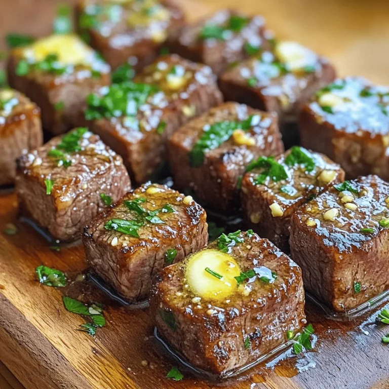 - 1.5 lbs sirloin steak, cut into 1-inch cubes - 4 tablespoons unsalted butter - 4 cloves garlic, minced - 1 teaspoon fresh thyme (or ½ teaspoon dried thyme) - Salt and pepper - 2 tablespoons olive oil - Fresh parsley, finely chopped (for garnish) This recipe serves four. The prep time is 10 minutes, and the total cook time is about 20 minutes. You will have a tasty dish ready in no time! Each ingredient plays an important role in making these steak bites flavorful. Sirloin steak is tender and juicy, while the butter adds richness. Garlic brings a strong aroma, and thyme gives a hint of earthiness. The salt and pepper are vital for enhancing the steak's natural flavor. The olive oil helps to sear the meat perfectly, and fresh parsley adds a bright touch when you serve. Make sure to gather everything before you start cooking. This way, your kitchen stays organized, and you can focus on making the dish delicious! First, you need to season the sirloin steak cubes. Use salt and pepper to coat each piece well. This step ensures that every bite has great flavor. A good, even coating is key to achieving a tasty result. If the salt and pepper are uneven, some pieces may taste bland. So, take your time to season them thoroughly. Next, heat a large skillet over medium-high heat. Add two tablespoons of olive oil once the skillet is hot. When the oil shimmers, it's time to add the steak bites. Lay them in a single layer. This helps them sear properly. Do not overcrowd the skillet, as this can lead to steaming instead of searing. Cook each side for 2-3 minutes until you see a nice brown crust. If you have too many steak bites, cook them in batches. This keeps the heat high for better searing. Once your steak bites are done, take them out of the skillet and set them aside. Lower the heat to medium. Add four tablespoons of unsalted butter to the skillet and let it melt. After the butter melts, add four cloves of minced garlic and one teaspoon of fresh thyme. Stir this mix for about one minute. You want it to smell great but not burn. Now, return the steak bites to the skillet. Toss them in the garlic butter so they soak up all that flavor. If you like medium-rare steak, cook for another 1-2 minutes. Adjust the time if you want your steak more done. Finally, remove the skillet from heat and sprinkle fresh parsley on top. This adds color and freshness to your dish. To get the best flavor, cook your steak in batches. This keeps the heat high. If you overcrowd the pan, the steak will steam instead of sear. Aim to cook the steak for 2-3 minutes per side. A nice brown crust means you did it right! To check if your steak is done, look for a few signs. For rare, the center should be cool and red. For medium-rare, it should be warm and pink. Cooked steak should feel firm but still have some give. Want to add more flavor? Try herbs like rosemary or oregano. You can also add a pinch of smoked paprika for a savory twist. Different cuts of steak can work too! Ribeye or filet mignon can add richness. How you serve your steak bites matters. Use a rustic wooden board or a cast-iron skillet for a fun touch. Add toothpicks for easy eating. For a visual pop, drizzle some melted garlic butter on top before serving. This gives a rich look and great flavor! {{image_4}} You can change this recipe by using chicken or shrimp. Just cut the chicken into bite-sized pieces, similar to the steak. For shrimp, use large, peeled shrimp. Cook them until they turn pink, which takes about 2-3 minutes. The garlic butter sauce will work great with these proteins too. You can also use pork or beef tenderloin for a different taste. Just remember to adjust the cooking time as needed. If you need a gluten-free option, this recipe is already safe! All the ingredients are gluten-free. For a dairy-free version, you can swap the butter with olive oil or a plant-based butter. This change keeps the flavor while making it suitable for those avoiding dairy. Want some heat? Add red pepper flakes for a spicy kick. You can also mix in fresh herbs like basil or cilantro for a new taste. For added nutrition, toss in some veggies like bell peppers or broccoli. Cook them with the steak for a complete meal. This way, you get a colorful dish that is both tasty and healthy. To keep your garlic butter steak bites fresh, use airtight containers. Glass or plastic containers work well. Place the steak bites inside and seal them tightly. Store them in the fridge. They will stay good for up to three days. Make sure to cool them down before sealing. This helps avoid moisture build-up. When it’s time to eat the leftovers, you want them to taste great. The best way to reheat steak bites is in a skillet. Heat the skillet over medium heat. Add a little butter or oil for flavor. Cook the steak bites for about five minutes. Stir them often to keep them juicy. You can also use a microwave, but they might dry out. If you do, cover the dish with a wet paper towel. If you want to save some steak bites for later, freezing is a great choice. First, let them cool completely. Then, place them in freezer-safe bags. Remove as much air as possible. This will help prevent freezer burn. You can freeze them for up to three months. When you’re ready to eat, thaw them overnight in the fridge. Reheat them in a skillet for the best texture. Yes, you can use different cuts. - Ribeye: This cut is rich and tender. It adds great flavor. - Filet Mignon: This is lean and soft. It cooks quickly and tastes amazing. - Flank Steak: This cut is leaner and has a nice chew. Make sure to slice it thinly. - Skirt Steak: This cut is full of flavor and very juicy. It works well when cooked quickly. You can check the steak bites for doneness in a few easy ways. - Rare: The center stays red and feels soft. - Medium-rare: The center is pink and warm. It has some give. - Medium: The center is light pink and firm. - Well-done: The steak is brown throughout and feels very firm. Using a meat thermometer is also helpful. Aim for 130°F for medium-rare and 160°F for well-done. Yes, you can prepare some parts ahead. Here are some tips. - Season the steak cubes a few hours in advance. Let them sit in the fridge. - Cook the steak bites and let them cool. Store them in an airtight container. - Reheat them in a skillet with a little butter for best results. This way, your meal will be quick and easy! This blog post covered the essential ingredients and steps to make delicious steak bites. I shared tips for perfect searing, flavor enhancements, and variations for different diets. Storing and reheating methods ensure you can enjoy leftovers, too. Experiment with different proteins or spices to keep it fresh. Cooking should be fun and flexible. Use this guide to enjoy tasty meals that impress. Remember, practice makes perfect, so keep cooking and exploring. You’ll master steak bites in no time.