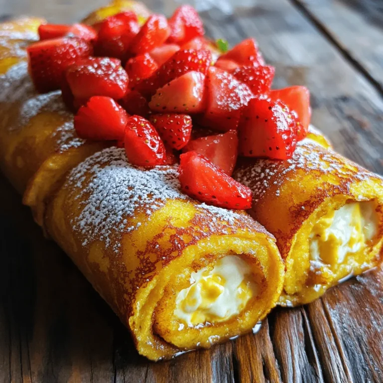 To make Strawberry Cheesecake French Toast Roll-Ups, gather these ingredients: - 8 slices of bread (white or whole wheat) - 1 cup fresh strawberries, hulled and finely diced - 1 cup cream cheese, softened - 1/4 cup powdered sugar (plus extra for serving) - 1 teaspoon pure vanilla extract - 2 large eggs - 1/4 cup milk of your choice - 1 teaspoon ground cinnamon - 1 tablespoon butter (for cooking) - Optional: extra powdered sugar and whole strawberries for garnish You can swap ingredients based on your taste or needs. For the bread, use gluten-free bread for a gluten-free option. If you want a lighter roll-up, consider low-fat cream cheese. You can replace fresh strawberries with other fruits like blueberries or raspberries for a different twist. If you need a dairy-free version, use almond milk and vegan cream cheese. To make these tasty roll-ups, you’ll need some basic kitchen tools: - A mixing bowl for the filling - A rolling pin to flatten the bread - A skillet for cooking the roll-ups - A spatula to mix and flip - Whisk for the egg mixture - A serving platter for presentation Having these items ready will make your cooking process smooth and fun. Enjoy creating this sweet breakfast treat! To start, we need to make the cheesecake filling. In a mixing bowl, combine: - 1 cup cream cheese (softened) - 1 cup fresh strawberries (hulled and finely diced) - 1/4 cup powdered sugar - 1 teaspoon pure vanilla extract Use a spatula to mix these ingredients until smooth. The cream cheese should be soft to make it easy to blend. Set this mixture aside so the flavors can mingle. This step is key for a rich taste. Next, grab your bread. You need 8 slices, either white or whole wheat. Use a rolling pin to flatten each slice. Aim for a uniform thickness so they roll easily. This helps prevent tearing. Once each slice is flat, it’s time to fill them. Take about 2 tablespoons of the cheesecake filling. Spoon it onto one edge of each slice. Carefully roll the bread around the filling, sealing the ends tightly. This keeps the filling from leaking out when you cook them. Now for the fun part—cooking! In a bowl, whisk together: - 2 large eggs - 1/4 cup milk (of your choice) - 1 teaspoon ground cinnamon This mixture will coat the roll-ups for a tasty finish. Preheat a skillet over medium heat, then add 1 tablespoon of butter. Let it melt. Dip each roll-up into the egg mixture, coating all sides gently. Place the roll-ups seam-side down in the hot skillet. Cook them for about 2-3 minutes on each side. They should turn golden brown and crispy. Adjust the heat if they start to burn. Once they are done, remove them and let them cool slightly. Dust with powdered sugar and garnish with fresh strawberries for a beautiful presentation! To get that perfect golden brown finish, heat your skillet to medium. Add butter and let it melt. This gives a nice crisp. Dip each roll-up in the egg mix for a quick coat. Don't soak them too long. Place them seam-side down in the pan. Cook for 2-3 minutes per side. Adjust the heat if they brown too fast. Keep an eye on them; they will be golden and crispy when done. Serve these roll-ups warm for the best taste. Dust with powdered sugar for sweetness. Add whole strawberries on top for a pop of color. You can also serve them with maple syrup or whipped cream. This adds a fun touch. Arrange them nicely on a platter for guests. A little garnish can make it look fancy. Avoid using bread that is too fresh. It may tear when rolling. Flat bread is best for easy rolling. Don’t overfill with the cheesecake mix. A little goes a long way. This keeps the roll from leaking. Also, make sure the skillet is hot enough. If it's too cool, the roll-ups won't crisp up. Lastly, watch your cooking time. Burning can happen quickly if you’re not careful. {{image_4}} You can change the taste of these roll-ups by using different fruits. Try raspberries, blueberries, or even bananas. Each fruit brings a unique flavor. For a tropical twist, add pineapple or mango. Mix and match fruits for a fun surprise. You can also use flavored cream cheese, like strawberry or vanilla, to add depth to your filling. If you want a healthier version, consider these swaps. Use whole grain bread instead of white bread. Whole grain adds fiber and nutrients. You can also choose low-fat cream cheese. This way, you cut down on calories without losing taste. For a sweet touch, try honey or maple syrup instead of powdered sugar. These changes make the dish lighter but still tasty. To make this recipe dairy-free, swap out the cream cheese for a dairy-free option. Look for cream cheese made from nuts or tofu. Use almond milk, oat milk, or coconut milk in the egg mixture. This keeps the roll-ups creamy and delicious. You won’t lose any flavor with these substitutes. Enjoy a guilt-free treat! After enjoying your Strawberry Cheesecake French Toast Roll-Ups, you may have some left. Store them in an airtight container. Let them cool down first. Keep the container in the fridge for up to three days. This keeps them fresh and tasty. If you want to enjoy them later, make sure they are fully sealed. To reheat, take the roll-ups out of the fridge. You can use the microwave or a skillet. If using the microwave, heat them for about 20-30 seconds. Check if they are warm enough. For a crispier texture, warm them in a skillet over medium heat. Cook for 1-2 minutes on each side. This way, you keep that yummy golden brown finish. If you want to save some for later, you can freeze them. Wrap each roll-up in plastic wrap. Place them in a freezer-safe bag or container. They will last up to two months in the freezer. When you are ready to eat, thaw them in the fridge overnight. Reheat as mentioned before for a tasty treat. Yes, you can prepare these roll-ups in advance. Make the filling and fill the bread slices. Store them in the fridge for up to one day. When you are ready to cook them, dip them in the egg mixture and fry them. This saves time and makes for a quick breakfast or dessert. I recommend using white or whole wheat bread. White bread gives a soft, fluffy texture. Whole wheat adds a nice, nutty flavor. You can also try brioche or challah for extra richness. Just make sure the bread is fresh and not too thick. To serve a crowd, make a big batch of roll-ups. Keep them warm in the oven at low heat. You can also set up a toppings bar. Include powdered sugar, fresh strawberries, and whipped cream. This way, everyone can customize their own roll-ups. This post covered how to make delicious Strawberry Cheesecake French Toast Roll-Ups. You learned about key ingredients, tasty substitutions, and the right equipment. Next, we explained step-by-step instructions for the perfect roll-ups. I also shared tips for a golden finish and common mistakes to avoid. You explored fun variations and how to store leftovers. Remember, these roll-ups are easy and fun! Enjoy making them for family or friends. Your kitchen adventures can lead to sweet rewards.
