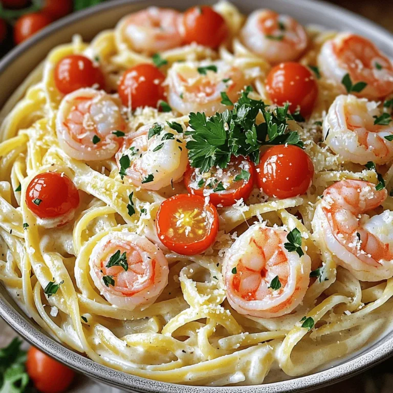 - 8 oz linguine pasta - 1 lb large shrimp, peeled and deveined - 4 cloves garlic, minced - 1 cup heavy cream - 1 cup chicken broth - 1 cup cherry tomatoes, halved - 1/2 cup grated Parmesan cheese - 2 tablespoons olive oil - 2 tablespoons butter - 1 teaspoon red pepper flakes (optional) - Salt and pepper to taste - Fresh parsley, chopped (for garnish) - Zest of 1 lemon (for an added zing) To make this dish, you need all the key ingredients. If you can't find heavy cream, you can use half-and-half. For a lighter option, try coconut milk or almond milk. If you want a veggie twist, add spinach or bell peppers. To cook the linguine, start by filling a large pot with water and adding a generous amount of salt. Bring the water to a rapid boil. This helps season the pasta. Add the linguine and cook it for about 8 to 10 minutes, or until it is al dente. You want it to be firm but not hard. Before draining, remember to reserve about 1/2 cup of the pasta water. This starchy water helps to thicken the sauce later. Heat a large skillet over medium heat and add olive oil and butter. Wait until the butter melts and starts to foam. This is the perfect time to add minced garlic. Sauté the garlic for about 1 minute. You want it fragrant but not brown. If it burns, it will taste bitter. Next, add the shrimp. Season them lightly with salt, pepper, and optional red pepper flakes for some heat. Cook the shrimp for about 2-3 minutes on each side. They should turn a lovely pink color when cooked. Once done, set the shrimp aside. In the same skillet, add chicken broth and bring it to a gentle simmer. Pour in the heavy cream, stirring well to mix. Let it cook for 2-3 minutes until the sauce thickens slightly. This thickening is key for a rich, creamy sauce. Now add the halved cherry tomatoes. Cook them for another 2-3 minutes. This step helps to soften the tomatoes and release their juices, which adds flavor to the sauce. Once the tomatoes are soft, whisk in the grated Parmesan cheese. Let it melt completely to create a smooth sauce. Now, it’s time to add the cooked linguine and shrimp back into the skillet. Gently toss everything together. If the sauce seems too thick, add the reserved pasta water a little bit at a time until you reach your desired consistency. Taste the dish and adjust the seasoning with more salt and pepper if needed. For a fresh twist, stir in lemon zest for added brightness. Ladle the creamy garlic shrimp linguine into large, shallow bowls. For a beautiful presentation, sprinkle freshly grated Parmesan on top. Add a generous amount of chopped fresh parsley for color. You might also place a few whole cherry tomatoes on top for extra flair. A light drizzle of olive oil can give your dish a lovely shine. Enjoy this delightful pasta dish with a side salad or garlic bread for a complete meal. - How to avoid overcooking shrimp: Cook shrimp for about 2-3 minutes on each side. Look for a pink color. If they curl tightly, they are done. Overcooked shrimp can be tough and rubbery. - Adjusting seasoning for personal taste: Start with salt and pepper, then taste your dish. You can always add more, but it's hard to fix if you add too much. If you like heat, consider adding red pepper flakes. - Best types of shrimp to use: Large shrimp work best for this recipe. They are easy to handle and have great flavor. Look for shrimp that are fresh and have a firm texture. - Alternatives for heavy cream for lighter options: You can use half-and-half, Greek yogurt, or coconut milk. Each option will change the flavor slightly, but they can lighten the dish. If you want it creamy, use a mix of yogurt and broth. {{image_4}} You can easily give your creamy garlic shrimp linguine a twist by adding vegetables. Spinach is a great choice. It wilts quickly and adds a nice green color. Bell peppers also work well. They add crunch and sweetness. You can sauté them with the garlic for full flavor. Another fun way to change this dish is by using different pasta types. While linguine is classic, you can try fettuccine or even penne. Each pasta brings a unique texture. It’s all about your taste and what you have on hand! If you need gluten-free options, try gluten-free pasta. Many brands make pasta that tastes great and cooks well. You can also swap heavy cream for coconut milk. This gives a creamy texture without dairy. For spice lovers, adjust the red pepper flakes to your taste. Add more for extra heat or leave them out for a milder dish. Always taste as you go to find your perfect balance! To keep your creamy garlic shrimp linguine fresh, store leftovers in the fridge. Use an airtight container to prevent moisture loss. Make sure it cools down before sealing it. This helps keep the pasta from getting soggy. You can keep the dish for up to three days. For long-term storage, freezing is a great option. First, let the pasta cool completely. Then, place it in a freezer-safe container or a zip-top bag. Squeeze out as much air as possible to avoid freezer burn. It can stay in the freezer for up to three months. When you’re ready to eat, thaw it in the fridge overnight. To reheat, place the pasta in a skillet over medium heat. Add a splash of chicken broth or water to help it warm evenly. Stir until it's hot throughout. This keeps the sauce creamy and delicious. You can use milk or half-and-half for a lighter option. For a dairy-free choice, try coconut milk or cashew cream. These alternatives will still give a nice creamy texture. Just keep in mind that the flavor will change slightly. If you want a thicker sauce without heavy cream, blend silken tofu until smooth. This works great for creaminess. Yes, frozen shrimp work well in this recipe. Just make sure to thaw them first. You can do this by placing them in cold water for about 15 minutes. This helps keep the shrimp juicy. Fresh shrimp have a better taste but frozen shrimp are a great time-saver and are often just as good. Cooked shrimp turns pink and opaque. It also curls into a “C” shape. If they form an “O,” they may be overcooked. The cooking time is usually about 2-3 minutes per side. Keep an eye on them, as shrimp cooks quickly. Perfectly cooked shrimp are tender, not rubbery. Yes, you can make parts of this dish ahead of time. Cook the linguine and shrimp, then store them in the fridge. Combine the sauce when you're ready to eat. This keeps the flavors fresh. If you store leftovers, use an airtight container. Just remember, the pasta may soak up the sauce, so add a splash of water when reheating. This blog post shared a simple recipe for shrimp linguine. I outlined essential ingredients, cooking steps, and tips for great results. You learned how to cook perfect shrimp and create a creamy sauce. Variations and storage tips made it easy to adapt this dish to your needs. Experiment with flavors and make it yours. Enjoy your delicious meal, and don’t hesitate to use the tips to impress others. Cooking can be fun and rewarding.