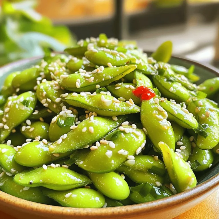 - Edamame (in pods) - Olive oil - Garlic - Sriracha - Soy sauce - Sesame oil - Sesame seeds - Green onion - Sea salt - Calories per serving: About 150 calories - Key nutrients: Each serving gives 12 grams of protein and 8 grams of fiber. - Health benefits of edamame: They are rich in protein, fiber, and antioxidants. Edamame may help lower cholesterol and support heart health. They also provide essential vitamins and minerals, making them a great snack choice. Edamame is not only tasty but also a powerhouse of nutrition. Each pod is packed with protein, fiber, and various vitamins. This makes it a smart choice for a snack or appetizer. Plus, since it’s plant-based, it’s a great option for vegans and vegetarians. I love using fresh ingredients in my cooking. The bright green of the edamame pods makes any dish pop. Pair that with garlic and sriracha, and you have a flavor explosion. As you prepare this dish, you’ll enjoy the aromas that fill your kitchen. They will make your mouth water with excitement! Fill a large pot with water and set it over high heat. Add a good pinch of sea salt once the water boils. This makes the edamame taste better. Next, add 2 cups of edamame pods to the pot. Boil them for about 3-5 minutes. Look for a bright green color and a tender but firm texture. When done, drain the edamame and rinse them in cold water. This stops the cooking and keeps them fresh. Grab a large skillet and pour in 3 tablespoons of olive oil. Heat the oil over medium heat. When the oil is warm, add 4 cloves of finely minced garlic. Sauté for about 1 minute while stirring. You want the garlic fragrant but not burnt. Burnt garlic can taste bitter. After that, add 1-2 tablespoons of sriracha, 1 tablespoon of soy sauce, and 1 teaspoon of sesame oil. Stir well to mix the sauces together. Now, add the boiled edamame to the skillet. Toss them in the spicy garlic sauce to coat them evenly. Let the mixture cook for another 2-3 minutes. This helps the flavors blend nicely. When ready, take the skillet off the heat. Sprinkle sesame seeds and a touch of sea salt over the dish for extra flavor. To make it look great, garnish with finely chopped green onion before serving. For serving, use a shallow bowl or platter, and add more sesame seeds on top for a lovely touch. - Cooking Time Adjustments: Boil the edamame for 3-5 minutes. Check for a bright green color and a tender bite. If the pods feel tough, add another minute. - How to Avoid Bitter Garlic: Sauté garlic for only 1 minute. Stir it often to keep it from burning. Burnt garlic can ruin your dish with bitterness. - Options for Mild vs. Spicy: Use 1 tablespoon of sriracha for a milder flavor. Add more if you like it hot. Always taste as you go. - Alternatives to Sriracha: Try chili garlic sauce or a splash of hot sauce. Adjust based on your spice tolerance. - Pairing Ideas: Serve with cold drinks like iced tea or beer. Pair with rice or a salad for a full meal. - Visual Presentation Tips: Use a shallow bowl for serving. Sprinkle extra sesame seeds and chopped green onions on top. This adds color and invites everyone to enjoy! {{image_4}} You can change the flavor of your spicy garlic edamame in fun ways. Adding citrus like lime or lemon gives a bright taste. Just squeeze some fresh juice over the edamame before serving. This adds a zesty kick that contrasts with the spice. You can also play with heat. Try using hot sauce or chili flakes instead of sriracha. Each option brings its unique flavor and heat level. Adjust it to fit your taste. This recipe can fit many diets. If you're gluten-free, replace soy sauce with a gluten-free version. Many brands offer tasty alternatives that work well. This way, everyone can enjoy the dish. For vegans and vegetarians, this recipe is already perfect. It contains no meat or dairy, so feel free to dig in without worry. The edamame is a great source of plant protein, making it a healthy choice. You can get creative with seasonal ingredients. In spring, add fresh peas or mint for a fresh twist. In fall, try pumpkin seeds or a sprinkle of nutmeg for warmth. These small changes can make your dish exciting and new. For special occasions, consider adding toasted nuts or fresh herbs like cilantro. These ingredients not only enhance flavor but also make a beautiful presentation. Each season brings new possibilities, so don’t hesitate to experiment! To keep your spicy garlic edamame fresh, store leftovers in an airtight container. Refrigerate them for up to 3 days. When you’re ready to enjoy them again, reheat in a skillet over medium heat. You can add a little olive oil to keep them moist. Stir them gently for about 3-5 minutes until they are hot. If you want to save your edamame for later, freezing is a great option. First, let the cooked edamame cool completely. Then, place them in a freezer-safe bag or container. Remove as much air as possible before sealing it. They will last up to 3 months in the freezer. To thaw, take them out of the freezer and let them sit in the fridge overnight. If you need them fast, place the bag in a bowl of cold water for about 30 minutes. Reheat in a skillet or microwave, just like with leftovers. Enjoy that spicy garlic goodness! Edamame packs a punch of nutrients. It is rich in protein, fiber, and vitamins. Here are some benefits: - Protein Power: Edamame has about 17 grams of protein per cup. This makes it a great snack for muscle health. - Fiber Rich: One cup offers around 8 grams of fiber. Fiber is great for digestion and keeps you feeling full. - Vitamins and Minerals: Edamame has vitamins like K and folate. These support bone health and help your body make new cells. Some people worry about soy allergies or thyroid issues. If you have concerns, speak to a doctor. You can enjoy edamame in moderation and still reap its benefits. To tone down the heat in your spicy garlic edamame, adjust the amount of sriracha. Here are some easy tips: - Use Less Sriracha: Start with just one tablespoon instead of two. You can always add more later. - Add Sweetness: Mixing in a little honey or sugar can balance the spice. - Coconut Milk: For a creamy texture, add a splash of coconut milk. This can soften the heat. These changes will help you enjoy the dish without overwhelming spice. Yes, frozen edamame works well in this recipe. Here are some tips: - Cooking Time: If using frozen, boil them for about 4-6 minutes. Make sure they are hot and tender. - No Need to Thaw: You can cook them straight from the freezer. This saves time and keeps them fresh. - Check Labels: Make sure the frozen edamame is plain, without added sauces. Using frozen edamame makes it easy to whip up this snack anytime. In this blog post, we explored how to make tasty, spicy edamame. We discussed key ingredients like garlic, sriracha, and soy sauce. You learned step-by-step cooking methods, from boiling to mixing in sauce. I shared tips for enhancing flavor and adjusting spice levels. I also provided storage advice for leftovers and discussed variations for special diets. Enjoy this dish as a healthy snack or appetizer. With simple tweaks, you can make it your own!