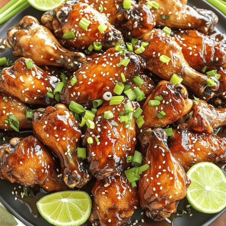 - 2 pounds chicken wings - 1/2 cup low-sodium soy sauce - 1/4 cup pure honey - 2 cloves garlic, finely minced - 1 tablespoon fresh ginger, finely grated - 1 tablespoon sesame oil - 1 tablespoon rice vinegar - 1 teaspoon chili flakes (optional for heat) - 2 green onions, finely chopped (for garnish) - 1 tablespoon sesame seeds (for garnish) Best type of chicken wings to use: I recommend using fresh, whole chicken wings. They have a good amount of skin and meat. This gives the best flavor and texture. Substitute options for healthier versions: You can use skinless chicken wings if you want to cut fat. Also, try low-sugar honey or a sugar-free syrup. Importance of fresh ingredients (ginger, garlic): Always use fresh ginger and garlic. This boosts flavor and aroma. Dried spices won’t give you the same taste. For the best results, buy them whole and grate or mince them yourself. To make the marinade, grab a large mixing bowl. Add the low-sodium soy sauce, pure honey, minced garlic, grated ginger, sesame oil, rice vinegar, and chili flakes if you want some heat. Whisk all the ingredients together until the honey dissolves. This creates a smooth and tasty sauce that will coat your chicken wings. Next, place the chicken wings in the bowl. Make sure each wing gets a good coat of the marinade. Cover the bowl with plastic wrap or a lid. Let the wings sit in the fridge for at least one hour. If you have time, marinate overnight for even better flavor. The longer they soak, the more flavorful they become. Now it’s time to bake! Preheat your oven to 400°F (200°C). While the oven heats, line a baking sheet with parchment paper for easy cleanup. Take the wings out of the marinade and let any extra liquid drip off. Lay the wings in a single layer on the baking sheet. This helps them cook evenly. Bake the wings for 30-35 minutes. Flip them halfway through to ensure both sides brown nicely. If you want them extra crispy, broil them for an extra 2-3 minutes. Watch closely to avoid burning. Once cooked, take the wings out of the oven. Let them rest for about 5 minutes before serving. This keeps them juicy and tender. To get that perfect sticky texture, you need to focus on cooking time. Bake the wings for 30-35 minutes at 400°F (200°C). For extra crispiness, broil them for 2-3 minutes at the end. Keep an eye on them to avoid burning. If you like your wings extra crispy, you can also bake them longer. Just be careful not to overcook them. Want to add more flavor? You can mix in some citrus juice. A splash of lime or orange adds a nice zing. Fresh herbs like cilantro or basil can also lift the taste. For an extra kick, use fresh chili or jalapeños. These additions can make your wings pop with flavor and keep things interesting. What goes best with sticky honey soy chicken wings? Try serving them with coleslaw or rice. Both pair well and balance the sweetness. You can also add some fresh veggies like carrot sticks or cucumber slices. These sides not only taste great but also add color to your plate. For a fun touch, serve with lime wedges to squeeze over the wings! {{image_4}} To add heat to sticky honey soy chicken wings, use chili flakes. Start with 1 teaspoon in the marinade. If you like more spice, add an extra teaspoon. You can also use fresh chopped chili peppers for a fresh kick. Adjust the heat to your taste. This change makes the wings exciting and full of flavor. For a honey garlic twist, increase the garlic. Use 4 cloves instead of 2 for a stronger flavor. You can also reduce the honey slightly to balance the taste. This will give you a sweet and savory mix. Let the wings marinate longer to deepen the garlic flavor. Grilling these wings adds a smoky taste. Start by marinating your wings as usual. Preheat your grill to medium-high heat. Place the wings directly on the grill grates. Cook for about 20-25 minutes, turning often. Brush with reserved marinade for extra flavor. Grill until crispy and charred. Enjoy the delicious smoky flavor! To keep your sticky honey soy chicken wings fresh, start by letting them cool. Place the wings in an airtight container. Make sure to separate layers with parchment paper to avoid sticking. Store in the fridge for up to 3 days. If you want to keep them longer, consider freezing. Reheat your wings to keep them crispy. The best method is using an oven. Preheat the oven to 350°F (175°C). Place the wings on a baking sheet lined with foil. Heat them for about 10-15 minutes. This method keeps the skin crispy and the meat juicy. You can also use an air fryer for a quick reheat. Freezing chicken wings is easy. First, let the wings cool completely. Use a freezer bag or an airtight container. Remove as much air as possible. Label with the date. They can last in the freezer for up to 3 months. To defrost, place in the fridge overnight. This keeps the texture intact. Avoid thawing at room temperature, as it can affect safety and quality. Marinating chicken wings is key for great taste. I recommend at least one hour. For the best flavor, marinate them overnight. This longer time lets the wings soak up the marinade. If you are in a hurry, even thirty minutes can help. Yes, you can use frozen chicken wings. Just make sure to thaw them first. The best way is to leave them in the fridge overnight. You can also use the quick-thaw method by placing them in cold water for about an hour. Once thawed, follow the recipe as usual. If you need a honey substitute, you have options. Maple syrup works well and adds a nice flavor. Agave nectar is another choice that is sweeter. Keep in mind that these options may change the taste a little. Adjust the amount to suit your taste. These sticky honey soy chicken wings are fun to make and eat. You learned about the key ingredients, like fresh garlic and ginger, that enhance flavor. Following the step-by-step guide helps you achieve perfect texture and taste. Whether you choose to bake, grill, or add your own twist, these wings are a hit. Remember to store leftovers properly to keep them fresh. Enjoy experimenting with variations and serving ideas. You'll impress friends and family with your delicious creations!