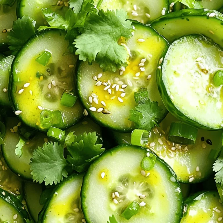 - 2 large cucumbers, thinly sliced - 1 tablespoon kosher salt - 2 tablespoons sesame oil - 1 tablespoon rice vinegar - 1 tablespoon soy sauce - 1 teaspoon chili paste - 1 teaspoon sugar - 2 tablespoons toasted sesame seeds - 2 green onions, finely chopped - Fresh cilantro leaves To make the best Spicy Sesame Cucumber Salad, use these measurements: - 2 cucumbers give the right crunch. - 1 tablespoon of kosher salt helps draw out moisture. - 2 tablespoons of sesame oil add rich flavor. - 1 tablespoon of rice vinegar lends tanginess. - 1 tablespoon of soy sauce boosts umami. - 1 teaspoon of chili paste controls the heat. - 1 teaspoon of sugar balances the spice. - 2 tablespoons of toasted sesame seeds add a nutty crunch. - 2 green onions brighten the dish. - Fresh cilantro garnishes and adds freshness. You can swap ingredients for different flavors: - Use sea salt instead of kosher salt if needed. - Canola or olive oil works instead of sesame oil. - Apple cider vinegar is a good choice if you lack rice vinegar. - Tamari can replace soy sauce for a gluten-free option. - For less spice, use a milder chili sauce or omit it. - Maple syrup or honey can replace sugar for a natural sweetener. - Chopped nuts can replace sesame seeds for a different crunch. - Fresh parsley can substitute for cilantro if preferred. Start by slicing the cucumbers thinly. I use two large cucumbers for this recipe. Place the sliced cucumbers in a large bowl. Next, sprinkle one tablespoon of kosher salt over them. Use your hands to toss the slices well. Make sure every piece gets some salt. Let the cucumbers sit for about 15 minutes. This step draws out extra moisture and makes the flavors pop. While the cucumbers rest, it’s time to make the dressing. Grab a small bowl and combine two tablespoons of sesame oil, one tablespoon of rice vinegar, one tablespoon of soy sauce, one teaspoon of chili paste, and one teaspoon of sugar. Use a whisk or a fork to mix everything until smooth. This dressing brings a fantastic blend of flavors to the salad. After 15 minutes, check the cucumbers. Drain any liquid that has collected. Use a clean paper towel to pat the cucumbers dry. This step keeps your salad crunchy. Now, transfer the cucumbers to the bowl with your dressing. Gently toss them to coat every slice well. Next, add two tablespoons of toasted sesame seeds and two finely chopped green onions. Fold them in carefully. Finally, serve your salad in a nice dish and add fresh cilantro leaves on top for a beautiful finish. To get the best flavor, use fresh ingredients. The cucumbers should be crisp and firm. Salting the cucumbers draws out excess moisture. This step boosts the salad's taste. The dressing needs a mix of salty, sweet, and spicy. Adjust the chili paste to your liking. Taste the dressing before adding it to the cucumbers. This way, you ensure it meets your flavor needs. Texture is key in this salad. Thinly slice the cucumbers for a crunchy bite. Pat them dry after salting to keep them crisp. Tossing the cucumbers gently in the dressing ensures even coverage. Adding toasted sesame seeds adds a lovely crunch. You can also mix in finely chopped green onions. They add both flavor and texture to the dish. For a beautiful presentation, serve this salad in a chilled bowl. Garnish with fresh cilantro leaves for color. You can also add a few extra sesame seeds on top. This salad pairs well with grilled meats or as a light starter. Consider serving it alongside dishes with rich flavors. The salad will refresh your palate beautifully. {{image_4}} You can make this salad even better by adding more veggies. Try adding sliced bell peppers, shredded carrots, or radishes. Each of these adds a nice crunch and color. You can also use thinly sliced cabbage for extra texture. Mixing in different vegetables not only enhances the look but also boosts the flavor. You can change how spicy the salad is by adjusting the chili paste. If you like it milder, add less chili paste. For more heat, simply add more. Also, consider using fresh chili slices for a different spice kick. Remember, taste as you go! This way, you can find the spice level that works for you. While the sesame dressing is great, you can try other options too. A simple lemon juice and olive oil mix can add a fresh taste. You might also use a peanut dressing for a nutty twist. Another option is to mix in some ginger for a zesty kick. Feel free to experiment and find your favorite dressing. To keep your spicy sesame cucumber salad fresh, store it in an airtight container. This helps lock in flavor and crunch. Place the salad in the fridge right after serving. Avoid leaving it at room temperature for too long. If you have leftovers, separate the dressing from the cucumbers. This keeps the salad crisp and delicious. The salad stays fresh for about two days in the fridge. After that, the cucumbers may lose their crunch. You’ll notice the flavors start to fade too. For the best taste and texture, enjoy it within this time frame. Always check for any signs of spoilage before eating leftovers. If it looks or smells off, trust your instincts and toss it. You do not need to reheat this salad. It is best served cold. If the cucumbers lose some crunch, add a pinch of salt and a dash of sesame oil. Toss gently to refresh the flavors. Adding a few more sesame seeds or chopped green onions can also boost the taste. Enjoy it as a cool side dish or a light snack! Yes, you can make this salad ahead of time. I recommend prepping the cucumbers and dressing a few hours before serving. The salt will draw out moisture and enhance the taste. However, wait to mix the dressing with the cucumbers until just before serving. This keeps the salad crunchy. If you store it in the fridge, it stays fresh for about a day. To increase the heat in your Spicy Sesame Cucumber Salad, add more chili paste. Start with an extra half teaspoon and taste as you go. You can also add fresh chili slices for a fresh kick. If you want some more depth, try using chili oil. It can give a nice flavor along with the heat. This salad pairs well with grilled meats, like chicken or steak. The coolness of the salad balances the heat from the grill. You can also serve it with rice dishes or noodle bowls. It makes a great side for Asian-inspired meals. Try it alongside dumplings for a delicious feast! This article covered how to make a Spicy Sesame Cucumber Salad. We discussed key ingredients, including measurements and substitutions. You learned the step-by-step process to prepare cucumbers and make the dressing. Tips helped you balance flavors and enhance texture. We also explored fun variations and best storage practices. In conclusion, this salad is both easy and tasty. You can make it your own with simple changes. Enjoy your fresh creation and share it with others!