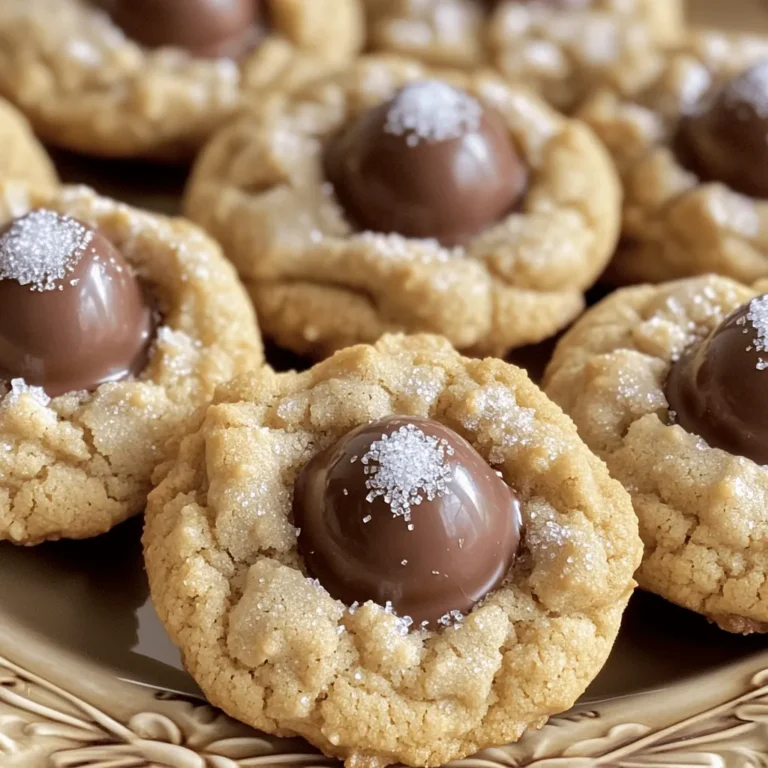 - 1 cup creamy peanut butter - 1 cup granulated sugar - 1 large egg - 1 teaspoon pure vanilla extract - 1 teaspoon baking soda - 1/2 teaspoon fine sea salt - 1/4 cup packed light brown sugar - 1/2 cup granulated sugar (for rolling) - 24 milk chocolate kisses, unwrapped To make great cookies, you need to measure right. Here are some tips: - Use the right tools: For dry ingredients, use dry measuring cups. For liquids, use liquid measuring cups. - Scoop and level: When measuring flour or sugar, scoop the ingredient with the cup and then level it off with a knife. - Weigh for accuracy: If you have a kitchen scale, weigh ingredients for better results. - Adjusting servings: If you want more or fewer cookies, double or halve the amounts. Remember to adjust all ingredients equally. For example, if you want 48 cookies, use 2 cups of peanut butter and 2 cups of sugar. These tips help ensure your Peanut Butter Blossom Cookies turn out perfect every time! - Preheat your oven to 350°F (175°C). - Line a baking sheet with parchment paper. This helps prevent sticking and makes cleanup easy. - In a large bowl, mix 1 cup of creamy peanut butter, 1 cup of granulated sugar, brown sugar, 1 large egg, and 1 teaspoon of vanilla extract. - Use an electric mixer or whisk to blend until smooth and creamy. - In another bowl, whisk together 1 teaspoon of baking soda and 1/2 teaspoon of sea salt. - Gradually add this dry mix to the peanut butter mixture. Stir until the dough is smooth. - Use a tablespoon to scoop the dough, rolling it into balls about 1 inch wide. - Roll each dough ball in 1/2 cup of granulated sugar. Ensure each ball is fully coated. - Place the balls on the prepared baking sheet, spacing them about 2 inches apart. This allows room for spreading. - Bake the cookies for 8-10 minutes. Look for lightly golden edges and soft centers to know they are done. - When you take the cookies out, quickly press a chocolate kiss into the center of each warm cookie. - Let the cookies cool on the baking sheet for 5 minutes. Then, transfer them to a wire rack using a spatula. - Allow the cookies to cool completely on the rack. Enjoy your tasty treats! - Overmixing the dough: Mixing too much can make your cookies tough. Mix just until combined. - Proper baking times for chewy vs. crunchy cookies: For chewy cookies, bake for about 8 minutes. For crunchier ones, go for 10 minutes. - Alternatives for creamy peanut butter: You can use natural peanut butter or almond butter. Both add unique flavors. - Sugar substitutes for a healthier version: Try using coconut sugar or honey for a different sweetness. - Attractive serving suggestions: Use a beautiful plate to display your cookies. Arrange them neatly for a nice look. - Decorative ideas for festive occasions: Add a sprinkle of granulated sugar on top for sparkle. Place extra chocolate kisses around the plate for fun. {{image_4}} You can make your Peanut Butter Blossom Cookies even more tasty. Try adding chocolate chips or nuts. Mix in about half a cup of chocolate chips with the dough for extra sweetness. Chopped nuts, like walnuts or pecans, can give a nice crunch. You can also play with flavored extracts. Instead of vanilla, use almond extract for a delightful twist. Just add about half a teaspoon to the mix. Get creative with holiday themes! For Christmas, add red and green sprinkles on top. For Halloween, use orange and black sprinkles. You can also switch up the ingredients with seasonal flavors. In fall, mix in some pumpkin spice. In spring, try adding lemon zest to brighten the flavor. These small changes make your cookies festive and fun! Changing the center of your cookies can surprise your taste buds. Instead of milk chocolate kisses, use dark or white chocolate. Dark chocolate gives a rich taste, while white chocolate adds sweetness. You can also try other candies for the center. Mini peanut butter cups or caramel candies work great. This way, each batch can be unique and delicious! To keep your Peanut Butter Blossom Cookies fresh, store them in an airtight container. This helps lock in moisture and flavor. You can also wrap them tightly in plastic wrap. For added protection, place parchment paper between layers of cookies. This prevents them from sticking together. Avoid leaving cookies out in the open air. This can make them dry and hard. You can freeze both the dough and baked cookies. For dough, scoop and shape balls first. Then, place them on a baking sheet and freeze until firm. After that, store the balls in a zip-top bag. For baked cookies, let them cool completely first. Then, wrap them in plastic wrap and put them in a freezer bag. To thaw, leave them in the fridge overnight. You can also let them sit at room temp for a few hours. At room temperature, your cookies last about one week. Store them in a cool, dry place. If they smell stale or look hard, they are no longer good to eat. Mold is another sign that cookies have spoiled. Always check your cookies before enjoying them! Peanut Butter Blossom Cookies first appeared in the 1950s. They became popular in America due to their tasty mix of peanut butter and chocolate. The cookie's signature look comes from the chocolate kiss placed on top. This fun twist made them a favorite for holiday baking and special occasions. Today, you can find these cookies at family gatherings and bake sales. Yes, you can make these cookies without eggs! To create a vegan version, use one of these alternatives: - Flaxseed meal: Mix 1 tablespoon with 2.5 tablespoons of water. Let it sit for 5 minutes to thicken. - Applesauce: Use 1/4 cup of applesauce. It adds moisture and sweetness. - Mashed banana: Use 1/4 cup of mashed banana for a fruity twist. These substitutes work well and keep the cookies soft. To make your Peanut Butter Blossom Cookies chewy, follow these tips: - Underbake slightly: Take cookies out when they are just set, around 8-9 minutes. - Add more brown sugar: Use a bit more brown sugar for moisture. - Chill the dough: Let the dough rest in the fridge for 30 minutes before baking. This helps the cookies stay soft and chewy. Leftover cookies can be enjoyed in many fun ways: - Chocolate milkshake: Blend cookies with milk and ice cream for a tasty shake. - Ice cream sandwiches: Place a scoop of ice cream between two cookies. - Cookie crumbs: Crush stale cookies and use them as a topping for yogurt or desserts. These ideas help you enjoy every last crumb! To wrap up, making Peanut Butter Blossom Cookies is fun and simple. We covered key ingredients, measuring tips, and steps to bake them perfectly. You learned about common mistakes and how to store your cookies. Don't forget the many variations to try, like adding chocolate chips or using different candies. With these insights, you can create delicious treats that everyone will love. Enjoy baking and sharing your cookies!