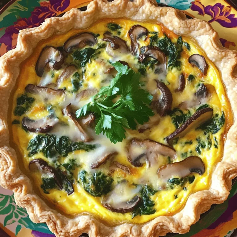 To make a delicious Spinach Mushroom Quiche, gather the following items: - 1 pre-made pie crust - 1 tablespoon extra virgin olive oil - 1 cup sliced mushrooms - 2 cups fresh spinach - 1 small onion - 3 large eggs - 1 cup milk - 1 cup shredded cheese - 1/2 teaspoon garlic powder - 1/4 teaspoon nutmeg - Salt and pepper to taste These ingredients come together to create a creamy and tasty quiche. The pie crust forms a sturdy base, while mushrooms and spinach add great flavor and color. Eggs and milk bind everything together, creating a rich filling. You can choose any cheese you like, which will melt beautifully on top. Using fresh spinach is key for vibrant color and nutrition. Sautéing the mushrooms and onions in olive oil enhances their taste. This dish is perfect for brunch or a light dinner. Enjoy this simple yet satisfying meal! Set your oven to 375°F (190°C). If you want to make your own pie crust, now is the time to roll it out. Place the crust into a pie dish and use a fork to prick the bottom. This step stops the crust from puffing up. Pre-bake the crust for about 10 minutes. It should turn a light golden color. Remove it from the oven and set it aside. Heat 1 tablespoon of olive oil in a skillet over medium heat. Wait until the oil starts to shimmer. Add the finely diced onion. Sauté it for about 3-4 minutes until it is translucent. Next, add the sliced mushrooms and cook them for about 5 minutes. They should turn a nice golden brown, and their moisture should evaporate. Finally, add the chopped spinach and cook until it wilts. Season with salt, pepper, and garlic powder for extra flavor. In a large mixing bowl, crack 3 large eggs and add 1 cup of milk. Whisk them together until they are smooth. Add 1/4 teaspoon of grated nutmeg and season with salt and pepper. Gently fold in the sautéed vegetables. Ensure everything is blended well. Pour the vegetable and egg mixture into the pre-baked pie crust. Spread it out evenly. Then, take 1 cup of shredded cheese and sprinkle it over the top. Make sure the cheese is evenly distributed for the best melting. Place the quiche in the oven and bake for 30-35 minutes. It is ready when the edges are golden brown, and the center is set. To check doneness, insert a toothpick into the middle. It should come out clean. Once done, let the quiche cool for about 10 minutes. This cooling time makes slicing easier. You can enjoy it warm or at room temperature. It’s perfect for any meal or occasion! To make your filling full of flavor, use fresh ingredients. Fresh spinach and mushrooms boost taste. Sauté the onions first; they add sweetness. Don’t rush this step. Cook until they are soft and clear. Adding garlic powder enhances the taste. Use nutmeg for a special touch; it adds warmth. To avoid a soggy bottom, pre-bake your pie crust. This helps it stay crisp. Prick the base with a fork before baking. This allows steam to escape. Bake it just until it’s lightly golden. This simple step makes a big difference. If you need substitutes for cheese, try nutritional yeast. This gives a cheesy flavor without dairy. You can also use soft tofu blended until smooth. It’s creamy and works well in quiche. For different greens, use kale or Swiss chard. Both add unique flavors and textures. You can even mix in herbs like basil or parsley for extra taste. This way, you can customize your quiche to your liking. For the pie dish, a glass or ceramic dish works best. They heat evenly and show the crust's color well. If you want a crispy crust, use a metal pie dish. It conducts heat better. For sautéing, a non-stick skillet is great. It helps cook the vegetables evenly and prevents sticking. A cast iron skillet is another good choice. It retains heat well and gives a nice sear to your veggies. {{image_4}} You can add cooked bacon or ham to your quiche for extra flavor. Just crumble the bacon or chop the ham before mixing it with the vegetables. This adds a savory touch that many enjoy. If you prefer a lighter option, you can skip the meat altogether. Try adding vegetarian protein like tofu or chickpeas for a hearty bite. These alternatives keep your quiche filling while adding great nutrition. Cheese makes your quiche rich and creamy. You can use cheddar, mozzarella, or a blend of your favorites. For a unique twist, try goat cheese or feta for tangy flavors. If you avoid dairy, non-dairy cheese options work well too. Look for products made from nuts or soy, which melt nicely and add depth to your dish. Using seasonal vegetables can elevate your quiche. In spring, add asparagus or leeks for freshness. In summer, zucchini and bell peppers brighten your dish. Fall brings sweet potatoes or butternut squash, while winter allows for hearty greens like kale. Adjusting to what is fresh and available enhances the flavor and nutrition of your quiche. To store leftover quiche, let it cool at room temperature first. Then, wrap it tightly in plastic wrap or aluminum foil. You can also use an airtight container. This keeps the quiche fresh and tasty. Store it in the fridge for up to three days. Make sure to label your container with the date. You can reheat quiche in two ways: the oven or microwave. For the oven, preheat it to 350°F (175°C). Place your quiche on a baking sheet and cover it loosely with foil. Heat for about 15-20 minutes until warm. If you use a microwave, put a slice on a microwave-safe plate. Heat in 30-second intervals until hot. This way, you ensure even heating and keep the crust from getting soggy. If you want to freeze your quiche, wrap it well in plastic wrap or foil. Then, place it in a freezer-safe bag or container. It can stay in the freezer for up to two months. When you’re ready to eat it, thaw it in the fridge overnight. To reheat, follow the same oven method mentioned earlier. This makes sure you enjoy your quiche with great taste and texture. Yes, you can use various types of crusts. For a gluten-free option, try a gluten-free pie crust. You can also use a crust made from almond flour or a cauliflower crust. Both options provide unique flavors. Whether homemade or store-bought, each crust has its benefits. Homemade crusts can be tailored to your taste. Store-bought options save time and are easy to use. Spinach mushroom quiche lasts about 3 to 4 days in the refrigerator. Make sure to store it in an airtight container. For longer storage, freeze it. When frozen, it can last up to 2 months. Just wrap it well before placing it in the freezer. Yes, you can prepare the quiche in advance. You can assemble it a day ahead and keep it in the fridge. This way, you save time on the day you want to serve it. To keep it fresh, cover it well. If you bake it ahead, let it cool before storing. Spinach mushroom quiche pairs well with many sides. A fresh green salad with a light vinaigrette complements it nicely. You can also serve roasted vegetables for a hearty touch. For drinks, a chilled white wine or sparkling water works great. These choices enhance the flavors of the quiche and make a perfect meal. This blog post covered how to make a delicious Spinach Mushroom Quiche. We explored the ingredients, preparation steps, and tips for the best outcome. Quiche is versatile, allowing for many tasty variations. Store leftovers properly to keep them fresh. You can easily adapt the recipe, making it your own. Enjoy creating your quiche and sharing it with loved ones. A home-cooked meal like this brings joy and satisfaction. Making this dish can be fun and rewarding!