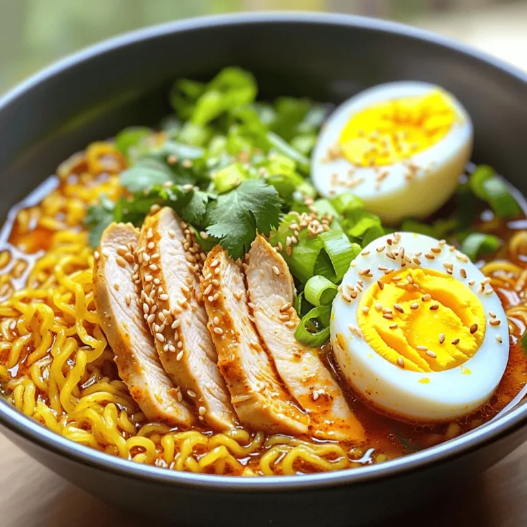 To make this quick and tasty ramen, you need the following main ingredients: - 2 cups chicken broth - 1 cup water - 200g instant ramen noodles - 1 chicken breast, thinly sliced - 3 tablespoons soy sauce - 2 tablespoons chili garlic sauce - 2 cloves garlic, minced - 1 teaspoon ginger, freshly grated - 1 tablespoon sesame oil These ingredients create a hearty broth and tender chicken. The chili garlic sauce adds a nice kick. You likely have these key pantry staples on hand: - Soy sauce - Sesame oil - Instant ramen noodles These items are often used in many Asian dishes. They help build flavor and texture in your meal. To make your ramen look and taste even better, consider adding these optional toppings: - 1 spring onion, finely chopped - Fresh cilantro leaves, for garnish - 1 boiled egg (optional), halved - Sesame seeds, for garnish These toppings add color and crunch. They not only enhance flavor but also make your meal more fun to eat. Start by heating 1 tablespoon of sesame oil in a large pot over medium heat. Once hot, add 2 cloves of minced garlic and 1 teaspoon of freshly grated ginger. Sauté them for about 1 minute. You want the garlic to smell nice and start to brown lightly. Next, pour in 2 cups of chicken broth and 1 cup of water. Stir well to mix. Bring the broth to a gentle simmer. Now, add 1 thinly sliced chicken breast to the pot. Cook for about 3 minutes, stirring often. The chicken should be cooked through and lightly browned. This step adds great flavor to your broth. Once the chicken is ready, stir in 3 tablespoons of soy sauce and 2 tablespoons of chili garlic sauce. Adjust the chili garlic sauce if you want it spicier. After that, gently add 200g of instant ramen noodles to the pot. Cook according to package instructions, usually 3 to 4 minutes. When the noodles are tender, turn off the heat. Fold in 1 finely chopped spring onion. Ladle the hot ramen into bowls. For a nice touch, garnish with fresh cilantro leaves, a half of a boiled egg, and a sprinkle of sesame seeds. Enjoy your quick and tasty meal! To make your Minute Chili Garlic Chicken Ramen pop, use spices wisely. Start with fresh garlic and ginger. They add a bright taste. You can also add red pepper flakes for more heat. If you like it sweet, try a dash of sugar. This balance of sweet and spicy makes the dish sing. If you need to adjust for health reasons, don't worry. Use low-sodium chicken broth for less salt. For a gluten-free version, swap the instant ramen for rice noodles. You can also replace chicken with tofu or tempeh for a plant-based option. These swaps keep the meal tasty and fun. Cooking ramen noodles can be tricky. Follow the package instructions closely. Don’t overcook them; they should be tender but still have a bite. After adding them to the broth, stir gently to separate. This helps them soak up flavors while staying firm. Make sure to serve them right away for the best texture. {{image_4}} You can switch the chicken for other proteins. Try shrimp for a seafood twist. It cooks fast and adds a nice flavor. You can also use tofu for a plant-based option. Just make sure to press it to remove excess water before cooking. Another great choice is beef, sliced thinly. It adds a rich taste and pairs well with the broth. To make this dish vegetarian, skip the chicken and use mushrooms instead. They give a hearty texture. You can also add more veggies like bell peppers or spinach for freshness. Use vegetable broth in place of chicken broth. This keeps the dish light while still being full of flavor. If you love heat, add more chili garlic sauce. You can also toss in some sliced fresh chili peppers. For less spice, reduce the chili garlic sauce. Adding a splash of lime juice can help balance the heat too. Adjust the spice to fit your taste and enjoy the perfect bowl! Store any leftover ramen in an airtight container. Make sure to cool it down first. It stays fresh in the fridge for about 2 to 3 days. Keep the broth and noodles separate if you can. This helps the noodles stay firm and not mushy. When you reheat the ramen, use a pot on low heat. Add a splash of water or broth to keep it moist. Stir gently to warm it evenly. You can also use the microwave. Heat in short bursts, stirring in between to avoid hot spots. You can freeze the broth and chicken together, but not the noodles. Place the broth in a freezer-safe container. It lasts for about 2 to 3 months. When you thaw it, do so in the fridge overnight. Reheat the broth, then cook fresh noodles for the best texture. To make Minute Chili Garlic Chicken Ramen less spicy, reduce the chili garlic sauce. Start with one tablespoon instead of two. You can also add more chicken broth or water to balance the heat. Adding a bit of sugar can tone down the spice, too. If you like, top your ramen with more spring onions or cilantro. These fresh toppings help cool the dish. Yes, you can use homemade broth! In fact, it adds a personal touch to your ramen. Just make sure your broth is rich in flavor. You can use chicken, vegetable, or even mushroom broth. If you use homemade broth, adjust the seasoning as needed. Taste it first, then add soy sauce to get the right flavor. To boost nutrition, add more veggies to your ramen. Leafy greens like spinach or bok choy work well. You could also toss in sliced carrots, bell peppers, or mushrooms. These add color and vitamins to your meal. For extra protein, try adding tofu or more chicken. A sprinkle of sesame seeds adds healthy fats and a nice crunch. This blog showed how to make tasty Minute Chili Garlic Chicken Ramen. We covered key ingredients like chicken and toppings, along with steps to cook and serve it. I shared tips for flavor, substitutions, and cooking perfect noodles. Different protein and spice options offer fun twists. Plus, we talked about storing leftovers properly. Try this dish and adjust it to your taste. With these steps and tips, you can enjoy a delicious, quick meal. Happy cooking!