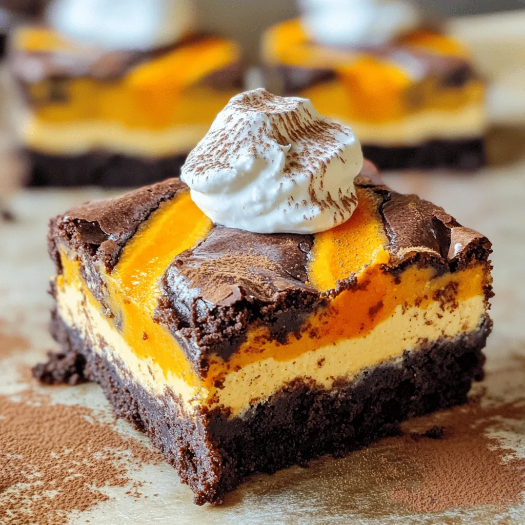 - 1 cup unsalted butter, melted - 1 cup granulated sugar - 1 cup packed brown sugar - 4 large eggs - 1 teaspoon vanilla extract - 1 cup all-purpose flour - 1/2 cup unsweetened cocoa powder - 1/4 teaspoon salt The brownie layer is rich and fudgy. The melted butter gives it a nice shine. The mix of granulated and brown sugar adds depth. Eggs bring moisture and richness. Vanilla extract enhances the flavor. Flour and cocoa powder create that classic brownie texture. Salt balances the sweetness and boosts flavors. - 8 oz cream cheese, softened - 1/2 cup canned pumpkin puree - 1/2 cup granulated sugar - 1 teaspoon vanilla extract - 2 large eggs - 1 teaspoon pumpkin pie spice The pumpkin cheesecake layer is creamy and smooth. Cream cheese provides a rich base. Canned pumpkin puree adds flavor and moisture. Sugar sweetens the mix, while vanilla extract brings warmth. Eggs help set the mixture. Pumpkin pie spice gives that cozy fall flavor. - Whipped cream - Ground cinnamon - Caramel sauce Toppings make these bars even better. Whipped cream adds lightness. A sprinkle of cinnamon offers warmth. A drizzle of caramel gives sweetness and a lovely look. Feel free to mix and match your favorite toppings! First, preheat your oven to 350°F (175°C). This step is key for even baking. Next, grab a 9x13 inch baking pan. Lightly grease it and line it with parchment paper. Leave some paper hanging over the sides. This makes it easy to lift out the bars later. In a large bowl, mix together melted butter, granulated sugar, and brown sugar. Whisk until it is smooth. Add in the eggs one by one, mixing well after each. Stir in the vanilla extract. In another bowl, sift together flour, cocoa powder, and salt. Gradually fold this dry mix into the wet ingredients. Be careful not to overmix; we want rich and fudgy brownies. In a separate bowl, beat the softened cream cheese until creamy. Then, add the pumpkin puree, granulated sugar, and vanilla extract. Mix until smooth. Add eggs one at a time, ensuring each is well mixed. Finally, stir in the pumpkin pie spice until everything is blended well. Pour half of the brownie batter into the pan. Spread it evenly. Next, dollop the pumpkin cheesecake mix over the brownie layer, trying to cover it well. Pour the rest of the brownie batter on top, followed by more dollops of pumpkin cheesecake. Put the pan in your preheated oven. Bake for 35-40 minutes. To check if it’s done, insert a toothpick in the center. It should come out with a few moist crumbs, not wet batter. After baking, take the pan out and let it cool on a wire rack for about 30 minutes. Once cool, use the parchment paper to lift the bars out. Cut them into squares or bars based on how you like them. Enjoy your delicious Pumpkin Cheesecake Brownie Swirl Bars! To get the best texture for your Pumpkin Cheesecake Brownie Swirl Bars, focus on the ingredients. Use room-temperature cream cheese for the cheesecake layer. This helps mix it smoothly. Melt the butter for the brownie layer, but don’t let it cool too much. Warm butter gives brownies a fudgy texture. Make sure to sift the dry ingredients for the brownies. This helps avoid lumps and keeps the batter light. Overmixing can ruin your bars. Mix just until you see no dry flour in the brownie batter. It should look thick and smooth. When you mix the pumpkin cheesecake layer, blend until creamy. Add the eggs one at a time, mixing just enough to combine. For the swirl, gently run a knife through the layers. You want beautiful swirls, not a blended mess. These bars are best enjoyed warm. Serve them with whipped cream on top for a treat. A sprinkle of cinnamon adds a nice touch. Want to impress? Drizzle caramel sauce over the bars before serving. You can also pair them with a scoop of vanilla ice cream for a cozy dessert. Remember, they’re great for sharing at gatherings or enjoying at home! {{image_4}} To make these bars gluten-free, swap out the all-purpose flour. Use a 1:1 gluten-free baking mix instead. This will keep the texture rich and fudgy. Many brands work well in this recipe. Make sure the mix contains xanthan gum for the right consistency. Your guests won’t even notice the difference! If you want to switch up the sugars, try coconut sugar for a lower glycemic index. You can also use dairy-free cream cheese for a vegan option. If you are cutting calories, consider using applesauce instead of butter. This keeps the bars moist and adds a hint of sweetness. For a twist, add chocolate chips to the brownie layer. This will give a nice burst of chocolate flavor. You can also fold in chopped nuts, like pecans or walnuts, for a crunchy texture. If you love spices, try adding a pinch of nutmeg to the pumpkin layer. Each of these options adds a fun kick to your bars! You may have some leftover bars after baking. To keep them fresh, store them in an airtight container. Place a layer of parchment paper between layers to avoid sticking. Keep them at room temperature for up to three days. If you want to keep them longer, store them in the fridge for up to a week. Freezing these bars is easy and a great option. Cut the bars into squares before freezing. Wrap each piece tightly in plastic wrap. Then, place them in a freezer-safe bag. They will stay fresh for up to three months. When you want to enjoy them, simply thaw in the fridge overnight. To reheat the bars, use the oven for the best taste. Preheat the oven to 350°F (175°C). Place the bars on a baking sheet and warm them for about 10 minutes. You can also use the microwave for a quick reheat. Heat for 10-15 seconds until just warm, but avoid overheating, as this can make them dry. Enjoy your delicious pumpkin cheesecake brownie swirl bars warm! Yes, you can use fresh pumpkin. Just cook and puree it first. Make sure it is smooth and not too watery. This keeps the bars rich and tasty. Check the bars after 35 minutes. Insert a toothpick into the center. If it comes out with a few moist crumbs, the bars are ready. If there is wet batter, bake for a few more minutes. First, let the bars cool completely. Use a sharp knife for clean cuts. Wipe the knife between cuts to keep edges neat. This helps the bars look great for serving. Yes, you can! Substitute eggs with flax eggs or applesauce. Use vegan cream cheese and a dairy-free butter. This way, you can enjoy the same great taste without the animal products. In this post, we explored how to make delicious Pumpkin Cheesecake Brownie Swirl Bars. We covered the layers, from brownie mix to creamy pumpkin cheesecake. You learned tips for perfect texture and how to store leftovers. These bars are a tasty treat for any time. Don’t be afraid to try variations or experiment with flavors. Now, go ahead and bake these bars for a sweet joy!