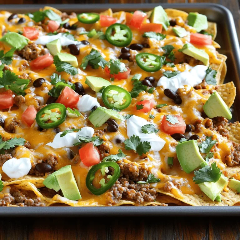 - 1 large bag of crispy tortilla chips - 1 can (15 oz) black beans, rinsed and drained - 1 cup cooked ground turkey or beef, seasoned with your favorite taco spices - 1 cup sharp cheddar cheese, freshly shredded - 1 cup Monterey Jack cheese, freshly shredded - 1 medium jalapeño, thinly sliced - 1 medium ripe tomato, diced - 1 green onion, finely sliced - 1 avocado, diced for creaminess - 1 cup sour cream or Greek yogurt for drizzling I love making loaded nachos because they are fun and easy. You can switch up the toppings based on what you like. The base starts with crunchy tortilla chips. They give the nachos their unique texture. Next, I add black beans. They are full of protein and fiber. They make this dish filling and hearty. Ground turkey or beef adds even more flavor and richness. You can season it with taco spices to make it pop. Cheese is what makes nachos special. I mix sharp cheddar and Monterey Jack for a great melt. These cheeses create a gooey layer that binds it all together. Now, let’s talk about the optional toppings. Jalapeños add a nice kick. If you want it milder, skip these. Diced tomatoes give freshness and color. Green onions add crunch and a bit of bite. Avocado is perfect for creaminess. It balances the spicy and cheesy flavors. Finally, a drizzle of sour cream or Greek yogurt brings it all together. It adds a cool, creamy finish that everyone loves. Feel free to mix and match these ingredients. You can create your perfect loaded nacho sheet pan! - Preheat your oven to 400°F (200°C). - Line a large baking sheet with parchment paper. This helps with cleanup. - Spread a layer of tortilla chips on the baking sheet. Cover it well but leave space. - Evenly distribute your seasoned ground turkey or beef on top of the chips. This adds great flavor. - Scatter the rinsed black beans over the meat. They boost protein and fiber. - Sprinkle freshly shredded cheddar and Monterey Jack cheese all over. This creates a gooey, cheesy goodness. - Place the baking sheet in the oven. Bake for 10-12 minutes. Keep an eye on it! - Once the cheese melts, take it out and let it cool for a few minutes. - Toss on sliced green onions and diced avocado for freshness. - Drizzle sour cream or Greek yogurt over the nachos right before serving. - Finish with chopped cilantro for a pop of color and flavor. - Choosing the right tortilla chips: Select sturdy, thick tortilla chips. They hold toppings well and stay crisp. Avoid thin chips, as they can break easily. - Avoiding sogginess: Layer your toppings wisely. Spread the meat and beans evenly. Don't overload the chips with wet ingredients. - Best cheese combinations: Use a mix of sharp cheddar and Monterey Jack. These cheeses melt perfectly and add great flavor. - How to melt cheese evenly: Grate your cheese fresh. This helps it melt smoothly. Spread it evenly over the nachos for even melting. - Additional spices for a kick: Sprinkle taco seasoning over the meat or chips. You can also add a dash of cayenne or chili powder. - Creative topping ideas: Try adding black olives, diced bell peppers, or corn. Fresh lime juice adds a zesty twist. Don't forget fresh cilantro for extra flavor! {{image_4}} For a tasty vegetarian twist on loaded nachos, swap meat for hearty ingredients. Use a can of black beans or pinto beans for protein. You can also try lentils or quinoa for a filling option. - Ingredients substitution options: - Replace ground turkey or beef with black beans or lentils. - Use a mix of grilled veggies like bell peppers and mushrooms. - Protein alternatives: - Try adding extra cheese or plant-based cheese for creaminess. - Consider tofu crumbles seasoned with taco spices for a savory touch. If you love heat, spice up your nachos with bold flavors. Start by adding sliced jalapeños right on top of the cheese. You can also mix in spicy salsa or hot sauce for extra kick. - Incorporating spicy ingredients: - Use spicy cheese like pepper jack for a zesty flavor. - Add diced serrano peppers for a fresh and fiery taste. - Options for heat levels: - Adjust the amount of jalapeños based on your heat preference. - Serve with a side of hot sauce for those who want more spice. Take your nachos on a world tour by adding unique flavors. Try different cuisines by mixing in international ingredients. Seasonal themes can also bring fresh ideas to your nacho game. - International flair variations: - Use Greek toppings like feta cheese, olives, and tzatziki. - For an Italian twist, add marinara sauce and mozzarella cheese. - Seasonal ingredient ideas: - In summer, use fresh corn, diced peaches, and cilantro. - In fall, add roasted pumpkin, sage, and goat cheese for warmth. After enjoying your loaded nacho sheet pan, store leftovers right away. Place them in a shallow container. Cover the container tightly with a lid or plastic wrap. This keeps your nachos fresh and prevents them from drying out. Use glass or plastic containers for storage. They work well and help avoid messes. To reheat your nachos, the oven is best. Preheat it to 350°F (175°C). Spread the nachos on a baking sheet. Bake for about 10 minutes. This helps keep the chips crunchy. You can also use the microwave. Heat in short bursts of 30 seconds. This method may soften your chips. To maintain texture, avoid overcooking. You can freeze loaded nachos, but some toppings may not freeze well. It’s best to freeze nachos without fresh toppings. To freeze, place them in an airtight container. You can also wrap them tightly in foil. When ready to eat, thaw in the fridge overnight. Reheat in the oven for best results. To spice up your nachos, try these tips: - Add sliced jalapeños for heat. - Use spicy taco seasoning for more flavor. - Mix in diced green chilies for a kick. - Choose pepper jack cheese instead of regular cheese. - Top with hot sauce or salsa for extra spice. Each method boosts the heat level and makes each bite exciting. Yes, you can prepare some parts ahead. - Cook the meat and beans earlier in the day. - Layer the chips on the sheet pan and store them. - Add cheese and toppings just before baking. This way, you save time and keep your nachos fresh. Great sides for your nachos include: - A fresh garden salad to balance flavors. - Guacamole for a creamy dip. - Salsa or pico de gallo for added freshness. - Cold drinks like lemonade or soda to cool off. These pairings enhance the meal and make it even more fun. Keep your nachos crispy with these tips: - Use thick tortilla chips to hold toppings better. - Layer cheese directly on the chips before adding wet toppings. - Bake immediately after assembling to avoid sogginess. - Serve nachos right away so they stay crunchy. Following these steps keeps your nachos delicious and enjoyable. Loaded Nacho Sheet Pan is a fun dish to make. You only need a few ingredients like tortilla chips, beans, and cheese. Layer them well and bake for a crunchy treat. You can even add spicy flavors or fresh toppings! With proper storage and reheating, you can enjoy leftovers too. Experiment with variations to keep it exciting. Nachos can be a family favorite with a bit of creativity! Enjoy your cooking and happy eating!
