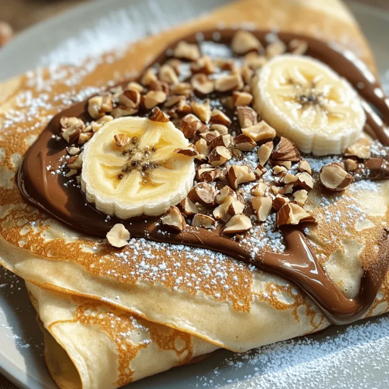 - 1 cup all-purpose flour - 2 large eggs - 1 1/2 cups milk - 1 tablespoon granulated sugar - 1/2 teaspoon fine salt - 2 tablespoons unsalted butter, melted (plus extra for cooking) - 1 ripe banana, sliced into thin rounds - 1/2 cup creamy chocolate hazelnut spread - 1/4 cup chopped hazelnuts, for garnish - Powdered sugar, for dusting For this recipe, I use standard measurements. If you need to make changes, here are some options: - You can swap all-purpose flour for gluten-free flour. It works well for crepes. - Use almond milk or oat milk instead of regular milk for a dairy-free version. - If you want less sugar, cut down on the granulated sugar. The bananas add sweetness. When buying ingredients, I prefer these brands for the best results: - Flour: King Arthur Flour for its quality. - Chocolate Hazelnut Spread: Nutella is a classic choice, but look for Justin's for a natural option. - Butter: Kerrygold for its rich flavor. - Powdered Sugar: Domino is widely available and mixes well. These choices can help you create the most tasty chocolate hazelnut banana crepes. To start, grab a large mixing bowl. Add 1 cup of all-purpose flour, 2 large eggs, and 1 1/2 cups of milk. Sprinkle in 1 tablespoon of granulated sugar and 1/2 teaspoon of fine salt. Use a whisk to blend everything until it's smooth and lump-free. Next, stir in 2 tablespoons of melted unsalted butter. Cover the bowl with a cloth and let it rest for 30 minutes. This resting time helps the flour soak up the liquid. Next, heat a non-stick skillet over medium heat. Once it's hot, add a small pat of butter. Swirl the butter around to coat the pan. For each crepe, pour about 1/4 cup of the batter into the skillet. Quickly tilt and swirl the skillet to spread the batter into a thin layer. Cook the crepe for 1-2 minutes. You want the edges to lift and the bottom to turn golden brown. Then, carefully flip the crepe with a spatula and cook for another minute. After cooking, stack the crepes on a plate. Add more butter for the next crepes to avoid sticking. Now, it’s time to fill your crepes. Take one cooked crepe and spread about 1 tablespoon of chocolate hazelnut spread on one half. Lay a few banana slices on top of the spread. Fold the crepe in half, then fold it again to make a triangle. This keeps the filling inside. Place the filled crepes on serving plates. Sprinkle chopped hazelnuts on top and dust with powdered sugar. For extra sweetness, you can drizzle more chocolate hazelnut spread just before serving. Enjoy your tasty creation! To get your crepes just right, start with a smooth batter. Whisk the flour, eggs, milk, sugar, and salt until it’s lump-free. Letting the batter rest for 30 minutes helps. This gives the flour time to soak up the liquid. A well-rested batter makes thin, flexible crepes. One mistake is pouring too much batter into the pan. Use only about 1/4 cup for each crepe. If the crepe is thick, it won’t cook evenly. Another error is skipping the butter in the pan. It keeps the crepes from sticking. Remember to flip the crepe when the edges are brown. Cooking too long makes them tough. For the best results, use a non-stick skillet or a crepe pan. A flat spatula works well for flipping. A whisk is great for mixing the batter. If you have a ladle, it can help pour the batter evenly. Finally, a measuring cup ensures you use the right amount of batter for each crepe. {{image_4}} If you want a nut-free version, swap the chocolate hazelnut spread with a sunbutter or soy nut butter. These spreads give similar creaminess without nuts. You can also use a simple chocolate spread made from cocoa and sugar. Just look for products that do not include nuts in the ingredients. You can change up the filling for fun flavors. Try fresh berries like strawberries or blueberries for a fruity twist. Cream cheese mixed with sugar and vanilla makes a tasty base for fresh fruit. You can also add a splash of vanilla extract to the batter for extra flavor. For a tropical touch, use sliced mango or pineapple. To make vegan crepes, replace eggs with a flaxseed meal mix. Use 1 tablespoon of ground flaxseed with 2.5 tablespoons of water. Let it sit for a few minutes until it thickens. Use almond milk or oat milk instead of regular milk. For the filling, opt for a dairy-free chocolate spread. This way, everyone can enjoy these tasty treats! To store leftover crepes, let them cool completely first. Then, stack them with a piece of parchment paper between each crepe. Place the stack in an airtight container. This helps keep them fresh. Store in the fridge for up to three days. If you plan to eat them later, this method works well. When you're ready to eat your crepes, take them out of the fridge. Heat a non-stick skillet over low heat. Place the crepe in the skillet for about 30 seconds on each side. This warms them up nicely. You can also use a microwave. Just place the crepe on a microwave-safe plate. Heat for about 15-20 seconds. Be careful not to overheat, as they can get tough. To freeze your crepes, cool them completely first. Stack the crepes with parchment paper between each one. Wrap the stack tightly in plastic wrap or foil. Place the wrapped stack in a freezer-safe bag. You can freeze them for up to two months. When you want to use them, thaw in the fridge overnight. Then, reheat as usual. This way, you always have a tasty treat ready to go! Yes, you can make the batter ahead. Prepare it and store it in the fridge for up to 24 hours. This makes it easy to whip up fresh crepes anytime. Just remember to stir the batter well before cooking, as it may separate. To stop crepes from sticking, use a non-stick pan. Heat it on medium and add a small amount of butter before each crepe. Swirl the butter to coat the pan. If you notice sticking, check the heat. Too high can cause sticking. Toppings can be fun and creative. Here are some ideas: - Fresh berries like strawberries or raspberries - Whipped cream or Greek yogurt - Drizzles of honey or maple syrup - Chopped nuts, like almonds or walnuts - Slices of other fruits, like apples or peaches Feel free to mix and match these toppings to find your favorite combinations! In this blog post, we explored the essential ingredients and step-by-step instructions for making delicious crepes. I shared tips to help you avoid common mistakes and suggested variations, catering to different dietary needs. Remember, storing and reheating crepes is simple, ensuring you can enjoy them later. Crepes are fun to make and eat. With practice, you’ll become a crepe expert. Enjoy your cooking adventures and keep experimenting with new flavors!