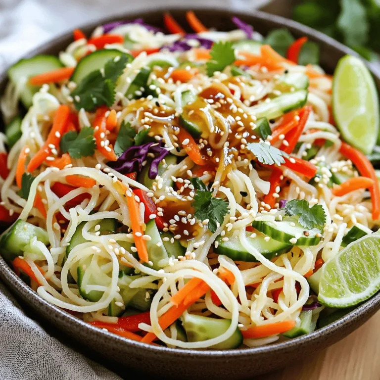 For this vibrant salad, you will need: - 8 oz rice noodles - 1 cup shredded carrots - 1 cup cucumber, julienned - 1 bell pepper (red or yellow), thinly sliced - 1 cup red cabbage, finely shredded - 4 green onions, thinly sliced - 1/4 cup sesame seeds, lightly toasted for flavor - 1/4 cup fresh cilantro, chopped These fresh veggies add color and crunch. Each bite bursts with flavor. The rice noodles provide a chewy base that holds everything together. To make the dressing, gather these simple items: - 1/4 cup low sodium soy sauce - 2 tablespoons sesame oil - 1 tablespoon fresh ginger, finely grated - 2 tablespoons honey or maple syrup - 1 tablespoon rice vinegar - 1 teaspoon sriracha (optional for a spicy kick) - Salt and pepper, to taste This dressing adds depth to the salad. The ginger gives it a zesty kick. Adjust the sweetness with honey or maple syrup. For added flair, consider these garnishes: - Extra sesame seeds - More fresh cilantro - Lime wedges These toppings enhance the dish’s look and taste. Lime wedges add a bright, fresh note to your salad. First, grab 8 oz of rice noodles. Bring a pot of water to a boil. Once boiling, add the noodles. Cook them according to the package instructions until they are al dente. This usually takes about 4 to 6 minutes. After cooking, drain the noodles in a colander. Rinse them under cold running water. This stops the cooking process and cools them down. Set the noodles aside for later use. Next, take a large mixing bowl. Add 1 cup of shredded carrots, 1 cup of julienned cucumber, and 1 thinly sliced bell pepper, either red or yellow. Then, add 1 cup of finely shredded red cabbage. Mix all the vegetables together well. This helps to spread out the colors and flavors evenly in the bowl. Finally, add the sliced green onions to the mix. Now, it’s time to make the dressing. In a smaller bowl, combine 1/4 cup of low sodium soy sauce with 2 tablespoons of sesame oil. Add 1 tablespoon of finely grated fresh ginger. Then, mix in 2 tablespoons of honey or maple syrup, depending on your sweet preference. Pour in 1 tablespoon of rice vinegar and 1 teaspoon of sriracha if you want some heat. Whisk everything together until it’s well blended. Season with salt and pepper to taste. Remember, you can always add more seasoning if needed. To cook rice noodles well, follow these steps: - Use a large pot of boiling water. - Add noodles and stir gently to prevent sticking. - Cook for just 4-6 minutes until they are al dente. - Drain the noodles in a colander. - Rinse them under cold water to stop cooking. This method keeps the noodles firm and prevents them from getting mushy. You can boost flavors in your sesame ginger noodle salad: - Add more fresh ginger for a spicier kick. - Mix in lime juice for a zesty twist. - Use toasted sesame oil for a richer taste. - Experiment with different sweeteners like agave syrup. Adjust these ingredients to match your flavor preference! For a beautiful presentation, try these tips: - Use a large bowl to show off the colorful ingredients. - Add extra sesame seeds on top for crunch. - Garnish with fresh cilantro for a green pop. - Serve with lime wedges on the side for a fresh touch. These ideas make your dish visually appealing and tasty! {{image_4}} Adding protein to your sesame ginger noodle salad makes it more filling. Try grilled chicken or shrimp for a tasty twist. You can also use tofu for a plant-based option. Just cube the tofu and sauté it until golden brown. This small change gives your salad more texture and flavor. If you want to keep it vegetarian or vegan, replace honey with maple syrup. This small swap keeps the sweetness without using any animal products. You can also add chickpeas or edamame for protein. These options pack in flavor and nutrients while keeping the dish plant-based. Feel free to mix up the veggies! Broccoli florets or snap peas add a nice crunch. You can add radishes for a peppery taste or avocado for creaminess. Each vegetable brings unique flavors and colors to your salad. Explore and find your favorite combinations! To store your leftover sesame ginger noodle salad, place it in a clean, airtight container. This keeps the flavors fresh and prevents any spills. Refrigerate the salad within two hours of making it. If you want to keep the dressing separate, store it in a small jar. This way, the noodles and veggies won’t get soggy. You can enjoy this salad cold or at room temperature. If you prefer it warm, gently reheat it in a pan over low heat. Add a splash of water or more dressing to keep it moist. Avoid using a microwave, as it can make the noodles rubbery. Your sesame ginger noodle salad stays fresh for about three days in the fridge. After that, the veggies may lose their crunch. If you notice any odd smells or changes in color, it’s best to toss it. Enjoy the salad within this time for the best taste and texture. Yes, you can make this salad ahead of time. I often prepare it a few hours in advance. The flavors blend well when they sit. Just keep it in the fridge until you’re ready to serve. If you plan to store it overnight, hold off on adding the dressing until just before eating. This keeps the noodles and veggies crisp. If you don’t have rice noodles, you can use other options. Some good substitutes are soba noodles or whole wheat spaghetti. You might even try zucchini noodles for a low-carb option. Just remember to adjust cooking times to get the right texture. The dressing has a mild kick with sriracha. It adds flavor but is not too hot. If you like more spice, you can add more sriracha. Start with a little and taste as you go. This way, you can find the perfect heat level for your taste. This salad combines fresh ingredients, tasty dressings, and fun garnishes. You learned how to cook rice noodles and prepare veggies. I shared tips for flavor and style, along with storage advice. Try different proteins or veggies to change it up. Leftovers are easy to keep fresh. Use our FAQ section for quick answers. Enjoy making this salad! It’s fun and full of flavor.