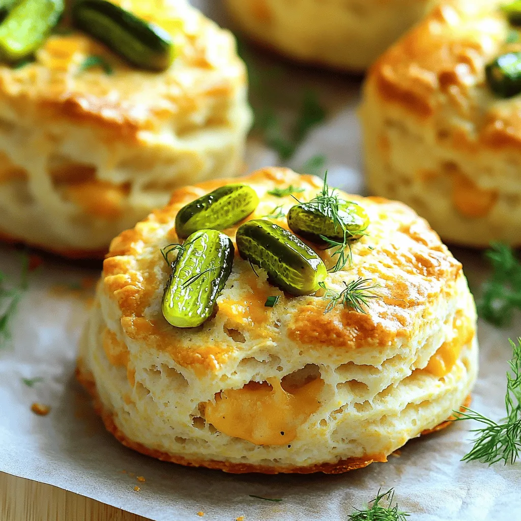 - 2 cups all-purpose flour - 1 tablespoon baking powder - 1/2 teaspoon baking soda - 1 teaspoon salt - 1/2 cup cold unsalted butter, diced into small cubes - 1 cup shredded sharp cheddar cheese - 3/4 cup dill pickles, finely chopped (plus extra slices for garnish) - 1/2 cup buttermilk - 1 tablespoon fresh dill, finely chopped (optional for herbaceous flavor) - 1 tablespoon Dijon mustard (for an extra flavor kick and depth) To make these dill pickle cheddar biscuits, gather all your ingredients first. Fresh ingredients make a big difference! I love sharp cheddar cheese for its rich flavor. The dill pickles add a nice crunch and tang. If you want more herb flavor, use fresh dill. The buttermilk makes the biscuits soft and tender. Using cold butter is key; it helps the biscuits rise and stay flaky. Now, let’s look at what each ingredient does: - All-purpose flour: This is the base of your biscuits. It gives structure and helps them rise. - Baking powder and baking soda: These are your leavening agents. They help the biscuits puff up in the oven. - Salt: This adds flavor and enhances the taste of the other ingredients. - Butter: Cold, diced butter creates flaky layers. It melts during baking, making pockets of air. - Cheddar cheese: The sharp flavor makes each bite exciting. It also adds richness. - Dill pickles: These add a unique taste and texture. They’re the star of this recipe! - Buttermilk: This adds moisture and a slight tang. It keeps your biscuits soft. - Fresh dill: Optional, but it boosts that fresh herb taste. - Dijon mustard: This ingredient gives an extra kick. It adds depth to the flavor. Once you have everything ready, you’re all set to make something delicious! Set your oven to 425°F (220°C). Line a baking sheet with parchment paper. This helps biscuits come off easily. In a large bowl, mix 2 cups of all-purpose flour, 1 tablespoon of baking powder, and 1/2 teaspoon of baking soda. Add 1 teaspoon of salt. Whisk them well to blend. Next, take 1/2 cup of cold unsalted butter, cut into small cubes. Use a pastry cutter or your fingers to mix it into the flour. You want it to look like coarse crumbs. Now, fold in 1 cup of shredded sharp cheddar cheese and 3/4 cup of finely chopped dill pickles. If you want, add 1 tablespoon of fresh dill for more flavor. In another bowl, whisk together 1/2 cup of buttermilk and 1 tablespoon of Dijon mustard. Slowly add this mix to the dry ingredients. Stir gently until it forms a dough. Don’t overmix; this keeps your biscuits soft. Lightly flour your work surface. Turn the dough out onto it and knead it a few times. Form it into a disk about 1 inch thick. Use a biscuit cutter or a round glass to cut out biscuits. Place them on the prepared baking sheet. Gather any leftover dough. Knead it lightly and cut out more biscuits until you use all the dough. Put the baking sheet in your preheated oven. Bake for 12-15 minutes, or until the tops turn golden brown. Take the biscuits out of the oven and let them cool for a bit. For a fun touch, add extra slices of dill pickles on top before serving. To get those perfect flaky biscuits, keep your butter cold. Cold butter makes the dough rise higher. When you mix it into the flour, aim for coarse crumbs. Use a pastry cutter or your fingers to blend. This helps create layers, which lead to a flaky texture. Also, avoid overworking the dough. It’s okay if it looks a bit rough! Fresh ingredients make a big difference. Choose sharp cheddar cheese for bold flavor. Dill pickles should be crunchy and tangy. If you use fresh dill, it adds a nice herb note. Buttermilk adds moisture and richness. Using fresh ingredients ensures your biscuits taste amazing and lively. It’s all about those vibrant flavors! For the best biscuit shape, use a round cutter to cut them out. Don’t twist the cutter, as this seals the edges and keeps them from rising. Place them close together on the baking sheet for soft sides. If you want crispier edges, space them apart. Remember to pat the dough to about an inch thick. This helps them bake evenly! {{image_4}} You can easily boost the flavor of your dill pickle cheddar biscuits by adding herbs. Fresh herbs like chives, parsley, or thyme work great. Just chop a tablespoon or two and mix them into the dough. This adds a fresh taste and a pop of color. You can use dried herbs too, but fresh gives a better flavor. If you want a stronger herb taste, try adding a bit more. While sharp cheddar gives a nice kick, you can swap it for other cheeses. Try using mozzarella for a milder flavor or pepper jack for some heat. Feta can add a tangy twist that pairs well with dill pickles. You can also blend different cheeses to create your own unique flavor. Be sure to adjust the amount depending on the cheese you choose. Explore with different types of pickles to change the taste. Bread and butter pickles add a sweet flavor. For a crunchier bite, try using dill spears instead of chopped pickles. You can even mix in some spicy pickles for an extra kick. Each type of pickle will give your biscuits a new and exciting twist. Don't be afraid to experiment and find your favorite! After enjoying your dill pickle cheddar biscuits, store any leftovers. Place them in an airtight container. This keeps them fresh and soft. You can store them at room temperature for up to two days. If you want them to last longer, use the fridge. In the fridge, they stay good for about a week. To enjoy your biscuits warm again, reheating is simple. Preheat your oven to 350°F (175°C). Place the biscuits on a baking sheet. Heat them for about 5 to 10 minutes. This warms them through and keeps the texture nice. You can also microwave them for about 20 seconds. Just be careful not to overheat them, or they'll get tough. If you want to save biscuits for later, freezing works great. First, let the biscuits cool completely. Then, wrap each biscuit in plastic wrap. After that, place them in a freezer bag. Label the bag with the date. They can stay frozen for up to three months. When you are ready to eat them, just thaw them in the fridge overnight. Then, reheat them in the oven for the best taste. Yes, you can use whole wheat flour. This change gives the biscuits a heartier texture. However, they may be denser and less fluffy. To keep them light, mix half whole wheat with half all-purpose flour. This way, you keep some fluffiness while adding nutrition. These biscuits stay fresh for about two days at room temperature. To keep them longer, store them in an airtight container. They last up to a week in the fridge. For best taste, reheat them before serving. These biscuits taste great with various dips. Try serving them with ranch dressing or a creamy dill dip. You can also use butter or a spread made with cream cheese and herbs. They complement soups and salads well too. You can make the dough in advance! Wrap it tightly in plastic wrap and refrigerate. Use it within two days for the best taste. When ready to bake, roll it out and cut your biscuits. This helps save time when you're busy. You learned how to make dill pickle cheddar biscuits with simple, clear steps. We covered key ingredients and easy instructions. I shared tips for great texture and flavor, along with storage ideas. With these methods, you can enjoy tasty biscuits anytime. Experiment with variations to find your perfect fit. Now, it’s time to bake and share these delicious biscuits with friends and family. They'll love your creation!
