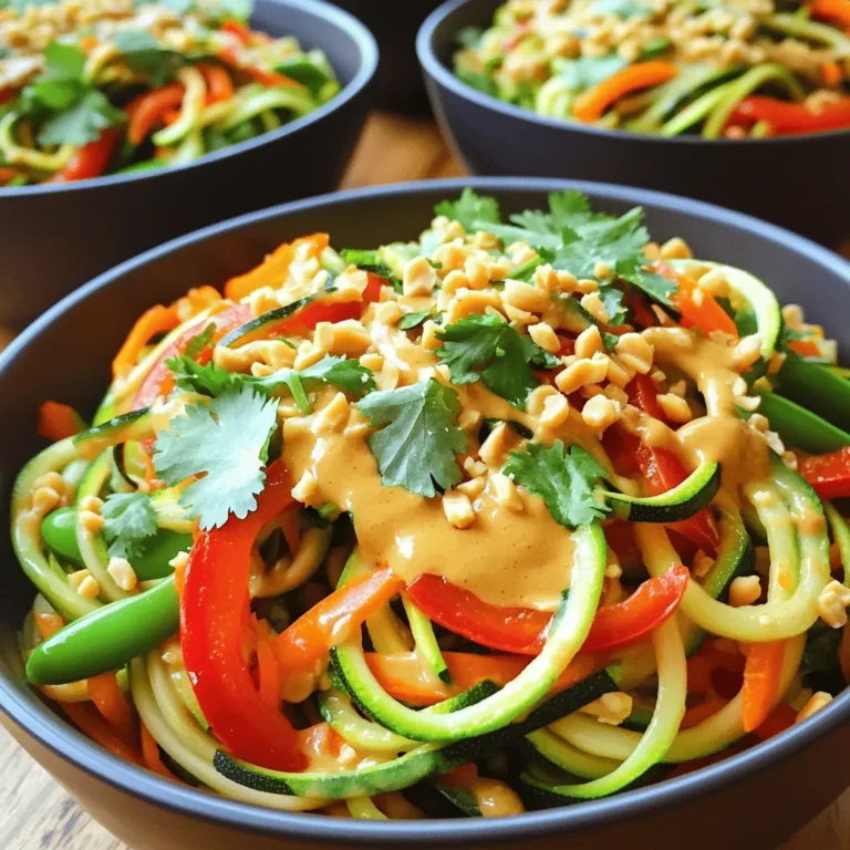 To make a spicy peanut zoodle stir fry, gather these fresh and vibrant ingredients: - 2 medium zucchinis, spiralized into zoodles - 1 red bell pepper, thinly sliced - 1 cup snap peas, trimmed - 1 medium carrot, julienned - 1 cup fresh bean sprouts - 2 green onions, finely chopped - 1 tablespoon sesame oil - 2 cloves garlic, minced - 1-inch piece of fresh ginger, grated - 1/4 cup creamy peanut butter - 3 tablespoons soy sauce (or tamari if gluten-free) - 1 tablespoon sriracha (adjust based on preferred spice level) - 1 tablespoon honey or maple syrup - 1 teaspoon fresh lime juice - Crushed peanuts and fresh cilantro for garnish These ingredients blend well for a tasty dish. The zoodles are the star, replacing regular noodles. They add a fresh crunch and cut down on carbs. The red bell pepper gives sweetness, while the snap peas add a nice snap. The carrots and bean sprouts bring color and texture. The sauce is where the magic happens. Peanut butter gives a creamy base, while soy sauce adds salt. Sriracha gives heat, and honey or maple syrup balances it out. Lime juice brightens the flavors, making each bite a delight. For garnish, crushed peanuts add crunch, and cilantro brings freshness. This dish is not only tasty but also easy to prepare. Grab these ingredients, and let's make something special! - Spiralizing Zucchinis: Start by washing the zucchinis. Use a spiralizer to create long strands. These strands are called zoodles. Make sure to turn the zucchini evenly as you spiralize. This helps you get nice, even noodles. - Setting Zoodles Aside: Place the zoodles in a large bowl. This keeps them fresh while you prepare the rest of the dish. - Mixing Ingredients in a Bowl: In a small bowl, add peanut butter, soy sauce, sriracha, honey (or maple syrup), and lime juice. Use a whisk to blend them well. Look for a smooth texture as you mix. - Adjusting Consistency with Water: If the sauce is too thick, add warm water. Start with a tablespoon and mix. Keep adding until you reach the right thickness for a pourable sauce. - Heating Sesame Oil and Sautéing Garlic & Ginger: Heat sesame oil in a large skillet over medium-high heat. Once hot, add minced garlic and grated ginger. Sauté for about 30 seconds. This brings out their strong, rich flavors. - Adding Vegetables and Cooking Time: Now, add sliced red bell pepper, trimmed snap peas, and julienned carrot. Stir-fry these vegetables for 3-4 minutes. You want them tender but still crunchy. - Mixing Zoodles and Vegetables: Add the zoodles and fresh bean sprouts to the skillet. Pour the peanut sauce over everything. - Ensuring Even Coating with Peanut Sauce: Toss all the ingredients together. Stir quickly over heat for 2-3 minutes. This makes sure the zoodles get warm and coated in the sauce. - Using Green Onions, Crushed Peanuts, and Cilantro: Remove the skillet from heat. Chop green onions and sprinkle them on top. Add crushed peanuts and fresh cilantro for extra flavor and crunch. - Presentation Tips for Serving: Serve your stir fry in deep bowls. This shows off the bright colors of the zoodles and veggies. For an extra kick, drizzle more sriracha on top before serving! Avoiding Sogginess in Zoodles To keep your zoodles crisp, do not overcook them. Cook zoodles for about 2-3 minutes. This way, they stay firm and fresh. You can also pat them dry with a paper towel to remove excess moisture before cooking. This helps prevent sogginess in your stir fry. Recommended Cooking Time for Vegetables For veggies like bell peppers and snap peas, aim for 3-4 minutes of stir-frying. They should remain vibrant and slightly crunchy. This short cooking time keeps all those nutrients locked in, making your meal healthy and tasty. Adding More Spice Options If you crave more heat, add red pepper flakes or extra sriracha. You can also try chili oil for a different kick. Each option adds a unique layer of flavor to your dish. Ingredients for Extra Crunch For extra crunch, toss in some chopped nuts or crispy fried onions. These add texture and a fun twist to the dish. You can even add water chestnuts for a delightful crunch if you have them. Substitute Options for Peanut Butter If you need a nut-free option, try sunflower seed butter. It has a similar creamy texture and flavor. You can also use tahini for a different taste profile. Each alternative brings its unique flair to the sauce. Adjusting Sweetness and Spiciness Feel free to tweak the sweetness and spice levels in your sauce. If you like it sweeter, add a touch more honey or maple syrup. For more heat, increase the sriracha. Taste as you mix until you find your perfect balance. {{image_4}} You can add protein to make this dish heartier. Chicken, tofu, or shrimp all work well. - Chicken: Cook bite-sized pieces in the pan until golden. - Tofu: Use firm tofu. Press it before cooking for a better texture. - Shrimp: Add peeled shrimp directly to the pan for a quick cook. Each option adds its unique taste and texture. Try different proteins to find your favorite! Feel free to customize the veggie mix in your zoodle stir fry. - Broccoli: Add small florets for crunch. - Mushrooms: Use sliced shiitake or button mushrooms for earthiness. - Spinach: Stir in fresh spinach for a vibrant color. Mix and match as you like! The more colors, the better the dish looks and tastes. If you need a gluten-free dish, swap soy sauce for tamari. - Tamari: It has a similar taste but is made without wheat. This small change keeps the flavor while meeting dietary needs. Enjoy your meal without worry! To keep your Spicy Peanut Zoodle Stir Fry fresh, store it in airtight containers. This helps to lock in flavor and moisture. Make sure to let the dish cool down before sealing. It stays good in the fridge for up to three days. If you see any discoloration or odd smells, it's best to toss it out. Best Practices for Freezing Zoodles Zoodles can become mushy when thawed. To freeze them, lightly sauté the zoodles first. This helps preserve their texture. Once cooled, place them in freezer-safe bags or containers. Aim to use them within a month for the best taste. Reheating Instructions for Leftovers When reheating, use a skillet on low heat. Add a splash of water or broth to keep them moist. Stir gently until heated through. Avoid using the microwave, as it can make the zoodles soggy. Enjoy your meal again without losing flavor! Zoodles are zucchini noodles made by spiralizing zucchinis. They are a low-carb and gluten-free alternative to pasta. Zoodles are rich in vitamins A and C. They also provide fiber, which aids digestion. Using zoodles adds freshness to your meals and keeps them light. They soak up flavors well, making them perfect for stir-fries. Yes, you can use other nut butters. Almond butter and cashew butter work well too. Each nut butter brings its unique flavor to the dish. Almond butter adds a mild sweetness, while cashew butter gives a creamier texture. Just keep the ratios similar to the peanut butter in the recipe. To add more heat, increase the sriracha in the sauce. You can also add red pepper flakes to the stir-fry. For a fresh spice kick, try adding sliced jalapeños. If you love heat, use a spicy peanut butter. Always taste as you go to find the right balance for your heat level. This dish pairs well with rice or quinoa for a hearty meal. You could also serve it with grilled chicken or shrimp for added protein. A light salad with a citrus dressing complements the flavors nicely. If you want something crunchy, try serving with crispy spring rolls. You learned how to make a tasty Spicy Peanut Zoodle Stir Fry. We covered the ingredients, making zoodles, and creating the peanut sauce. I shared tips to avoid sogginess and enhance flavor. You can add protein, swap vegetables, or choose gluten-free options. This dish is versatile and fun to make. Enjoy playing with flavors, crunch, and spice! Keep these tips in mind for a delicious meal every time.