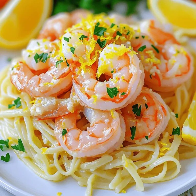 - 1 pound large shrimp, peeled and deveined - 4 tablespoons unsalted butter - 3 tablespoons olive oil - 4 cloves garlic, minced - 1 teaspoon red pepper flakes - Zest of 1 lemon - Juice of 2 fresh lemons - Grated Parmesan cheese - Fresh parsley, finely chopped - 8 ounces linguine or spaghetti When I create Lemon Garlic Shrimp Scampi, I start with the essential ingredients. Use large shrimp that are peeled and deveined. This means they are ready to cook without fuss. I use unsalted butter and olive oil. These fats give the dish a rich flavor. Don't forget the garlic! Minced garlic adds a punch that makes the dish sing. I also add red pepper flakes for a hint of heat. You can adjust this to your taste. For a brighter flavor, I often use optional ingredients. Lemon zest adds a fresh scent. I squeeze juice from fresh lemons to give the dish a tangy kick. Grated Parmesan cheese makes it creamy and rich. Fresh parsley is great for garnish. It adds a pop of color and freshness. To tie everything together, I recommend linguine or spaghetti. Both pasta types work well with the shrimp and sauce. The pasta holds the sauce nicely, making every bite a delight. - Bring salted water to a boil. - Cook linguine or spaghetti until al dente. - Reserve pasta cooking water before draining. Start by boiling a large pot of salted water. This step helps to flavor the pasta. Once the water is boiling, add your linguine or spaghetti. Stir occasionally to prevent sticking. Cook according to the package directions until it is al dente. This means it should be firm to the bite. Before draining, save about one cup of the pasta water. This water will help to create a silky sauce later. Drain the pasta and set it aside in a colander. - Season shrimp with salt and black pepper. - Heat butter and olive oil in a skillet. Next, grab your shrimp. They should be peeled and deveined. Place them in a bowl and season generously with salt and freshly ground black pepper. This step adds great flavor. Now, take a large skillet and heat four tablespoons of butter along with three tablespoons of olive oil over medium heat. You want the butter to melt and start bubbling. - Sauté garlic and red pepper flakes. - Add shrimp, cooking until pink and opaque. - Incorporate lemon zest and juice. Once the butter melts, toss in four minced garlic cloves and one teaspoon of red pepper flakes. Stir this mixture for about one minute. The goal is to make the garlic fragrant without letting it brown. Carefully add the seasoned shrimp to the skillet in a single layer. Cook the shrimp for about two to three minutes on each side. They should turn pink and opaque, which tells you they are done. Overcooking will make them tough, so keep an eye on them! Now, sprinkle in the zest of one lemon and pour in the juice of two fresh lemons. Stir well to coat the shrimp. Let this cook for one more minute to meld the flavors together. The bright lemon will balance the richness of the butter and oil. To avoid overcooking shrimp, cook them for just 2-3 minutes on each side. Look for the pink color and opaque texture. This shows they are ready. Overcooked shrimp can become rubbery. So, watch them closely! Reserving pasta water is key. This starchy water helps bind the sauce and pasta. As you mix your dish, add a splash if it seems dry. It makes the sauce creamy and rich. You can adjust spice levels with red pepper flakes. If you like heat, add more flakes. For a milder dish, use less. Start with one teaspoon, then taste and adjust. This way, everyone enjoys their meal. To enhance the flavor, add more lemon juice. Fresh lemon juice brightens the dish. If you want a zesty kick, squeeze in a bit extra. It makes the shrimp taste fresh and vibrant. For a vibrant dish, serve it in a large, shallow bowl. The pasta and shrimp look great together. You can add lemon wedges on the side for color. Garnishing with parsley adds freshness. Sprinkle chopped parsley on top just before serving. It makes your dish pop and smell great. A touch of lemon zest can also brighten the look! {{image_4}} You can switch up the seafood in this dish. Scallops or lobster work great. They add a sweet and rich flavor. If you want more veggies, toss in spinach or cherry tomatoes. They add color and nutrients, making the dish even better. Not everyone can eat regular pasta. You can use gluten-free linguine or spaghetti. Zoodles, made from zucchini, are a fun choice too. They keep the dish light and fresh while still being tasty. Want to boost the flavor? Add a splash of white wine. It adds depth and richness. You can also mix in fresh herbs like basil or thyme. They bring a lovely aroma and taste to the dish. To keep your shrimp scampi fresh, store it in the fridge. Use an airtight container. This helps keep moisture in and air out. Make sure to use it within two days for the best taste. When reheating, avoid overcooking the shrimp. This keeps them tender and juicy. Use the stovetop for even heating. Just warm it slowly over low heat. You can also use the microwave. Heat it in short bursts to prevent cooking it too much. You can freeze Lemon Garlic Shrimp Scampi, but it may change texture. If you freeze it, use a freezer-safe container. To thaw, place it in the fridge overnight. This keeps the shrimp from getting tough. Reheat it gently for the best results. Making Lemon Garlic Shrimp Scampi is quick and easy. Here’s the breakdown: - Prep time: 10 minutes - Cook time: 20 minutes - Total time: 30 minutes You can have a beautiful meal ready in half an hour! Yes, you can use frozen shrimp. Here are some tips: - Thaw the shrimp: Place them in the fridge overnight or run them under cold water. - Dry well: After thawing, pat them dry to help them cook evenly. Using frozen shrimp can still yield a tasty dish if you prepare them right! You can pair this dish with many sides. Here are some great options: - Garlic bread: Perfect for soaking up the sauce. - Steamed vegetables: Broccoli or asparagus add color and nutrition. - Simple salad: A fresh green salad balances the richness. These sides will enhance your meal and create a lovely presentation! In this blog post, I shared a simple recipe for Lemon Garlic Shrimp Scampi. We covered key ingredients, step-by-step cooking instructions, and helpful tips to enhance your dish. You learned about optional ingredients and how to store or reheat leftovers. Whether you stick to shrimp or explore variations with different seafood or vegetables, enjoy the flavors. This dish is easy to customize, so make it your own. Cooking can be fun and rewarding, and I hope you give this recipe a try!