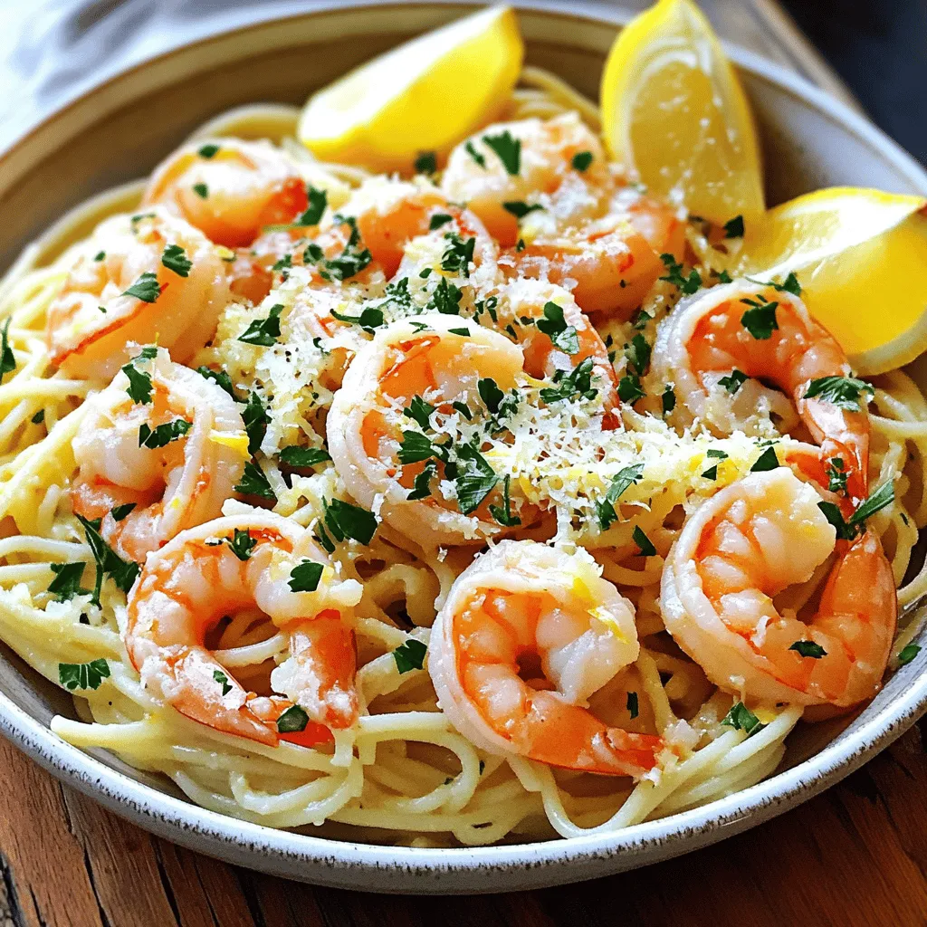 - 1 pound large shrimp, peeled and deveined - 4 tablespoons unsalted butter, divided - 2 tablespoons extra virgin olive oil - 6 cloves garlic, finely minced - 1 teaspoon red pepper flakes - Zest and juice of 1 large lemon - Sea salt and freshly cracked black pepper to taste - 1/4 cup fresh parsley, finely chopped - Grated Parmesan cheese (optional for serving) Each ingredient plays a key role in making this dish shine. The large shrimp create a tender bite, while the butter and olive oil form a rich base. Garlic adds a savory kick, and red pepper flakes bring warmth. The lemon zest and juice brighten the dish with zesty flavor. Fresh parsley offers a pop of color and freshness, while Parmesan adds a creamy finish if you choose to include it. This combination makes the dish simple yet full of flavor. The ingredients are easy to find, making it fun to prepare. You can adjust the red pepper flakes to fit your heat preference. Enjoy the process of cooking and the delightful aroma that will fill your kitchen! First, bring a large pot of salted water to a boil. Add 8 ounces of linguine or spaghetti. Cook until al dente, which takes about 8-10 minutes. Remember to save 1/2 cup of the starchy pasta water before draining. This water adds flavor and thickness to your sauce later. In a large skillet, melt 2 tablespoons of unsalted butter with 2 tablespoons of olive oil over medium heat. Once it starts bubbling, add 6 finely minced garlic cloves and 1 teaspoon of red pepper flakes. Sauté for about 1 minute until the garlic smells great. Next, add the shrimp in a single layer. Cook for 2-3 minutes on each side until they turn pink and opaque. Season with sea salt and cracked black pepper to taste. Now it’s time to make the sauce! Add the zest of 1 large lemon and 1/4 cup of freshly squeezed lemon juice to the shrimp. Stir well to mix. Then, toss in the remaining 2 tablespoons of butter. Let it melt into the mix, creating a rich, zesty sauce that will coat your pasta beautifully. To get tender shrimp, avoid overcooking. Cook them just until they turn pink. This will take about 2 to 3 minutes per side. For the best flavor, always use fresh shrimp. Frozen shrimp can work, but fresh shrimp tastes better. You can customize the heat level of your dish. Add red pepper flakes to your taste. If you like it spicier, try more flakes. For a tangier taste, squeeze in more lemon juice. This will brighten the dish and balance the flavors. Serve your shrimp scampi in shallow bowls. This makes the dish look nice and inviting. Garnish with lemon wedges and fresh parsley. The bright colors will make your meal pop. Plus, it adds extra flavor when you squeeze the lemon on top. {{image_4}} You can switch up the pasta for Lemon Garlic Shrimp Scampi easily. Whole wheat pasta gives you more fiber, making the dish healthier. Gluten-free pasta is a great choice if you have a gluten allergy. You can also try different shapes like penne or fettuccine. Each shape holds sauce differently, adding a fun twist to your meal. If you want a dairy-free dish, simply skip the butter. You can use olive oil instead, which works well. If you’re not a fan of shrimp, try scallops or chicken. Both options still pair nicely with the lemon and garlic flavors. Just adjust the cook time as needed to ensure they are cooked through. To boost the flavor, add veggies like spinach or asparagus. They add color and nutrients too. You can also pour in a splash of white wine when cooking the shrimp. This adds depth and richness to the sauce. These small changes can make your dish even more exciting! To store your leftover Lemon Garlic Shrimp Scampi, let it cool first. Place it in an airtight container. It’s best to eat leftovers within 2 days for the best taste. Use glass or plastic containers with tight lids. These containers keep the dish fresh and tasty. When you reheat shrimp scampi, do it gently. Use a pan over low heat. This helps keep the shrimp tender. If you use the microwave, heat in short bursts. Stir often, so it warms evenly. To keep the pasta moist, add a splash of water. This prevents it from drying out. You can freeze cooked shrimp scampi, but it’s not the best choice. The shrimp may get tough when frozen. If you still want to freeze it, place it in a freezer-safe container. Be sure to squeeze out as much air as possible. To defrost, place it in the fridge overnight. Then, reheat gently on the stove or in the microwave. Add a bit of water to keep it saucy. The total time to make this dish is about 25 minutes. You will spend around 10 minutes prepping and 15 minutes cooking. This quick time makes it perfect for a busy weeknight dinner. Yes, you can use frozen shrimp! Just remember to thaw them before cooking. To do this, place the shrimp in a bowl of cold water for about 15-20 minutes. Pat them dry with a towel afterward. This step helps them cook evenly. This dish pairs well with several sides: - Garlic bread for a crunchy bite - A fresh salad for some greens - Steamed vegetables for added color and nutrition - Rice or quinoa to soak up the sauce To adjust the recipe, you can easily double or halve the ingredients. If you double, use 2 pounds of shrimp and 8 tablespoons of butter. For halving, use 1/2 pound of shrimp and 2 tablespoons of butter. Just keep the cooking times the same. This way, you will keep the flavors balanced. This blog post guides you through making Lemon Garlic Shrimp Scampi. We discussed key ingredients, step-by-step instructions, and helpful tips for perfect shrimp. You learned about variations to suit different diets and how to store leftovers. Enjoying this dish can brighten any meal. With fresh ingredients and simple techniques, you can impress family and friends. Dive into this recipe and savor every bite!