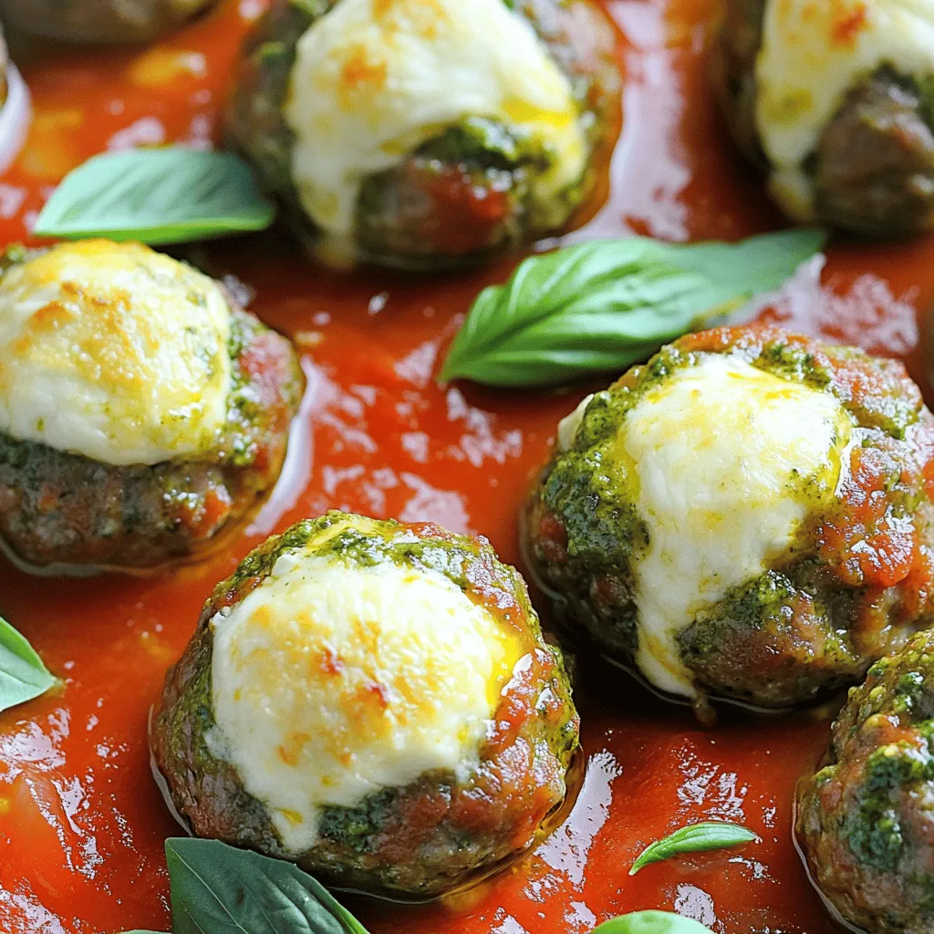 - 1 lb ground beef - 1 lb ground turkey - 1 cup breadcrumbs - 2/3 cup grated Parmesan cheese - 2 large eggs - 1 cup fresh basil pesto - 8 oz fresh mozzarella cheese, cut into small cubes - 2 cloves garlic, minced - 1 teaspoon Italian seasoning - Salt and pepper to taste - Olive oil for frying - Marinara sauce for serving You need a blend of meats for this dish. Mixing ground beef and turkey gives great flavor. The beef adds richness, while turkey keeps it light. You also need breadcrumbs and Parmesan cheese to hold the meatballs together. They add a nice texture too. Fresh basil pesto is key. It brings a burst of herb flavor. The mozzarella cheese melts inside, creating a gooey surprise. Minced garlic adds depth with its sharp taste. For seasoning, Italian seasoning boosts the flavor. Don’t forget salt and pepper. They help balance everything in the meatballs. Olive oil is for frying, giving a golden brown crust. Finally, marinara sauce serves as a tasty topping. It complements the meatballs perfectly. In a big bowl, combine 1 lb of ground beef and 1 lb of ground turkey. Stir in 1 cup of breadcrumbs and 2/3 cup of grated Parmesan cheese. Crack in 2 large eggs, then add 2 cloves of minced garlic and 1 teaspoon of Italian seasoning. Sprinkle in some salt and pepper to taste. Use your hands to mix everything well, but be careful. Overmixing makes meatballs tough. Take about 2 tablespoons of the meat mixture and flatten it in your palm. Place a small cube of fresh mozzarella cheese in the center. Fold the edges over the cheese and roll it into a smooth ball. Repeat until you use all the meat and cheese. This makes sure each meatball is packed with cheesy goodness. Heat a good drizzle of olive oil in a skillet over medium heat. When the oil is hot, add the meatballs in batches. Don’t overcrowd the pan! Cook them for 5-7 minutes, turning them so they brown on all sides. Once browned, transfer the meatballs to a baking dish. Pour marinara sauce over them, coating them well. Preheat your oven to 375°F. After it’s hot, bake the meatballs for 20-25 minutes until fully cooked. Let them cool for a few minutes, then enjoy! To make the best meatballs, follow these key tips. First, avoid overmixing the meat mixture. When you mix too much, the meatballs can become tough. Just blend until everything is combined. Second, ensure even cooking by not overcrowding the pan. When you add too many meatballs at once, the heat doesn’t distribute well. Cook in batches to get that perfect brown crust all around. Once your meatballs are done, add a special touch. Drizzle additional pesto before serving. This adds a fresh burst of flavor. Also, garnish with fresh basil and Parmesan cheese. This makes the dish look inviting and adds extra taste. These meatballs shine when paired with the right sides. Accompany them with crusty bread or a side of pasta. The bread helps soak up the marinara sauce. A light salad is also a great choice. It adds freshness and balances the meal. Enjoy these tips to elevate your pesto mozzarella stuffed meatballs! {{image_4}} You can swap ground turkey for ground chicken. This makes the dish lighter yet still tasty. If you prefer plant-based options, use lentils or chickpeas instead. You can also change the cheese. Provolone and cheddar both melt nicely and add unique flavors. Mixing cheeses gives a fun twist to the meatballs. Want to boost the taste? Chop fresh herbs like parsley or oregano and mix them in. These herbs add freshness and depth. You can also toss in diced sun-dried tomatoes or olives. They bring a sweet and tangy kick that brightens the meatballs. Experiment with flavors to find what you love most. For a healthier option, try grilling or air frying the meatballs. Both methods keep the meatballs juicy while cutting down on oil. If you like a rich sauce, cook them on the stovetop. Brown them first, then add marinara sauce to simmer. This will infuse the meatballs with extra flavor. Choose the method that suits your taste! To keep your pesto mozzarella stuffed meatballs fresh, store them in an airtight container in the fridge. This helps maintain their flavor and texture. They are best consumed within 3-4 days. After that, they may lose some of their taste and quality. Always check for any signs of spoilage before eating. If you want to save some for later, freeze the cooked meatballs. They can stay good for up to 3 months in the freezer. When you're ready to eat, you can reheat them directly from frozen. If you prefer, thaw them overnight in the fridge for easier reheating. For a quick meal, use the microwave. Just place the meatballs on a plate and heat them until warm. If you want the best texture, warm them in the oven. Preheat the oven to 350°F (175°C) and bake until heated through. This will help keep the outside nice and firm while the cheese inside remains gooey. Yes, you can prepare the meatballs ahead of time. Just mix all the ingredients and shape them into balls. Place them in the fridge if you plan to cook them soon. If you want to save them for later, freeze the meatballs. They freeze well and can last for months. These meatballs pair nicely with many sides. You can serve them with pasta, which soaks up the marinara sauce. Crusty bread is great for dipping, too. A fresh side salad adds a nice crunch and balances the meal. To keep the cheese inside, make sure the meat mixture is tightly rolled around the cheese. Press the edges well and seal them. This will help keep the gooey mozzarella from oozing out while they cook. Enjoy your flavorful meatballs without a mess! This recipe for pesto mozzarella stuffed meatballs combines beef and turkey for great flavor. You learned how to mix the ingredients, form the meatballs, and cook them perfectly. Remember, don’t overcrowd the pan and give your meatballs space to cook evenly. Feel free to swap out ingredients or try different cooking methods for variety. These meatballs are easy to store and make a fantastic meal on busy days. Enjoy them with your favorite sides for a delicious treat!