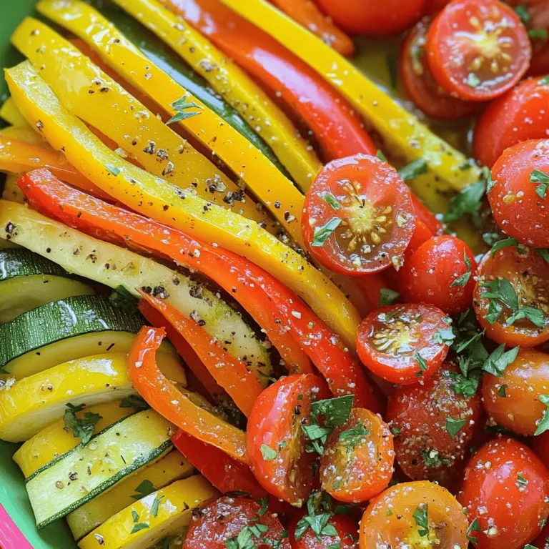 - 1 red bell pepper, cut into thin strips - 1 yellow bell pepper, cut into thin strips - 1 large orange carrot, sliced into rounds - 1 medium zucchini, sliced into half-moons - 1 red onion, chopped into bite-sized pieces - 1 cup cherry tomatoes, halved These colorful veggies create a feast for the eyes and the palate. Each vegetable brings its own flavor and texture. The bell peppers add sweetness, while the carrot offers crunch. The zucchini keeps things light, and the cherry tomatoes burst with juice. - 3 tablespoons extra virgin olive oil - 2 teaspoons dried oregano - 2 teaspoons dried thyme - 1 teaspoon garlic powder - Sea salt and freshly cracked black pepper to taste This herb mix enhances the veggies' natural flavors. Olive oil helps them roast nicely. Oregano and thyme give that earthy taste. Garlic powder adds a nice kick. Salt and pepper balance everything for a savory treat. - Fresh parsley, chopped (for garnish) Garnishing with fresh parsley adds color and a fresh taste. You can also add a drizzle of olive oil before serving. This makes the dish shine and looks appetizing. Enjoy this vibrant dish with family and friends! Start by preheating your oven to 400°F (200°C). This step heats the oven to the right level for roasting. A hot oven helps the veggies get tender and caramelized. Next, gather your vegetables. You will need: - 1 red bell pepper, cut into thin strips - 1 yellow bell pepper, cut into thin strips - 1 large orange carrot, sliced into rounds - 1 medium zucchini, sliced into half-moons - 1 red onion, chopped into bite-sized pieces - 1 cup cherry tomatoes, halved Wash all the vegetables well. Then, cut them as listed. Make sure the pieces are similar in size. This helps them cook evenly. In a large mixing bowl, add all the chopped vegetables. Then, pour in: - 3 tablespoons extra virgin olive oil - 2 teaspoons dried oregano - 2 teaspoons dried thyme - 1 teaspoon garlic powder - Sea salt and freshly cracked black pepper to taste Drizzle the olive oil over the veggies. Sprinkle the herbs and spices too. Use your hands or a spatula to mix everything well. Every piece should be coated with oil and seasoning. This ensures great flavor in every bite. Line a baking sheet with parchment paper. This helps prevent sticking. Spread the seasoned vegetables in a single layer on the sheet. Place the baking sheet in your preheated oven. Roast the veggies for 25-30 minutes. Turn them halfway through. This step helps them caramelize and get sweeter. You want them soft and slightly golden when done. Once the vegetables are tender, take them out of the oven. Let them cool for a few minutes. This waiting time lets the flavors settle nicely. Transfer the vibrant veggies to a serving platter. To make it look special, garnish with fresh parsley. A sprinkle of parsley adds color and freshness. For extra flair, drizzle a bit of olive oil on top. Serve them warm and enjoy! To get your vegetables just right, keep a few things in mind. First, cut the veggies into similar sizes. This helps them cook evenly. Aim for about one-inch pieces. Next, spread them out on the baking sheet. Crowding can lead to steaming instead of roasting. Finally, turn the veggies halfway through cooking. This ensures all sides get that lovely caramelization. To boost the taste, use fresh herbs when possible. They add bright flavors. You can also mix in a splash of balsamic vinegar or lemon juice. This adds a nice tang. If you like heat, sprinkle in some red pepper flakes. The mix of spices and herbs brings out the natural sweetness of the veggies. Serve the herb-roasted rainbow vegetables warm. They make a great side for grilled meats or fish. You can also toss them into salads for extra crunch. For a fun twist, add them to wraps or grain bowls. Don’t forget to drizzle a bit of olive oil on top for shine. A sprinkle of fresh parsley adds a lovely finish. {{image_4}} You can swap out any veggies in this recipe. Try broccoli, asparagus, or cauliflower. These choices add different colors and flavors. I love using eggplant for a unique taste. Remember, the key is to keep the same cooking time for your veggies. Cutting them into similar sizes helps them cook evenly. Feel free to mix up the herbs. Basil and rosemary create a fresh twist. You can also try using Italian seasoning for a classic touch. If you want a spicy kick, add red pepper flakes. Experiment with different herb blends to find what you love most. You can cook these vegetables in an air fryer or on a grill. For an air fryer, set it to 400°F and cook for about 15-20 minutes. Shake the basket halfway through for even cooking. Grilling gives a smoky flavor. Just place the veggies on skewers or in a grill basket. Grill them for 10-15 minutes, turning often. Each method brings a new taste to your herb-roasted rainbow vegetables. After cooking, let the herb roasted rainbow vegetables cool down. Place them in an airtight container. Store the container in your fridge. They will stay fresh for up to four days. If you want to enjoy them later, keep them sealed. This helps maintain their flavors and texture. To reheat, you can use either the oven or the microwave. For the oven, preheat it to 350°F (175°C). Spread the vegetables on a baking sheet. Heat for about 10 minutes or until warm. For the microwave, place the veggies in a safe dish. Heat in short bursts of 30 seconds until warm, stirring between intervals. This keeps them nice and tender. If you have leftovers, you can freeze these vegetables. First, let them cool completely. Then, spread them on a baking sheet in a single layer. Freeze for about an hour, then transfer to a freezer-safe bag. Remove as much air as possible. They will last for up to three months. When you're ready to eat, thaw in the fridge overnight. Reheat as needed. Enjoy your vibrant flavors any time! Yes, you can use fresh herbs. Fresh herbs add bright flavor to your dish. Use three times more fresh herbs than dried. For example, if a recipe calls for 1 teaspoon of dried oregano, use 3 teaspoons of fresh oregano. Chop them finely to release their full flavor. Fresh herbs like basil or cilantro can also work well in this recipe. These vegetables pair well with many dishes. Serve them with grilled chicken or fish. They also go nicely with quinoa or rice. For a hearty meal, add them to pasta. You can even toss them in a salad for added color and crunch. The options are endless! Leftovers can last about 3 to 5 days in the fridge. Store them in an airtight container. To reheat, simply warm them in the oven or on the stovetop. You can also use them in wraps or sandwiches for a quick meal. Enjoy the flavors again with ease! In this post, we explored how to roast rainbow vegetables for great flavor. You learned about the best ingredients, step-by-step instructions, and helpful tips. We discussed veggie swaps and cooking methods to fit your needs. Finally, we covered how to store and reheat leftovers effectively. Roasting rainbow vegetables can be easy and fun. With these tips, you'll impress everyone at the table. Get cooking, enjoy the flavors, and share your tasty results!