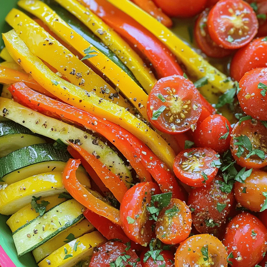 - 1 red bell pepper, cut into thin strips - 1 yellow bell pepper, cut into thin strips - 1 large orange carrot, sliced into rounds - 1 medium zucchini, sliced into half-moons - 1 red onion, chopped into bite-sized pieces - 1 cup cherry tomatoes, halved These colorful veggies create a feast for the eyes and the palate. Each vegetable brings its own flavor and texture. The bell peppers add sweetness, while the carrot offers crunch. The zucchini keeps things light, and the cherry tomatoes burst with juice. - 3 tablespoons extra virgin olive oil - 2 teaspoons dried oregano - 2 teaspoons dried thyme - 1 teaspoon garlic powder - Sea salt and freshly cracked black pepper to taste This herb mix enhances the veggies' natural flavors. Olive oil helps them roast nicely. Oregano and thyme give that earthy taste. Garlic powder adds a nice kick. Salt and pepper balance everything for a savory treat. - Fresh parsley, chopped (for garnish) Garnishing with fresh parsley adds color and a fresh taste. You can also add a drizzle of olive oil before serving. This makes the dish shine and looks appetizing. Enjoy this vibrant dish with family and friends! Start by preheating your oven to 400°F (200°C). This step heats the oven to the right level for roasting. A hot oven helps the veggies get tender and caramelized. Next, gather your vegetables. You will need: - 1 red bell pepper, cut into thin strips - 1 yellow bell pepper, cut into thin strips - 1 large orange carrot, sliced into rounds - 1 medium zucchini, sliced into half-moons - 1 red onion, chopped into bite-sized pieces - 1 cup cherry tomatoes, halved Wash all the vegetables well. Then, cut them as listed. Make sure the pieces are similar in size. This helps them cook evenly. In a large mixing bowl, add all the chopped vegetables. Then, pour in: - 3 tablespoons extra virgin olive oil - 2 teaspoons dried oregano - 2 teaspoons dried thyme - 1 teaspoon garlic powder - Sea salt and freshly cracked black pepper to taste Drizzle the olive oil over the veggies. Sprinkle the herbs and spices too. Use your hands or a spatula to mix everything well. Every piece should be coated with oil and seasoning. This ensures great flavor in every bite. Line a baking sheet with parchment paper. This helps prevent sticking. Spread the seasoned vegetables in a single layer on the sheet. Place the baking sheet in your preheated oven. Roast the veggies for 25-30 minutes. Turn them halfway through. This step helps them caramelize and get sweeter. You want them soft and slightly golden when done. Once the vegetables are tender, take them out of the oven. Let them cool for a few minutes. This waiting time lets the flavors settle nicely. Transfer the vibrant veggies to a serving platter. To make it look special, garnish with fresh parsley. A sprinkle of parsley adds color and freshness. For extra flair, drizzle a bit of olive oil on top. Serve them warm and enjoy! To get your vegetables just right, keep a few things in mind. First, cut the veggies into similar sizes. This helps them cook evenly. Aim for about one-inch pieces. Next, spread them out on the baking sheet. Crowding can lead to steaming instead of roasting. Finally, turn the veggies halfway through cooking. This ensures all sides get that lovely caramelization. To boost the taste, use fresh herbs when possible. They add bright flavors. You can also mix in a splash of balsamic vinegar or lemon juice. This adds a nice tang. If you like heat, sprinkle in some red pepper flakes. The mix of spices and herbs brings out the natural sweetness of the veggies. Serve the herb-roasted rainbow vegetables warm. They make a great side for grilled meats or fish. You can also toss them into salads for extra crunch. For a fun twist, add them to wraps or grain bowls. Don’t forget to drizzle a bit of olive oil on top for shine. A sprinkle of fresh parsley adds a lovely finish. {{image_4}} You can swap out any veggies in this recipe. Try broccoli, asparagus, or cauliflower. These choices add different colors and flavors. I love using eggplant for a unique taste. Remember, the key is to keep the same cooking time for your veggies. Cutting them into similar sizes helps them cook evenly. Feel free to mix up the herbs. Basil and rosemary create a fresh twist. You can also try using Italian seasoning for a classic touch. If you want a spicy kick, add red pepper flakes. Experiment with different herb blends to find what you love most. You can cook these vegetables in an air fryer or on a grill. For an air fryer, set it to 400°F and cook for about 15-20 minutes. Shake the basket halfway through for even cooking. Grilling gives a smoky flavor. Just place the veggies on skewers or in a grill basket. Grill them for 10-15 minutes, turning often. Each method brings a new taste to your herb-roasted rainbow vegetables. After cooking, let the herb roasted rainbow vegetables cool down. Place them in an airtight container. Store the container in your fridge. They will stay fresh for up to four days. If you want to enjoy them later, keep them sealed. This helps maintain their flavors and texture. To reheat, you can use either the oven or the microwave. For the oven, preheat it to 350°F (175°C). Spread the vegetables on a baking sheet. Heat for about 10 minutes or until warm. For the microwave, place the veggies in a safe dish. Heat in short bursts of 30 seconds until warm, stirring between intervals. This keeps them nice and tender. If you have leftovers, you can freeze these vegetables. First, let them cool completely. Then, spread them on a baking sheet in a single layer. Freeze for about an hour, then transfer to a freezer-safe bag. Remove as much air as possible. They will last for up to three months. When you're ready to eat, thaw in the fridge overnight. Reheat as needed. Enjoy your vibrant flavors any time! Yes, you can use fresh herbs. Fresh herbs add bright flavor to your dish. Use three times more fresh herbs than dried. For example, if a recipe calls for 1 teaspoon of dried oregano, use 3 teaspoons of fresh oregano. Chop them finely to release their full flavor. Fresh herbs like basil or cilantro can also work well in this recipe. These vegetables pair well with many dishes. Serve them with grilled chicken or fish. They also go nicely with quinoa or rice. For a hearty meal, add them to pasta. You can even toss them in a salad for added color and crunch. The options are endless! Leftovers can last about 3 to 5 days in the fridge. Store them in an airtight container. To reheat, simply warm them in the oven or on the stovetop. You can also use them in wraps or sandwiches for a quick meal. Enjoy the flavors again with ease! In this post, we explored how to roast rainbow vegetables for great flavor. You learned about the best ingredients, step-by-step instructions, and helpful tips. We discussed veggie swaps and cooking methods to fit your needs. Finally, we covered how to store and reheat leftovers effectively. Roasting rainbow vegetables can be easy and fun. With these tips, you'll impress everyone at the table. Get cooking, enjoy the flavors, and share your tasty results!