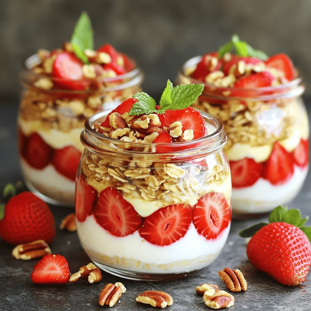 - 1 cup rolled oats - 1 cup almond milk (or your preferred milk) - 1/2 cup Greek yogurt (choose vanilla or plain) - 1 tablespoon cream cheese, softened - 2 tablespoons honey or maple syrup - 1 teaspoon vanilla extract - 1/2 teaspoon ground cinnamon - 1 cup fresh strawberries, hulled and sliced - Optional: 2 tablespoons chopped pecans or graham cracker crumbs You can swap almond milk for any milk you like. Cow's milk or oat milk works great too. For Greek yogurt, try regular yogurt if you want a lighter texture. You can also use dairy-free yogurt for a vegan option. If you want less sugar, use less honey or maple syrup. You can also use stevia or agave syrup. If you don’t have cream cheese, a bit of ricotta can work. Lastly, berries like blueberries or raspberries can replace strawberries. Each serving has around 300 calories. This includes: - Protein: 12 grams from Greek yogurt and oats - Carbs: 45 grams, mainly from oats and honey - Fat: 8 grams, mostly from cream cheese and optional nuts - Fiber: 6 grams, which helps with digestion This dish packs a punch of flavor and nutrition. It's a great way to start your day! To make these tasty Strawberry Cheesecake Overnight Oats, start by gathering your ingredients. You need rolled oats, almond milk, Greek yogurt, cream cheese, honey, vanilla extract, ground cinnamon, and fresh strawberries. 1. In a medium mixing bowl, combine the rolled oats, almond milk, Greek yogurt, and softened cream cheese. 2. Use a whisk to mix these ingredients until they are smooth. 3. Next, add honey and vanilla extract, along with the ground cinnamon. 4. Stir this mixture until everything blends well. 5. Carefully fold in the sliced strawberries. Remember to keep a few slices for topping later. 6. Divide the creamy mixture into two jars or containers. Seal the jars tightly. Place them in the fridge overnight. If you’re in a hurry, let them chill for at least 4-5 hours. This step is key! It lets the oats soak up the milk and flavors. When you're ready to enjoy, take a jar out of the fridge. Stir the oats well to mix everything again. Top with the reserved strawberry slices. For extra crunch, add chopped pecans or graham cracker crumbs. Mixing is simple but important. Make sure your cream cheese is softened. This helps it blend smoothly. If it’s cold, it will clump. When adding honey or maple syrup, adjust based on how sweet you want it. Mix until no clumps remain. This ensures each bite is creamy and delightful. Incorporating the strawberries gently keeps them intact. This adds texture and flavor to your oats. Enjoy making this easy and healthy treat! To make your oats creamy, use rolled oats. They absorb liquid well. Combine them with almond milk and Greek yogurt. This mix adds creaminess and protein. Whisk the mixture until smooth. The cream cheese also helps create a richer texture. If you want even creamier oats, let them soak longer. For extra flavor, use fresh strawberries. Their sweetness brightens the dish. A splash of vanilla extract adds warmth. Ground cinnamon gives a cozy feel. You can also try different sweeteners like honey or maple syrup. Adjust the amount to fit your taste. Adding a pinch of salt can also enhance all the flavors. Soaking time is key for perfect oats. Let them sit in the fridge overnight. This allows the oats to soften fully. If you're in a hurry, soak them for at least 4-5 hours. Just remember, the longer they soak, the creamier they become. Make sure to stir before serving to mix everything well. {{image_4}} You can change the fruit in these overnight oats. Strawberries are sweet, but other fruits work too. Try blueberries, raspberries, or even peaches. Each fruit brings its own flavor. If you want a tropical twist, add diced mango or pineapple. You can also mix fruits for a fun blend. Just remember to adjust the sweetness if you use tart fruits. Honey and maple syrup are great, but you have other options. You can use agave nectar or stevia for a lower-calorie choice. If you like a richer taste, try brown sugar or coconut sugar. Each sweetener changes the taste a bit, so choose what you enjoy. Adjust the amount based on your taste. Start with less and add more if needed. You can make these oats dairy-free and vegan. Swap Greek yogurt for coconut yogurt or almond yogurt. Use plant-based cream cheese for a creamy texture. For milk, almond milk is a good choice, but soy or oat milk works too. Sweeteners like maple syrup fit perfectly in vegan diets. These changes let everyone enjoy this yummy dish. To store your strawberry cheesecake overnight oats, use airtight containers. Glass jars work great. Divide the oats into jars, leaving some space at the top. This space lets the oats expand as they soak. Seal the jars tightly and place them in the fridge. This keeps them fresh and tasty for a few days. Homemade overnight oats last about 3 to 5 days in the fridge. To keep them fresh, check for changes in smell or texture. If the oats look or smell off, it is best to toss them. For best flavor, eat them within the first three days. You can freeze your overnight oats if you need to store them longer. Pour the mixture into freezer-safe containers or bags. Make sure to leave some space for expansion. When you want to eat them, thaw in the fridge overnight. Once thawed, stir well and enjoy! Yes, you can! If you want to skip Greek yogurt, use dairy-free yogurt or regular yogurt. The texture may change slightly, but it will still be tasty. Just pick a yogurt that you like. Try coconut yogurt for a rich flavor or almond yogurt for a lighter touch. To make your overnight oats creamier, add more liquid. You can use a bit more almond milk or even some extra yogurt. Blending the oats with the yogurt also helps. If you want a richer creaminess, try adding a bit of cream cheese or nut butter. These will give your oats a smooth texture and a lovely taste. You have many choices for toppings! Try sliced bananas or blueberries for fruit. Shredded coconut adds a nice texture. You can also use nuts like almonds or walnuts for crunch. A drizzle of chocolate syrup or a sprinkle of cinnamon can make your oats even more special. Get creative and use what you love! You learned about the key ingredients for delicious overnight oats and their healthy swaps. Preparing creamy oats can be easy with simple steps and handy tips. Don’t forget to explore fun fruit variations and sweetener options. Proper storage keeps your oats fresh and tasty. Overall, overnight oats offer endless choices, making breakfast easy and fun. Enjoy creating your custom flavor and texture while keeping it healthy. Your morning routine can be both simple and delicious with these ideas.