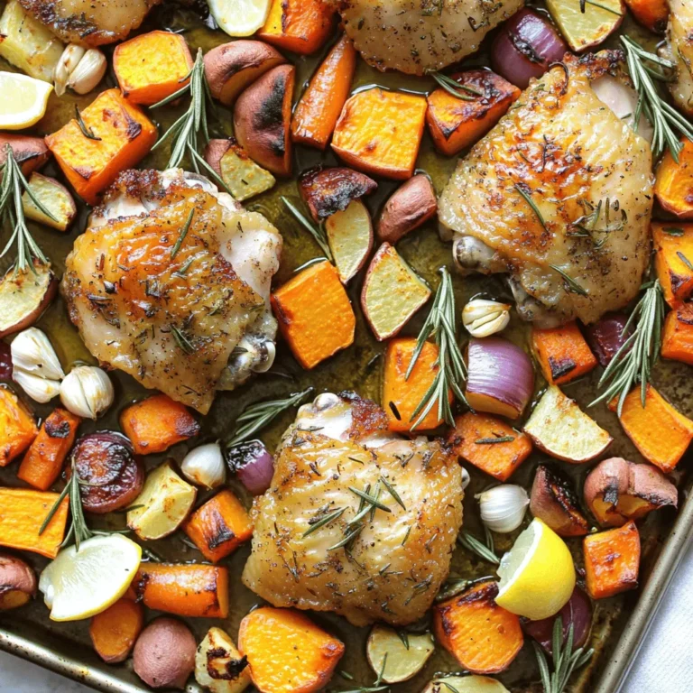 - 4 bone-in, skin-on chicken thighs - 3 medium carrots, peeled and cut into hearty chunks - 2 parsnips, peeled and diced into similar-sized pieces - 1 large sweet potato, peeled and cubed - 1 large red onion, cut into substantial wedges - 4 cloves of garlic, left whole and unpeeled - 3 tablespoons olive oil, divided - 2 tablespoons fresh rosemary, finely chopped (or 1 tablespoon dried rosemary) - 1 teaspoon dried thyme - Salt and pepper to taste - Lemon wedges, for serving The key to this dish lies in the fresh ingredients. I love using bone-in chicken thighs. They stay juicy and flavorful. The skin crisps up nicely during roasting. I also enjoy the mix of root vegetables. Carrots, parsnips, and sweet potatoes add sweetness. Red onion gives a nice bite. Garlic adds depth to the dish. For seasoning, I always use fresh herbs when I can. Rosemary and thyme work well together. They bring a warm, earthy flavor. Olive oil is essential. It helps the chicken and veggies roast perfectly. Salt and pepper balance everything out. When serving, a squeeze of lemon brightens the whole dish. It enhances the flavors and adds a fresh touch. You can enjoy this meal straight from the sheet pan. It makes for a cozy family-style dinner. - Preheat the oven to 425°F (220°C). - Prepare the vegetable medley and season. Start by preheating your oven. A hot oven will help the chicken and veggies cook well. While the oven heats, grab a large bowl. In this bowl, combine the carrots, parsnips, sweet potato, and red onion. Make sure to peel and cut them into chunks that are even in size. This helps them cook uniformly. Add the whole garlic cloves, too. Drizzle two tablespoons of olive oil over the veggies. Sprinkle salt, pepper, chopped rosemary, and thyme on top. Toss everything together until the vegetables are well-coated. - Pat chicken thighs dry and season them. - Nestle chicken among vegetables on the sheet pan. Now, let’s get to the chicken. Take the chicken thighs and pat them dry with paper towels. This step helps the skin crisp up nicely. In a small bowl, mix the last tablespoon of olive oil with a pinch of salt and pepper. Rub this mix all over the chicken thighs. Make sure to get some oil under the skin for extra flavor. Once seasoned, place the chicken thighs, skin-side up, among the veggies on your sheet pan. This cozy arrangement allows the flavors to blend as they cook. - Roast in the preheated oven for 35-40 minutes. - Check the internal temperature and tenderness of vegetables. Slide the sheet pan into your hot oven. Roast everything for about 35 to 40 minutes. While it cooks, the chicken will become golden and crispy, while the veggies will get tender. Use a meat thermometer to check that the chicken reaches 165°F (74°C). Stir the veggies halfway through cooking for even browning. Once everything looks good, take the pan out of the oven. Let it rest for a few minutes before serving. Enjoy the delicious flavors of this easy sheet pan meal! To make your dish perfect, stir the vegetables halfway through cooking. This helps them cook evenly. Also, patting your chicken thighs dry with paper towels is key. This simple step gives you a crispier skin. You can have fun with flavors! Try using different herbs like thyme or oregano. If you want a tangy kick, add a splash of balsamic vinegar. This small addition can change the dish's taste, making it even more delicious. When it's time to serve, you have options. You can serve directly from the baking sheet for a rustic look. If you want a fancier feel, plate each piece individually. Don't forget to garnish with fresh rosemary and lemon wedges. This not only adds color but also makes your dish look stunning. {{image_4}} You can change up the veggies in this dish. Swap in seasonal vegetables like zucchini or Brussels sprouts. These will add fresh flavors and textures. You can also use butternut squash instead of sweet potato for a different taste. Butternut squash offers a nice sweetness and creamy texture. If you want to try something new, use bone-in chicken breasts or drumsticks instead of thighs. This will give you a different cut of meat with great flavor. You could also substitute chicken with turkey thighs for a leaner version. Turkey thighs will still be juicy and tasty. To spice things up, add crushed red pepper flakes for some heat. This will give your dish a kick that many love. You can also drizzle a little honey over the chicken and veggies for a touch of sweetness. Honey works well with the savory flavors and brightens the dish. - Store in an airtight container in the fridge for up to 3 days. - For longer storage, freeze in portions for up to 2 months. After enjoying this delicious meal, you may find some leftovers. It's easy to save them. Just place them in a container that seals tightly. Keep them in the fridge for a quick meal later. If you want them to last longer, put them in the freezer. Make sure to divide them into smaller portions. This way, you can grab just what you need later on. - Reheat in the oven for best texture, or in the microwave for convenience. - Add a splash of broth or water when reheating to maintain moisture. Reheating is simple. For the best taste, use the oven. Preheat it to about 350°F (175°C) and place the dish inside. This keeps everything crispy. If you are short on time, the microwave works too. Just remember to add a little broth or water to keep it moist. This way, your chicken and veggies stay tasty! Use a meat thermometer to check for an internal temperature of 165°F (74°C). This ensures the chicken is safe to eat. It helps avoid undercooked chicken which can lead to food safety issues. Insert the thermometer into the thickest part of the thigh without touching the bone. This gives you the most accurate reading. Yes, you can use bone-in chicken breasts or drumsticks as alternatives. Bone-in cuts keep the meat moist and tender. They also add more flavor to the dish. Adjust the cooking time as needed, as larger pieces may take longer to cook. All ingredients listed are naturally gluten-free; ensure all seasonings are verified gluten-free. Read labels on packaged items carefully. Some sauces or mixes may contain gluten. Stick to fresh herbs and spices for safe flavoring. Yes, you can chop and season the vegetables and chicken a day in advance and store in the fridge before cooking. This saves time on busy days. Just remember to bring everything to room temperature before cooking for even roasting. This blog shows you how to make a tasty chicken dish with veggies. You learned about the best ingredients, how to prepare them, and cooking tips for flavor. I shared ways to swap in new vegetables or meats too. Remember, cooking can be fun and easy. Try different herbs or add some spice for more flavor. You can make it your own! Enjoy your meal and the happy times it brings.