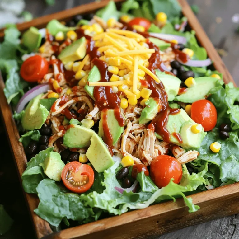 - 2 cups cooked chicken breast, shredded - 4 cups mixed greens - 1 cup cherry tomatoes, halved - 1 cup corn kernels - 1/2 cup black beans - 1 ripe avocado, diced - 1/2 cup shredded cheddar cheese - 1/4 cup red onion, finely sliced - 1/2 cup BBQ sauce - 1/2 cup ranch dressing - Salt and pepper to taste - Optional toppings: crunchy tortilla strips The ingredients for BBQ Ranch Chicken Salad make it a vibrant meal. You’ll need shredded chicken for protein. Mixed greens give the salad its fresh base. I love using a blend of lettuce, spinach, and kale for crunch. Cherry tomatoes add a sweet pop. Corn kernels bring a touch of sweetness, while black beans add heartiness. The ripe avocado gives a creamy texture. Shredded cheddar cheese adds a rich flavor. Red onion provides a nice bite. The BBQ sauce and ranch dressing make this salad special. They create a zesty and creamy dressing that ties everything together. Adjust the salt and pepper to your taste. If you want some crunch, add tortilla strips on top. Enjoy the mix of flavors and textures in every bite! How to prepare the BBQ Chicken First, take 2 cups of shredded chicken. You can use leftover chicken or cook it fresh. Pour 1/2 cup of BBQ sauce over the chicken. Toss it well, so every piece is covered. This makes the chicken juicy and full of flavor. Layering the salad ingredients Next, grab a large bowl or platter. Start by adding 4 cups of mixed greens, spreading them evenly. This mix should include lettuce, spinach, and kale for a nice crunch. On top of the greens, place the BBQ chicken. Then, layer in 1 cup of halved cherry tomatoes and 1 cup of corn. Add 1/2 cup of black beans and 1 ripe diced avocado next. Finally, sprinkle 1/2 cup of shredded cheddar cheese on top. Drizzling the dressings Now, it’s time to add the dressings. Drizzle 1/2 cup of ranch dressing all over the salad. If you want more flavor, add a bit more BBQ sauce. This makes the salad creamy and tangy. Gentle tossing to combine flavors Use your hands to gently toss the salad. Be careful not to mash the avocado. You want everything mixed but still fresh and colorful. Adjusting seasonings Take a taste of the salad. If it needs more flavor, add salt and pepper to your liking. This step helps balance the flavors. Ideal presentation for BBQ Ranch Chicken Salad For serving, use large, bright bowls or a wooden platter. This adds a nice touch to the meal. Garnishing tips for an appealing look To make it even prettier, add extra avocado slices on top. A light drizzle of BBQ sauce also makes it pop. This not only looks great but adds more flavor to enjoy! Choosing the right BBQ sauce Pick a BBQ sauce that you love. The flavor of this sauce is key. Look for one that balances sweetness and smokiness. Some sauces are spicy, while others are mild. Test a few to find your favorite. Cooking tips for juicy chicken Use cooked chicken breast for this salad. Grill, bake, or poach it to keep it juicy. If grilling, marinate the chicken for extra flavor. Always check the chicken for doneness. Use a meat thermometer if you have one. Aim for 165°F. Adding spices or herbs for extra flavor You can spice things up by adding herbs. Chopped cilantro or parsley works well. A sprinkle of cumin or paprika adds depth. Don’t be afraid to experiment with flavors. Trust your taste buds and adjust as needed. Incorporating seasonal vegetables Seasonal veggies can make your salad shine. Try adding bell peppers, cucumbers, or radishes. These add crunch and color. Fresh corn from the cob is sweet and tasty. Get creative based on what is fresh at your market. {{image_4}} If you want to mix it up, try using different proteins. Tofu makes a great swap for chicken. Shrimp is another tasty option. Both choices add a unique flavor. For greens, you can switch to arugula or romaine. Each base will change the salad's taste and texture. You can make your own ranch dressing at home. Just mix buttermilk, mayo, garlic powder, and herbs. This will give you a fresh spin. For BBQ sauce, try a spicy version or honey BBQ. Each choice will enhance the salad in a new way. This salad pairs well with crunchy appetizers. Try serving it with veggie sticks or chips. You can also offer a side of cornbread for a hearty touch. For drinks, iced tea or lemon-lime soda works great. These sides will complete your meal and make it even more enjoyable. To keep your BBQ Ranch Chicken Salad fresh, follow these tips: - Store in an airtight container. - Keep it in the fridge right after serving. - Separate the dressing if possible. This helps keep greens crisp. How long does it last in the fridge? It stays good for 3 to 4 days. After that, it may lose flavor and texture. When reheating chicken, do it safely to keep flavor and texture: - Heat only the chicken part, not the salad. - Use a microwave or stovetop. - Heat until it reaches 165°F (74°C). This keeps it safe to eat and tasty. Can you freeze BBQ Ranch Chicken Salad? It's not the best idea. The greens and dressings do not freeze well. If you want to freeze, save just the chicken. - Wrap it tightly in freezer-safe bags. - It can last for 2 to 3 months frozen. When ready, thaw in the fridge and reheat. Then mix with fresh ingredients for a quick meal. BBQ Ranch Chicken Salad is a tasty mix of chicken, greens, and toppings. It features shredded chicken coated in BBQ sauce. You add mixed greens, cherry tomatoes, corn, black beans, avocado, and cheese. A drizzle of ranch dressing ties it all together. This salad is colorful, crunchy, and full of flavor. Yes, you can make BBQ Ranch Chicken Salad ahead of time. Just prepare the chicken and chop all the veggies. Store them in the fridge in separate containers. Mix them together just before serving. This keeps the salad fresh and crisp. BBQ Ranch Chicken Salad can be a healthy choice. It has lean protein from chicken and lots of veggies. You get fiber from beans and greens. The ranch dressing adds some fat, but you can use less or a lighter version if you want. Overall, it’s a balanced meal. Absolutely! You can add or swap ingredients based on what you like. Try using different proteins, like shrimp or tofu. You can also choose different greens, like arugula or romaine. For extra crunch, add nuts or seeds. Make it your own! Serve BBQ Ranch Chicken Salad in a big bowl for family style. Or, plate it in individual bowls for guests. Garnish with extra avocado slices or a sprinkle of tortilla strips for crunch. This makes the salad look nice and adds some fun texture. BBQ Ranch Chicken Salad is simple and full of flavor. We covered the key ingredients, preparation, and variations. You can customize it to fit your taste. Don't forget to experiment with toppings and sides for a complete meal. This salad is perfect for any occasion. Enjoy making it your own, and share with friends for a fresh twist at your next meal. Be creative and have fun while cooking!