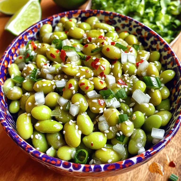 - Edamame: Fresh vs. Frozen You can use either fresh or frozen edamame for this dish. Fresh edamame gives a bright, crisp taste. Frozen edamame is quick and easy. It cooks in just a few minutes. Both options are tasty and nutritious. - Garlic: Choosing the Best Variety Choose fresh garlic for the best flavor. Look for firm bulbs with no soft spots. Mince the garlic finely to release its bold aroma. This step is key to the spicy kick in your dish. - Spices and Seasonings: Red Pepper Flakes, Soy Sauce, and More Red pepper flakes add heat. Adjust the amount to fit your spice level. Low-sodium soy sauce keeps the dish savory without too much salt. Toasted sesame oil gives a rich, nutty flavor. The sugar balances the heat and salty notes. - Toasted Sesame Seeds Toasted sesame seeds add crunch. They enhance the dish’s flavor and look great on top. Just sprinkle them over the finished edamame. - Sliced Green Onions Sliced green onions bring freshness. They add a pop of color and taste. Scatter them on top for a nice finish. - Alternative Garnishes You can try other garnishes too. Chopped cilantro or crushed peanuts work well. Get creative with what you have on hand! Cooking Frozen Edamame If you have frozen edamame, start by checking the package instructions. Usually, it takes about 5 minutes to cook them in boiling water. They should be tender but still bright green. After cooking, drain them and set them aside. Cooking Fresh Edamame For fresh edamame, fill a pot with salted water. Bring it to a boil. Add the edamame pods and cook for around 5 minutes. Once they are tender, drain them and set them aside as well. Heating Olive Oil Grab a large skillet or frying pan. Pour in 2 tablespoons of extra virgin olive oil. Heat it over medium heat until it shimmers. Sautéing Garlic and Seasonings Add 4 cloves of finely minced garlic to the hot oil. Sauté the garlic for about 1 minute. Keep stirring to avoid burning. When you smell a strong garlic aroma, you’re ready for the next step. Now, sprinkle in 1 teaspoon of red pepper flakes. Cook for another 30 seconds. This will add a spicy kick to your dish. Combining Ingredients Next, toss in the cooked edamame pods. Drizzle 1 tablespoon of low-sodium soy sauce and 1 tablespoon of toasted sesame oil over them. Add 1 teaspoon of granulated sugar, zest from 1 lime, and the juice from the same lime. Stir everything together until the edamame is well-coated in the mixture. Let it cook for an additional 2 to 3 minutes. This allows all the flavors to blend nicely. Seasoning with Sea Salt Before serving, taste your spicy garlic edamame. Add sea salt to your liking. This step enhances the flavors. Serving Suggestions Once ready, transfer the edamame to a serving bowl. For a lovely finish, garnish with toasted sesame seeds and sliced green onions. This adds great texture and a pop of color. Serve warm and enjoy your tasty snack! - Cooking Time Guidelines: Cook fresh edamame for about 5 minutes. For frozen, follow the package instructions. Aim for tender, bright-green pods. - Avoiding Overcooking Garlic: Sauté minced garlic for just 1 minute. Watch closely to keep it from burning. This step is key for great flavor. - Tips for Balancing Heat: Start with 1 teaspoon of red pepper flakes. Adjust to your taste. If it’s too spicy, add more sugar or lime juice to balance. - Adjusting Seasoning to Taste: After cooking, taste the edamame. Add sea salt as needed. This step helps bring all the flavors together. - Serving Style: Serve warm in a rustic bowl for a cozy feel. This makes the dish look inviting and delicious. - Using Lime Wedges for Added Flavor: Add lime wedges on the side. They give a fresh, zesty kick when squeezed over the edamame. This little touch makes a big difference! {{image_4}} You can easily make this dish vegan or vegetarian. The main ingredient, edamame, is already plant-based. For soy sauce, choose a vegan brand. Some soy sauces contain fish sauce, so read labels carefully. You can also use tamari, which is gluten-free. It gives a similar umami taste without animal products. Get creative with your spices! Add a dash of smoked paprika for a smoky flavor. Or try a pinch of cumin for a warm, earthy taste. You can also mix in some crushed peanuts or walnuts for extra crunch. If you like veggies, toss in sliced bell peppers or carrots. They add color and nutrition. Spicy garlic edamame pairs well with many main dishes. Serve it alongside grilled chicken or tofu for a full meal. You can also add it to rice bowls or salads. The spicy edamame brings a fun twist to any dish. Try it in a grain bowl with quinoa and fresh veggies for a tasty lunch. To store your spicy garlic edamame, let it cool first. Place the leftovers in an airtight container. This keeps them fresh and tasty. You can store them in the fridge. They will stay good for about 3 days. To reheat edamame, the best method is using a skillet. Heat it over medium heat. Add a splash of water to keep them moist. This helps maintain their texture. You can also use the microwave but cover them with a damp paper towel. This keeps the heat in and avoids losing flavor. Reheat for about 30 seconds, then check. If they need more time, heat in 10-second bursts. To make Spicy Garlic Edamame vegan, simply swap the toasted sesame oil with another plant-based oil. You can use olive oil or avocado oil. Both provide good flavor. Ensure your soy sauce is also vegan. Most brands are, but it’s best to check the label. Yes, you can use frozen edamame. Just cook it according to the package directions. This usually means boiling or steaming until tender. Frozen edamame cooks quickly, so it’s perfect for a fast snack. Follow the cooking time carefully to keep it bright green. If you need a substitute for sesame oil, try using olive oil or peanut oil. These oils can give a nice flavor. You can also use grapeseed oil. It has a mild taste that will not overpower the dish. Yes, Spicy Garlic Edamame is healthy! Edamame is high in protein and fiber. It also provides vitamins and minerals. Garlic has health benefits too, like boosting your immune system. The dish is low in calories and can fit into many diets. You can prepare Spicy Garlic Edamame in advance. Cook the edamame and sauce, then store them separately. When ready to serve, reheat the edamame and mix with the sauce. This keeps the flavors fresh. Enjoy this tasty snack anytime! Spicy garlic edamame combines fresh or frozen beans with rich garlic and spices. We explored key ingredients and detailed step-by-step cooking instructions. Using simple tips, you can achieve perfectly cooked edamame every time. Consider adding your favorite garnishes to elevate the dish even further. Whether you're serving as a snack or side, this recipe is versatile. Enjoy experimenting with flavors and sharing this tasty treat with others. Trust me, it's worth the effort!