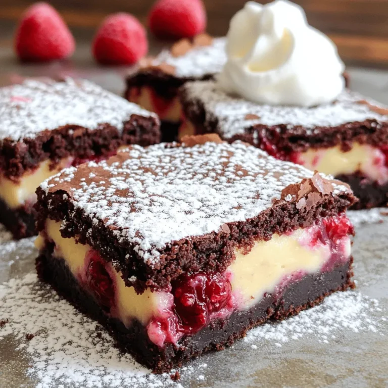 - 1 cup (2 sticks) unsalted butter - 1 1/2 cups granulated sugar - 1 cup packed brown sugar - 4 large eggs - 1 teaspoon vanilla extract - 1 cup all-purpose flour - 1/2 cup unsweetened cocoa powder - 1/4 teaspoon salt - 1/2 teaspoon baking powder - 1 cup fresh raspberries (or frozen, thawed) - 8 oz cream cheese, softened to room temperature - 1/2 cup granulated sugar - 1 large egg - 1 teaspoon vanilla extract For these brownies, gather all your ingredients. The brownie base needs rich flavors. Unsalted butter gives a smooth texture. Granulated and brown sugars add sweetness and depth. You will need four large eggs. Their creaminess binds the brownie base. Use fresh vanilla extract for aroma and taste. All-purpose flour gives structure. Cocoa powder adds that deep chocolate flavor. Just a pinch of salt boosts all the flavors. Lastly, fresh raspberries bring a tart burst that contrasts the sweet brownie. For the cheesecake layer, use softened cream cheese. It should be smooth for easy mixing. Granulated sugar sweetens the cream cheese. You will need one egg to help set the layer. Again, use vanilla extract for the best flavor. Gather these ingredients and let’s create a swirl of joy! - Preheat the oven to 350°F (175°C). - Grease or line a 9x13 inch baking pan. Start by melting the unsalted butter in a medium saucepan. Use low heat to avoid burning. Once melted, remove it from heat. Stir in the granulated and brown sugars. Keep mixing until smooth. Let this mixture cool for a few minutes. This step helps prevent cooking the eggs. Add in the eggs, one at a time. Mix well after each egg. This way, they blend better. Next, add the vanilla extract and mix again until fully combined. In a separate bowl, sift together the all-purpose flour, cocoa powder, salt, and baking powder. This helps to remove lumps and mix well. Gradually fold this dry mix into the wet ingredients. Stir gently until just combined. Overmixing can lead to tough brownies. In another bowl, beat the softened cream cheese with granulated sugar. Mix until smooth and creamy. Next, add the egg and vanilla extract. Beat again until fully blended. This mixture should be velvety and light. Pour half of the brownie batter into the bottom of your prepared pan. Spread it evenly. Spoon the cheesecake mixture over this layer, creating dollops. Finally, pour the rest of the brownie batter on top. Spread it carefully to cover. Scatter fresh raspberries over the top. Use a knife or skewer to gently swirl the raspberry and cheesecake mixture into the brownie batter. This creates a marbled effect that looks great. Place the pan in the preheated oven. Bake for about 30-35 minutes. To check if they are done, insert a toothpick in the center. It should come out with a few moist crumbs attached. If it comes out clean, the brownies may be overbaked. Once baked, let the brownies cool in the pan for at least 20 minutes. If you lined the pan with parchment paper, lift them out carefully. Then cut into squares for serving. - Avoid overmixing the batter: Mix just until combined. This keeps brownies chewy and soft. - Use room temperature ingredients: Let your eggs and cream cheese sit out. This helps them mix better. - Tools for effective swirling: Use a knife or skewer. A toothpick works well too! - How to achieve the best marbled effect: Gently swirl the cheesecake and raspberry mixture into the brownie batter. Don’t overdo it, or you’ll lose the pretty look. - Dusting with powdered sugar: After cooling, sprinkle the top. This adds a nice touch and looks fancy. - Serving suggestions with whipped cream: A dollop of whipped cream makes every bite special. Add a few fresh raspberries on top for color. {{image_4}} You can change the berries in this recipe. Use strawberries or blueberries for a new taste. Each berry adds a unique flavor. Try adding almond or mint extract for a fun twist. A little almond extract gives a nutty touch. Mint extract can add a fresh flavor. For gluten-free brownies, swap all-purpose flour with almond or oat flour. This keeps the brownies soft and tasty. If you want to cut sugar, use a sugar substitute or reduce the amount. This still keeps the sweetness without extra calories. You can enhance these brownies with toppings. Try adding nuts, chocolate chips, or coconut flakes on top. Each topping brings a different crunch and flavor. Serve your brownies with ice cream or yogurt for a creamy side. This makes your dessert even more special. To keep your Raspberry Cheesecake Swirl Brownies fresh, store them in the fridge. Place them in an airtight container. This will help them stay moist and tasty for up to five days. If you want to keep them longer, you can freeze the brownies. Wrap each piece in plastic wrap and then place them in a freezer bag. This method will keep them good for about three months. When you want to enjoy them again, just take them out and let them thaw in the fridge overnight. To warm your brownies, preheat your oven to 350°F (175°C). Place the brownies on a baking sheet. Heat them for about 10 minutes. This will help them get warm without losing their texture. If you want a quick fix, you can also use the microwave. Heat them for about 10-15 seconds. Be careful not to overheat, or they may become dry. Enjoy your warm brownies with a scoop of ice cream or a dollop of whipped cream for extra delight! Yes, you can use frozen raspberries! Just make sure to thaw them first. To do this, take the frozen fruit out of the bag and let it sit at room temperature. You can also put them in a bowl and microwave them for a few seconds. Drain any extra juice to keep the brownies from getting soggy. Thawed raspberries will still give you that great flavor and pretty swirl! You can tell the brownies are done when the edges pull away from the pan. The center should look set but still soft. To test, stick a toothpick in the middle. If it comes out with a few moist crumbs, they’re ready! If it comes out wet with batter, give them a few more minutes and check again. Absolutely! You can prepare these brownies a day in advance. Just bake them, let them cool, and cover with plastic wrap. Store them at room temperature or in the fridge. When it's time to serve, just cut them and enjoy! You can also warm them slightly in the oven for a few minutes for that fresh-baked taste. This recipe combines a rich brownie base with a creamy cheesecake layer, topped with fresh raspberries. You learned how to make and bake this delicious dessert using easy steps. Remember to avoid overmixing and try different flavors for a twist. With these tips, your brownies will impress anyone. Now, gather your ingredients and enjoy this tasty treat!