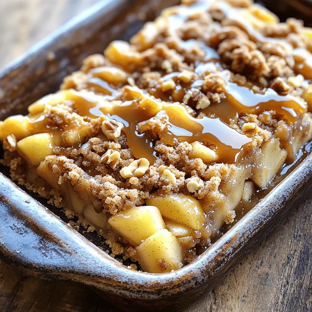 - 2 cups all-purpose flour - 1 cup rolled oats - 1/2 cup packed brown sugar - 1/2 cup granulated sugar - 1/2 cup unsalted butter, softened - 1 teaspoon ground cinnamon - 1/2 teaspoon salt - 2 large apples, peeled, cored, and diced - 1 cup caramel sauce - 1/4 cup chopped walnuts - 1/4 teaspoon ground nutmeg - Powdered sugar for dusting - Whipped cream for serving Each ingredient plays a key role in the flavor and texture. The all-purpose flour and rolled oats form a sturdy base and add heartiness. Brown sugar and granulated sugar give sweetness and depth. The butter binds everything together, creating a rich crust. Cinnamon adds warmth and spice, while salt balances the sweetness. Apples provide freshness and juiciness. Caramel sauce brings a delicious gooeyness that ties it all. Walnuts, if added, give a nice crunch and nutty flavor. Feel free to experiment! You can swap ingredients based on what you have. For instance, use different apples for varying sweetness or skip the walnuts for nut-free bars. - Preheat the oven to 350°F (175°C). - Grease a 9x13 inch baking dish with butter or non-stick spray. - In a large bowl, combine 2 cups of all-purpose flour, 1 cup of rolled oats, 1/2 cup of packed brown sugar, 1/2 cup of granulated sugar, 1 teaspoon of ground cinnamon, and 1/2 teaspoon of salt. - Mix these dry ingredients well. - Add 1/2 cup of softened butter to the bowl. - Use a fork or your hands to mix until you see coarse crumbs. - Take about 3/4 of the crumb mixture and press it evenly into the greased dish. - In another bowl, toss 2 large diced apples with 1/4 teaspoon of ground nutmeg and half of the caramel sauce. - Spread this apple mixture over the crust. - Drizzle the rest of the caramel sauce on top of the apples. - Finally, sprinkle the reserved crumb mixture over the apples. If you like, add 1/4 cup of chopped walnuts for crunch. - Place the baking dish in the oven. Bake for 30 to 35 minutes. - The top should be golden brown and the apples tender. - Once baked, let it cool in the dish for 10 minutes. - Then, move it to a wire rack to cool completely before slicing into bars. To get that perfect crumbly texture in your streusel, use cold butter. Cold butter helps form those nice clumps. When you mix it with flour, sugar, and oats, it creates a wonderful crunch. Make sure to use room temperature butter for the crust. This helps it blend evenly with dry ingredients. If the butter is too cold, it won’t mix well. The secret to a great crust is the right butter temperature. When you serve your bars, cut them into nice squares. Lay them on a plate and drizzle more caramel over the top. This adds a sweet touch and makes them look fancy. You can also sprinkle some powdered sugar for an elegant finish. These bars pair well with warm drinks. Try serving them with a hot cup of cider or coffee. The flavors mix wonderfully, making each bite even better. Baking can be tricky. If your bars are too dry, you may have mixed in too much flour. Try measuring carefully next time. If they are too soggy, it might be from too much apple juice. Be sure to drain the apples well before mixing. Always check your oven temperature. An oven that is too hot can burn the top while leaving the inside raw. Use an oven thermometer for accuracy. {{image_4}} You can change the apples in this recipe. Use different types like Granny Smith or Honeycrisp. Each apple brings a unique taste and texture. You can also try other fruits like pears or peaches. Just make sure to adjust the sugar based on the fruit's sweetness. For a gluten-free version, swap all-purpose flour with a gluten-free blend. You can find many good blends at stores. For vegan substitutions, use plant-based butter instead of regular butter. Also, choose a vegan caramel sauce. These swaps keep the bars tasty without animal products. You can add spices like ginger or cloves for a warm taste. A splash of vanilla extract can also boost the flavor. If you love chocolate, try adding chocolate chips to the streusel topping. This addition gives a sweet twist to the classic recipe. To keep your Caramel Apple Streusel Bars fresh, store them in an airtight container. They will stay good at room temperature for up to three days. If you want them to last longer, place them in the fridge. They can stay fresh in the fridge for about a week. To freeze the bars, first let them cool completely. Then, slice them into bars. Wrap each bar in plastic wrap. Place the wrapped bars in a freezer-safe bag or container. They will keep well in the freezer for up to three months. When you're ready to enjoy them, thaw them in the fridge overnight. For the best taste, reheat your bars in the oven. Preheat the oven to 350°F (175°C). Place the bars on a baking sheet. Heat for about 10-15 minutes until they are warm. You can also reheat them in the microwave for 15-20 seconds. Just be careful not to overheat them, as they can become tough. Enjoy your warm, gooey bars! Caramel Apple Streusel Bars last for about 3 to 5 days. Keep them in an airtight container. Store them in a cool place, away from heat. If you live in a warm area, refrigerate them for longer freshness. Yes, you can make these bars ahead of time. Prepare the bars and bake them. Let them cool completely before slicing. Store them in an airtight container. You can also freeze them for up to 3 months. Just thaw them in the fridge before serving. The best caramel sauce is often homemade. It gives you better taste and control over sweetness. If you prefer store-bought, look for a thick and rich sauce. Brands that focus on natural ingredients are great choices. We covered all the necessary steps to make delicious Caramel Apple Streusel Bars. Start with simple ingredients and follow the easy instructions. Remember to store leftovers properly and try different variations. You can customize these bars to fit your tastes and needs. Whether you share them at a gathering or enjoy them alone, these bars are sure to please. Happy baking!