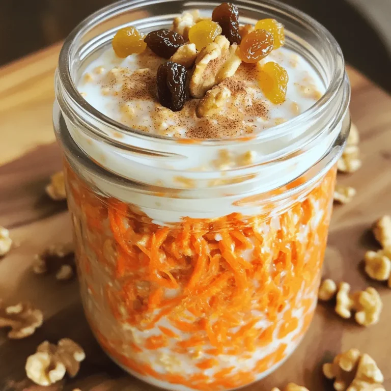 To make carrot cake overnight oats, you need: - 1 cup rolled oats - 1 cup almond milk (or milk of your choice) - 1 medium carrot, finely grated - 1/4 cup Greek yogurt (or a dairy-free alternative) - 2 tablespoons maple syrup (or honey for sweetness) - 1/2 teaspoon ground cinnamon - 1/4 teaspoon ground nutmeg - 1/4 cup raisins or sultanas - 2 tablespoons chopped walnuts (optional for crunch) - 1 tablespoon chia seeds (adds texture and nutrition) You can swap dairy products easily. Use coconut yogurt or soy yogurt instead of Greek yogurt. For milk, try oat milk or rice milk. If you want less sugar, use mashed banana or stevia instead of maple syrup. Honey is a great choice too. - Rolled Oats: These oats provide fiber. They keep you full and help digestion. - Carrots: Rich in vitamins, carrots add sweetness and color to your oats. - Greek Yogurt: This ingredient adds protein and creaminess. It makes the oats rich. - Chia Seeds: They are packed with nutrients and help the oats thicken. - Walnuts: They add healthy fats and a nice crunch. Plus, they are good for your heart. - Spices: Cinnamon and nutmeg give warm flavors. They also have health benefits. To make carrot cake overnight oats, you will need a bowl or a jar. This is where you will mix all your ingredients. It is simple and quick. You can prep these oats in just 10 minutes. The real magic happens overnight as they soak and blend the flavors. 1. Start by pouring 1 cup of rolled oats into your bowl or jar. 2. Next, add 1 cup of almond milk or any milk you prefer. 3. Then, mix in 1/4 cup of Greek yogurt and 2 tablespoons of maple syrup. 4. Use a spoon or whisk to blend everything until it is smooth. 5. Now, it is time to add flavor. Grate 1 medium carrot and add it in. 6. Sprinkle in 1/2 teaspoon of ground cinnamon and 1/4 teaspoon of ground nutmeg. 7. Toss in 1/4 cup of raisins or sultanas for sweetness. 8. If you like crunch, add 2 tablespoons of chopped walnuts. 9. Finally, stir in 1 tablespoon of chia seeds. This adds texture and boosts nutrition. Once mixed, cover your bowl or jar tightly. Place it in the fridge for at least 4 hours or overnight. This soaking allows the oats to absorb flavors and soften. When you wake up, stir the mixture again to mix any settled ingredients. Serve your oats chilled. You can enjoy them straight from the jar or in a bowl. For extra flair, top with more walnuts, a sprinkle of cinnamon, or a dollop of yogurt. This makes for a hearty and tasty breakfast! To make the best carrot cake overnight oats, always use rolled oats. They soak up the liquid well and offer a nice texture. Avoid quick oats; they can become mushy. Measure your ingredients carefully for the right balance. Mixing well ensures even flavor in each bite. I recommend using a jar for easy storage and serving. This makes breakfast fun and ready to go! To boost flavor, add a pinch of salt. It helps bring out the sweetness. You can also experiment with spices. Try adding a bit of ginger or cloves for extra warmth. If you want a creamier texture, mix in more Greek yogurt. You can also use coconut yogurt for a tropical twist. For crunch, top your oats with extra walnuts or seeds right before serving. You don’t need fancy tools for this recipe. A simple mixing bowl works well. I prefer using a mason jar for soaking. It’s easy to cover and store. A spoon or whisk is perfect for mixing. If you enjoy meal prep, invest in a set of jars. They help keep your oats fresh and ready for busy mornings. {{image_4}} You can use different sweeteners for your carrot cake overnight oats. Maple syrup adds a rich flavor. Honey is another good choice, giving a nice sweetness. For a sugar-free option, try using stevia or erythritol. Each sweetener changes the taste a bit, so feel free to experiment. Adding nuts or fruits can change the texture and taste. You can use walnuts for crunch, but pecans work great too. Dried fruits like apricots or cranberries add a sweet touch. Fresh fruits like banana or apple slices are tasty as well. Mixing different nuts and fruits makes your oats unique. If you want a vegan version, substitute Greek yogurt with a dairy-free yogurt. Almond or coconut yogurt works well. For gluten-free oats, ensure you use certified gluten-free rolled oats. This way, everyone can enjoy the dish without worry. These adaptations keep your carrot cake overnight oats delicious and safe for all diets. To keep your carrot cake overnight oats fresh, use a clean glass jar or airtight container. This helps seal in flavors and moisture. If you want to keep them creamy, avoid using metal lids. Label your jars with the date to track freshness easily. Your overnight oats will stay good in the fridge for up to five days. After that, the texture may change. If you notice any odd smells or colors, it’s best to toss them. Always give them a good stir before eating, as ingredients may settle. You can freeze your carrot cake overnight oats for up to three months. Use freezer-safe containers or bags. Just remember to leave some space for expansion. To eat, thaw in the fridge overnight or warm gently in the microwave. Add fresh toppings for a tasty treat! Yes, you can use quick oats. They cook faster and absorb liquid quickly. This means your oats may be softer. If you like a chewy bite, stick with rolled oats. They hold their shape better when soaked. You can use regular yogurt or a dairy-free option. Try coconut yogurt or almond yogurt. These will give your oats a creamy texture. If you want to skip yogurt, use mashed banana or applesauce for moisture. To make it sugar-free, skip the maple syrup or honey. Use ripe mashed bananas for sweetness. You can also add a few drops of vanilla extract for flavor. Stevia or monk fruit sweetener works too if you like a bit of extra sweetness. Overnight oats are easy, healthy, and fun to customize. We explored ingredients, tips, and variations to suit your taste. You learned how to prepare them and store them for later. Remember, the right mix of ingredients can boost nutrition. Use these ideas to enjoy oats every day. Cooking should be enjoyable, so get creative with your flavors and textures. With practice, you'll master the art of overnight oats and impress everyone with your tasty creations.