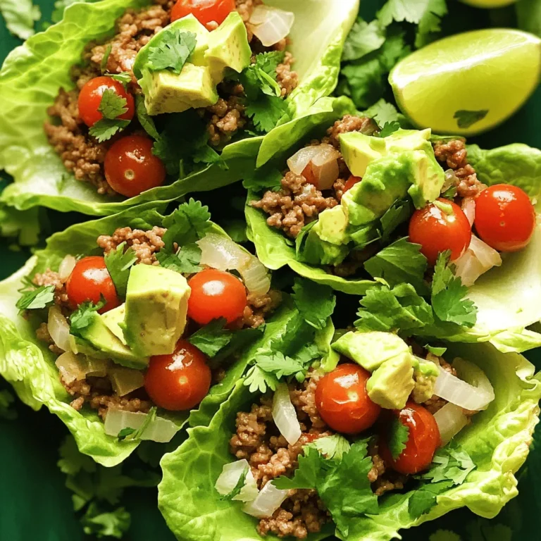 - 1 lb ground turkey - 1 head of romaine lettuce (for wraps) - 1 tablespoon olive oil - 1 small onion, finely diced - 2 garlic cloves, minced - 1 teaspoon ground cumin - 1 teaspoon chili powder - 1/2 teaspoon smoked paprika - 1/2 teaspoon sea salt - 1/4 teaspoon freshly cracked black pepper Ground turkey is lean and cooks quickly. It absorbs spices well, making it perfect for tacos. Romaine lettuce leaves are sturdy, making them great for holding the filling. The olive oil helps to sauté the onion and garlic, giving a rich flavor base. The spices add warmth and depth to the dish. - 1 cup cherry tomatoes, halved - 1 ripe avocado, diced - 1 cup corn kernels (fresh or frozen) Cherry tomatoes add a burst of sweetness. They also provide color and freshness. Diced avocado brings creaminess and health benefits. Corn kernels add a sweet crunch, balancing the savory turkey. - 1/4 cup fresh cilantro, chopped - Lime wedges (for serving) Fresh cilantro adds a bright herb taste. It enhances the flavors of the turkey. Lime wedges offer a zesty kick. Squeezing lime over the wraps brightens the dish and adds freshness. 1. Sautéing onions and garlic: Start by heating the olive oil in a large skillet over medium heat. Once the oil is hot, add the finely diced onion. Sauté it for about 3-4 minutes until the onion gets soft and turns translucent. Then, add the minced garlic and cook for another minute. You want the garlic to smell fragrant and turn a light golden color. 2. Cooking ground turkey: Next, add the ground turkey to the skillet. Use a wooden spoon to break it apart. Cook the turkey for about 5-7 minutes. Stir occasionally to ensure it browns evenly. Once it’s no longer pink, it's ready for seasoning. 1. Adding spices to the turkey mixture: Now, sprinkle the ground cumin, chili powder, smoked paprika, sea salt, and black pepper over the turkey. Stir well to coat the meat evenly with the spices. This step gives your turkey a burst of flavor. 2. Incorporating vegetables: Fold in the corn kernels and halved cherry tomatoes. Allow the mixture to cook for another 3-4 minutes. You want the corn to heat up and the tomatoes to soften just a bit. This adds freshness and color to your filling. 1. Preparing lettuce cups: While the turkey cooks, take your romaine lettuce head. Gently separate the leaves to create sturdy cups. These will hold your tasty filling. 2. Filling and garnishing the wraps: Generously spoon the turkey mixture into each lettuce cup. If you like, top it with extra chopped cilantro for a fresh touch. Arrange the filled wraps on a colorful platter. Serve with lime wedges on the side for a zesty squeeze before eating. - How to avoid dry turkey: To keep turkey moist, do not overcook it. Cook just until it turns brown. You can also mix in diced avocado at the end for extra creaminess. - Best sautéing techniques: Use medium heat for sautéing onions and garlic. This helps them soften without burning. Stir often to keep them from sticking and to ensure even cooking. - Pairing sides with lettuce wraps: These turkey taco lettuce wraps pair well with fresh fruit, like mango or pineapple. You can also add a side of black beans for extra protein. - Creative presentation ideas: Serve the wraps on a colorful platter. Add some extra chopped cilantro around the plate for a fresh look. You can also use lime wedges for a bright touch. - Making the recipe lower in calories: To cut calories, use less olive oil and opt for leaner turkey. Skip the avocado, or use less, while still enjoying flavor. - Health benefits of the ingredients: Ground turkey is a lean protein source, while lettuce adds fiber. Cherry tomatoes and corn provide vitamins and antioxidants. This meal is low in carbs and packed with nutrients. {{image_4}} You can easily swap ground turkey for other meats. Ground chicken works well and has a similar taste. Beef also makes a hearty filling. For those who prefer plants, use lentils or black beans. These options add protein and flavor. To enhance the flavor, mix in some cheese. Feta or cheddar adds creaminess. Salsa can also boost the taste. It adds freshness and a hint of heat. Don’t forget to experiment with spices. Adding taco seasoning or smoked paprika gives a nice kick. If you want a twist, try a taco-style bowl. Use rice or quinoa as a base and top with the turkey mix. For those who prefer a crunch, use different lettuces. Butter or iceberg lettuce adds a fresh texture. To store leftovers, let the turkey filling cool down first. Place it in an airtight container. This keeps it fresh and safe to eat. I prefer glass containers as they do not absorb odors. You can also use plastic containers, but ensure they are BPA-free. If you want to freeze the filling, pack it in a freezer-safe bag. Remove as much air as possible to prevent freezer burn. It’s best to freeze it without the avocado and cilantro. These ingredients do not freeze well. When you're ready to eat, thaw the filling overnight in the fridge. Reheat it in a pan over medium heat until hot. In the fridge, the turkey filling lasts about 3 to 4 days. Always check for signs of spoilage. Look for changes in color or smell. If it smells off or looks unusual, it’s best to discard it. Keeping track of your leftovers helps you enjoy them while they’re fresh. How can I make Turkey Taco Lettuce Wraps spicier? You can add heat easily. Use more chili powder or add diced jalapeños. A dash of hot sauce can also kick up the spice. For extra flavor, try adding cayenne pepper. Can I make these wraps ahead of time? Yes, you can prepare the turkey filling ahead. Store it in the fridge for up to three days. Assemble the wraps just before serving to keep the lettuce fresh. Are Turkey Taco Lettuce Wraps gluten-free? Yes, these wraps are naturally gluten-free. Just ensure your spices are free from gluten. This is a great option for gluten-sensitive diets. Tips for making this recipe keto-friendly To keep it keto, avoid corn and use less avocado. You can add more healthy fats like olive oil. Substitute with cheese for a creamy touch. Can I use frozen ground turkey? Absolutely! Frozen ground turkey works well. Just make sure to thaw it thoroughly before cooking. This keeps the texture nice and tender. What if I don’t have romaine lettuce? No problem! You can use iceberg lettuce or butter lettuce instead. Both provide a nice crunch and hold up well as wraps. This blog post covered Turkey Taco Lettuce Wraps, detailing key ingredients and steps. We explored using ground turkey, fresh veggies, and spices for flavor. You learned preparation tips and serving ideas to make your wraps shine. Optional garnishes add extra zest. Consider the variations to match your taste, from ingredient swaps to different serving styles. Storing and reheating leftovers ensures more delicious meals. Enjoy creating these healthy wraps, down to the last bite!