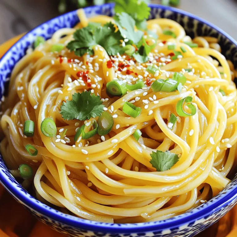 - 8 oz noodles (udon or spaghetti) - 4 tablespoons olive oil - 6 cloves garlic, finely minced - 2 tablespoons red chili flakes - 2 tablespoons soy sauce - 1 tablespoon sesame oil - 2 green onions, thinly sliced - Fresh cilantro for garnish - Toasted sesame seeds for garnish Gathering these ingredients is key. The noodles are the heart of the dish. Udon offers a chewy texture, while spaghetti provides a familiar taste. Both work great! Next, olive oil adds richness. Garlic is a must. It brings bold flavor. Mince it finely to get the most from its taste. The sauce components pack a punch. Red chili flakes give heat. Adjust them based on your spice level. Soy sauce adds depth and saltiness. Sesame oil brings a nutty aroma, completing the mix. Garnishes brighten up the dish. Green onions add a fresh crunch. Cilantro gives a pop of color and flavor. Toasted sesame seeds offer a nice crunch. All these elements come together to make the dish beautiful and tasty. To start, bring a large pot of salted water to a boil. Use enough salt so it tastes like the sea. This helps the noodles taste good. Next, add 8 oz of your favorite noodles. You can use udon or spaghetti. Cook them until they are al dente. This means they should be firm but not hard. Check the package for timing. Once done, drain the noodles in a colander and set them aside. In a small bowl, whisk together the following ingredients: - 2 tablespoons soy sauce - 1 tablespoon sesame oil - 1 tablespoon granulated sugar - 1 tablespoon rice vinegar Make sure the sugar dissolves well. This will give your sauce a nice balance of flavors. Set the sauce aside for later. Now, heat 4 tablespoons of olive oil in a large skillet over medium heat. Add 6 cloves of finely minced garlic. Sauté the garlic for 1-2 minutes. You want it to smell great but not burn. If it gets too brown, it will taste bitter. After that, sprinkle in 2 tablespoons of red chili flakes. This adds heat. Sauté for another minute to bring out the flavors. Gently add the cooked noodles to the skillet with the garlic and chili oil mixture. Pour the prepared sauce over the top. Use tongs or a spatula to toss everything together. Make sure all the noodles are coated in the sauce evenly. Now, add 2 thinly sliced green onions into the skillet. Toss everything again. This adds freshness and crunch. Let the dish sit for a minute. This helps the flavors blend together. Serve the spicy garlic noodles hot. Garnish with fresh cilantro and a sprinkle of toasted sesame seeds. This adds color and crunch. Enjoy your meal! Cook your noodles just right. For udon, that means 8-10 minutes. Spaghetti takes about 8-12 minutes. Always check the package for exact times. Once cooked, drain and rinse them with cold water. This stops the cooking and keeps them firm. If you have leftovers, store them in an airtight container. They stay fresh in the fridge for up to three days. To reheat, add a splash of water and microwave or warm in a pan. Want more heat? Add extra chili flakes to amp up the spice. If it’s too spicy, dial back the flakes. For a touch of sweetness, mix in a bit of granulated sugar. This balances the heat and makes the dish pop. Taste your sauce before adding it to the noodles. Adjust until you find your perfect flavor. Sautéing garlic can be tricky. Use medium heat and watch closely. Garlic cooks fast and can burn easily. If it turns brown, it can taste bitter. A wok is great for this recipe. It gives you more room to toss the noodles. A skillet works too but might not infuse flavors as well. Use what you have and enjoy the cooking process! {{image_4}} You can make spicy garlic noodles vegetarian with simple changes. Try using zucchini noodles instead of regular noodles. They are light and add a nice texture. You can also add vegetables like bell peppers or broccoli. These choices boost the flavor and add color to your dish. For a protein-packed meal, think about adding chicken, shrimp, or tofu. Cook your protein in the skillet with the garlic. This way, the protein absorbs the garlic flavor. It makes your dish even more tasty and satisfying. Want to change things up? Use teriyaki sauce instead of soy sauce. This swap gives a sweet touch to your noodles. You can also experiment with different oils, like chili oil. It adds a rich heat and enhances the overall flavor. To keep your spicy garlic noodles fresh, store them in an airtight container. Place them in the fridge right after they cool. They will stay tasty for about 3 to 4 days. If you wait too long, the noodles may dry out or lose flavor. You can freeze your spicy garlic noodles. To do this, put them in a freezer-safe container. Make sure to leave some space for expansion. They will stay good for about 1 to 2 months. When you want to eat them, thaw them overnight in the fridge. Reheat them on a skillet with a splash of water or oil to keep them moist. When you reheat the noodles, do it gently on low heat. This helps keep the texture nice. If they seem dry, add a little water or broth. To refresh the flavor, add a sprinkle of fresh green onions or cilantro right before serving. This makes the dish bright and tasty again. I recommend using udon or spaghetti. Udon noodles are thick and chewy. They soak up the sauce well. Spaghetti is great too, as it’s easy to find. Both types give a lovely texture to the dish. The spice level can vary. You can start with two tablespoons of red chili flakes. If you like more heat, add more flakes. If you prefer milder noodles, use less. Adjust the spice to match your taste. Yes, you can prepare these noodles in advance. Cook the noodles and sauce separately. Store them in airtight containers. When ready to eat, reheat them together. This helps flavors blend nicely. These noodles pair well with many dishes. Try serving them with steamed vegetables or grilled chicken. A side salad also adds a fresh touch. You can even enjoy them with dumplings for a fun meal. This recipe can be made vegan with simple swaps. Use vegetable oil instead of olive oil. Ensure your soy sauce is vegan-friendly too. You can also replace sugar with agave syrup if you want. In this blog post, we explored how to create spicy garlic noodles using simple ingredients and steps. You learned about the main elements, like noodles and garlic, and how to make an easy sauce. I shared tips for perfecting your dish and even suggested variations. Cooking should be fun and rewarding. Enjoy your spicy garlic noodles with fresh garnishes, and don’t hesitate to adjust flavors to suit your taste. Now, get cooking and savor each bite!
