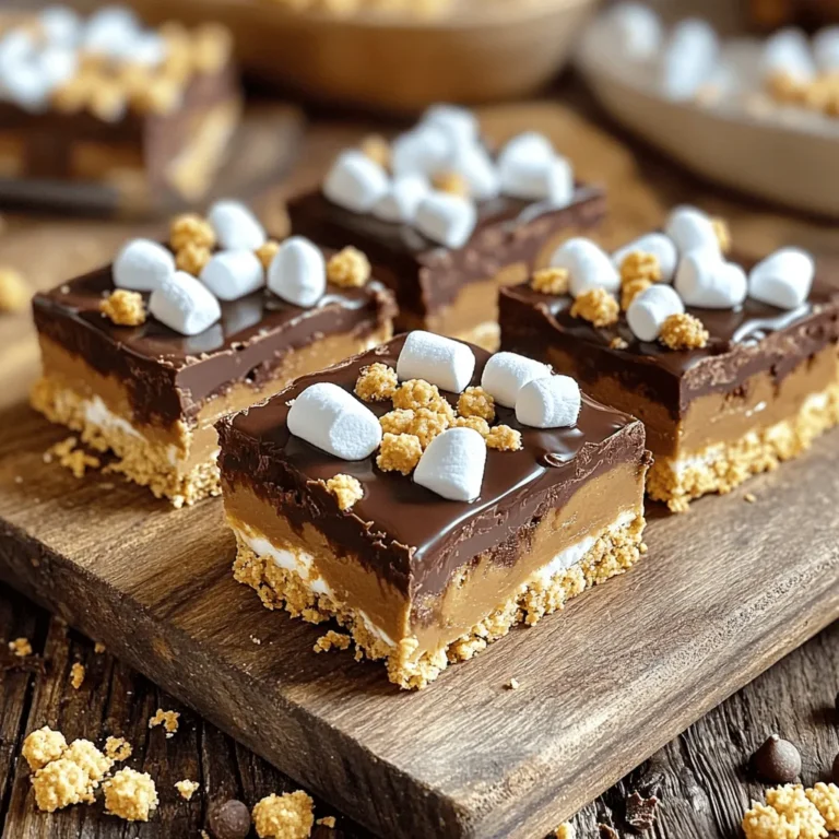 To make these tasty bars, you need the following ingredients: - 1 cup graham cracker crumbs - 1/2 cup unsweetened cocoa powder - 1/2 cup all-purpose flour - 1/2 teaspoon baking soda - 1/4 teaspoon salt - 1/2 cup unsalted butter, melted - 1/2 cup creamy peanut butter - 1 cup brown sugar, packed - 1/4 cup granulated sugar - 2 large eggs - 1 teaspoon vanilla extract - 1 cup mini marshmallows - 1 cup semi-sweet chocolate chips - 1/2 cup crushed graham crackers for topping Each ingredient plays a key role. The graham cracker crumbs create the base. Cocoa powder gives that rich, chocolatey taste. Peanut butter adds creaminess and flavor. You can change this recipe to fit your taste. Here are some ideas: - Use crunchy peanut butter for extra texture. - Swap semi-sweet chips for dark chocolate or white chocolate. - Add a sprinkle of sea salt on top for a sweet-salty kick. - Use almond flour instead of all-purpose flour for a gluten-free option. These swaps can make your bars unique and fun! Measuring your ingredients correctly is key for the best results. Here are some tips: - Use dry measuring cups for dry ingredients like flour and cocoa powder. - For sticky ingredients like peanut butter, spray the cup with a little oil first. - Always level off the measuring cup with a straight edge. - When measuring brown sugar, pack it firmly into the cup. These simple steps help ensure your bars turn out perfectly every time! Start by preheating your oven to 350°F (175°C). This ensures even baking. Next, take a 9x9 inch baking pan. You can grease it with butter or line it with parchment paper. This helps you lift the bars out easily later. In a medium bowl, add your dry ingredients: - 1 cup graham cracker crumbs - 1/2 cup unsweetened cocoa powder - 1/2 cup all-purpose flour - 1/2 teaspoon baking soda - 1/4 teaspoon salt Whisk these together until they blend well. Set this bowl aside for now. In a large bowl, mix: - 1/2 cup unsalted butter, melted - 1/2 cup creamy peanut butter - 1 cup brown sugar, packed - 1/4 cup granulated sugar Stir these until smooth and creamy. This will be your base. Now, add two large eggs, one at a time. Beat well after each egg. Then, pour in 1 teaspoon of vanilla extract. Mix until everything is combined. Next, slowly fold the dry ingredients into the wet mixture. Combine gently until just mixed. Some lumps are okay, so don’t overdo it. Pour half of your batter into the baking pan. Spread it evenly across the bottom. Then, sprinkle on: - 1 cup mini marshmallows - 1 cup semi-sweet chocolate chips After that, pour the rest of the batter on top. Spread it carefully to cover the marshmallows and chocolate. Finally, sprinkle 1/2 cup of crushed graham crackers on the top for added crunch. Place your baking pan in the preheated oven. Bake for 25-30 minutes. The edges should set, but the center will stay gooey. Let the bars cool in the pan for at least 30 minutes before slicing them into squares. Enjoy your delicious creation! To get that gooey center, do not overbake your bars. Bake them just until the edges set, about 25-30 minutes. The middle should still look a bit soft. This soft part will firm up as it cools, giving you that ideal s’mores texture. Keep an eye on the bars as they bake. If you see the edges turning golden brown, it’s time to take them out! Layering is key to a great peanut butter s'mores bar. Start by pouring half of the batter into the pan. Spread it evenly to cover the bottom. Next, sprinkle the mini marshmallows and chocolate chips evenly. This ensures every bite gets that gooey marshmallow and melty chocolate. Finally, pour the rest of the batter on top and gently spread it. The crushed graham crackers should go last for a crunchy topping! To keep your bars fresh, store them in an airtight container. This helps keep them moist and delicious. You can leave them at room temperature for up to a week. If you want to keep them longer, consider freezing them. Cut the bars into squares and wrap each piece in plastic wrap. Then, put them in a freezer-safe bag. They can last for up to three months in the freezer. Just thaw them at room temperature before enjoying! {{image_4}} You can switch peanut butter for other nut butters. Almond butter or cashew butter work well. Each nut butter gives a new taste. Almond butter adds a bit of sweetness. Cashew butter gives a creamy texture. Try sunflower seed butter for a nut-free option. Each choice makes your bars unique and fun! Mixing in new flavors can make your bars special. You might add a dash of almond extract for a nutty twist. A splash of coconut extract can bring a tropical feel. You can also mix in mini chocolate candies or toffee bits. This adds exciting surprises in every bite! To make gluten-free bars, swap regular flour for a gluten-free blend. Be sure to check that your graham cracker crumbs are gluten-free too. Use brands that are certified gluten-free. This way, everyone can enjoy these tasty bars. It’s a simple change that keeps the yum factor high! To keep your Peanut Butter S’mores Bars fresh, store them in an airtight container. Make sure they cool completely before sealing. Place parchment paper between layers to prevent sticking. They will stay fresh for about five days at room temperature. For longer storage, consider freezing them. If you want to keep these bars longer, freezing works well. First, cut the bars into squares. Wrap each square tightly in plastic wrap. Then, place the wrapped bars in a freezer-safe bag or container. They can last up to three months in the freezer. Just remember to label the bag with the date. To enjoy your leftovers, simply take out the desired number of bars. You can reheat them in the microwave for about 15-20 seconds. This will make them warm and gooey again. Alternatively, you can heat them in an oven at 350°F (175°C) for about 5-10 minutes. Enjoy them warm for the best taste! Yes, you can use crunchy peanut butter. It adds extra texture to the bars. Just remember, the bars might have a different mouthfeel. If you like a bit of crunch, go for it! To check if the bars are done, look for set edges and a slightly gooey center. A toothpick inserted should come out with some moist crumbs. If it’s too wet, bake a few more minutes. Yes, you can make these bars ahead of time. They stay fresh for up to three days at room temperature. Just store them in an airtight container to keep them soft and tasty. You can use crushed cookies like digestive biscuits or vanilla wafers. For a gluten-free option, try almond flour or gluten-free cookies. Each option will bring a different flavor to the bars. If you need nut-free options, use sun butter or soy nut butter instead of peanut butter. These alternatives work well and keep the recipe safe for those with nut allergies. You now have a great guide to making Peanut Butter S’mores Bars. We covered key ingredients, mixing methods, and tips for success. With the right techniques, you can achieve that gooey center everyone loves. Don’t hesitate to try variations like using crunchy peanut butter or adding extract flavors. Remember to store your bars properly for the best taste. Experiment and enjoy creating this fun treat! I hope you feel ready to bake and share these delicious bars with friends and family.