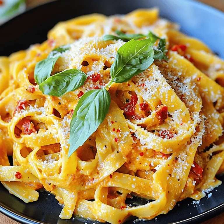 - 2 cups roasted red peppers, drained and roughly chopped - 3 cloves garlic, finely minced - 1 cup heavy cream - 1/2 cup freshly grated Parmesan cheese - 8 ounces fettuccine or your choice of pasta Roasted red peppers are the star of this dish. Their sweet and smoky flavor gives the sauce a rich taste. You can use homemade roasted peppers or store-bought ones. They save time and still taste great. Heavy cream and Parmesan cheese make the sauce creamy and rich. The cream adds smoothness, while the cheese gives depth. This combination creates a luxurious texture that coats the pasta perfectly. You can use any pasta you like. Fettuccine is my go-to choice because it holds sauce well. You can also try penne, spaghetti, or even gluten-free pasta. - 1/4 teaspoon red pepper flakes (adjust according to your spice preference) - Fresh basil leaves, for garnish - 2 tablespoons extra virgin olive oil - Salt and freshly ground black pepper to taste Red pepper flakes are key for adding a little heat. Adjust the amount based on how spicy you want the dish. Just a pinch can elevate the flavor. Fresh basil leaves add color and aroma. They provide a lovely contrast to the creamy sauce. Sprinkle them on top before serving for a fresh touch. Using high-quality olive oil enhances the overall flavor. It also helps to sauté the garlic and blend the sauce. Salt and pepper are essential for bringing out all the flavors. Taste as you go to find the perfect balance. This combination of ingredients makes creamy roasted red pepper pasta a simple, yet satisfying meal. To start, fill a large pot with water. Add a good amount of salt. This helps flavor the pasta. Bring the water to a rolling boil. Once boiling, add 8 ounces of fettuccine. Cook it until it is al dente, which takes about 8 to 10 minutes. Al dente means the pasta is firm but not hard. It should have a slight bite to it. After cooking, reserve 1/2 cup of the pasta water. This water helps adjust the sauce later. Drain the pasta and set it aside for now. Next, we will make the sauce. In a high-speed blender, combine 2 cups of roasted red peppers, 3 cloves of minced garlic, 1 cup of heavy cream, 1/2 cup of grated Parmesan cheese, and 1/4 teaspoon of red pepper flakes. Blend this mixture on high until it is smooth and creamy. You want to ensure there are no chunks left in the sauce. Now, heat 2 tablespoons of extra virgin olive oil in a large skillet over medium heat. Once the oil is shimmering, pour in the blended sauce. Let it simmer gently for about 5 minutes. Stir occasionally to avoid sticking. This step lets the flavors blend well together. Once your sauce is heated, add the drained fettuccine to the skillet. Toss the pasta in the sauce until every piece is coated. If the sauce seems too thick, use the reserved pasta water. Pour it in slowly, a little at a time, until you reach your desired creamy consistency. This helps make the dish rich and smooth. Taste the pasta and adjust the flavor with salt and freshly ground black pepper. You can also change how spicy the sauce is. This is your chance to make it just right! - Avoiding overcooked pasta: Always check the pasta a minute or two before the time on the package. You want it al dente, which means firm to the bite. This keeps the pasta from getting mushy when mixed with the sauce. - Ensuring a smooth sauce: Blend the roasted red peppers, garlic, cream, and cheese until there are no chunks. This gives the sauce a rich, creamy texture. If you want a thinner sauce, add a bit of reserved pasta water while blending. - Spice level adjustments: If you like more heat, add extra red pepper flakes. Start with a little, then taste and add more as needed. This way, you control the spice level just right for your family. - Additional seasoning ideas: Try adding a pinch of smoked paprika or a dash of lemon juice for a fresh twist. You could also mix in some Italian herbs like oregano or thyme for extra flavor. - Garnishing options: Fresh basil leaves not only look pretty but add a nice aroma. You can also sprinkle more Parmesan cheese on top for a gourmet touch. - Serving suggestions for a beautiful plate: Use large, shallow bowls to serve. For an elegant finish, drizzle a little olive oil on top before serving. This makes the dish pop and adds flavor. {{image_4}} You can switch up your pasta to fit your needs. Here are some options: - Gluten-free options: Use gluten-free pasta made from rice or corn. It cooks well and tastes great. - Whole grain choices: Choose whole wheat pasta for added fiber. It has a nutty flavor that pairs nicely with the sauce. Want to make your meal even better? Consider these add-ins: - Vegetables to include: Try adding spinach, zucchini, or bell peppers. They add color and nutrients. - Protein suggestions: Add grilled chicken or shrimp for a protein boost. They make the dish more filling and satisfying. You can easily make this dish vegan. Here’s how: - Dairy-free cream alternatives: Use coconut cream or cashew cream. They give a rich texture without dairy. - Plant-based cheese options: Try nutritional yeast or vegan cheese. They add a savory flavor without animal products. To keep your creamy roasted red pepper pasta fresh, store it in an airtight container. Make sure to seal it well to prevent moisture loss. Place it in the refrigerator within two hours of cooking. It will stay fresh for up to three days. If you want to save it for later, you can freeze the pasta. Just let it cool completely. Then, pack it in freezer-safe bags or containers. This way, it can last for up to three months. You have two easy ways to reheat your pasta: the microwave or the stovetop. For the microwave, place your pasta in a microwave-safe bowl. Add a splash of water or cream to keep it moist. Heat it in short bursts, stirring in between until warm. For the stovetop, add your pasta to a skillet over low heat. Stir it gently, adding a bit of water or cream to help it heat evenly. Both methods will bring back the creamy goodness. In the fridge, your creamy roasted red pepper pasta will last for about three days. If you freeze it, aim to use it within three months for the best taste. Always check for signs of spoilage, like off smells or changes in texture. This way, you can enjoy your delicious meal without worry! You can use several options instead of heavy cream. - Dairy-free alternatives: Coconut cream works well for a rich taste. Almond milk can also be used, but add some cornstarch for thickness. - Other creamy options: Greek yogurt adds creaminess. Silken tofu blended until smooth is another great choice. These substitutes will change the flavor. Experiment to find your favorite! Yes, you can use jarred roasted red peppers. - Pros: They save time and are easy to find. Jarred peppers are usually soft and blend well. - Cons: They may contain added salt or preservatives. Fresh roasted peppers have better flavor and texture. Using jarred peppers is a great way to save time, but fresh is best if you can. To add spice, you have a few simple options. - Adding heat to the dish: Increase the red pepper flakes in the sauce. Add fresh chopped jalapeños or crushed red pepper for more heat. You can also add hot sauce while mixing the pasta. Adjust the spice to fit your taste. Enjoy your fiery twist! This blog post showed you how to make a tasty roasted red pepper pasta. You learned about key ingredients like roasted red peppers and heavy cream, as well as tips for cooking and garnishing. Remember to choose the pasta you like best, and don’t be afraid to add your favorite veggies or proteins. Don’t forget to store leftovers properly so you can enjoy this meal later. Cooking can be fun and creative, so have fun experimenting with flavors and variations. Happy cooking!