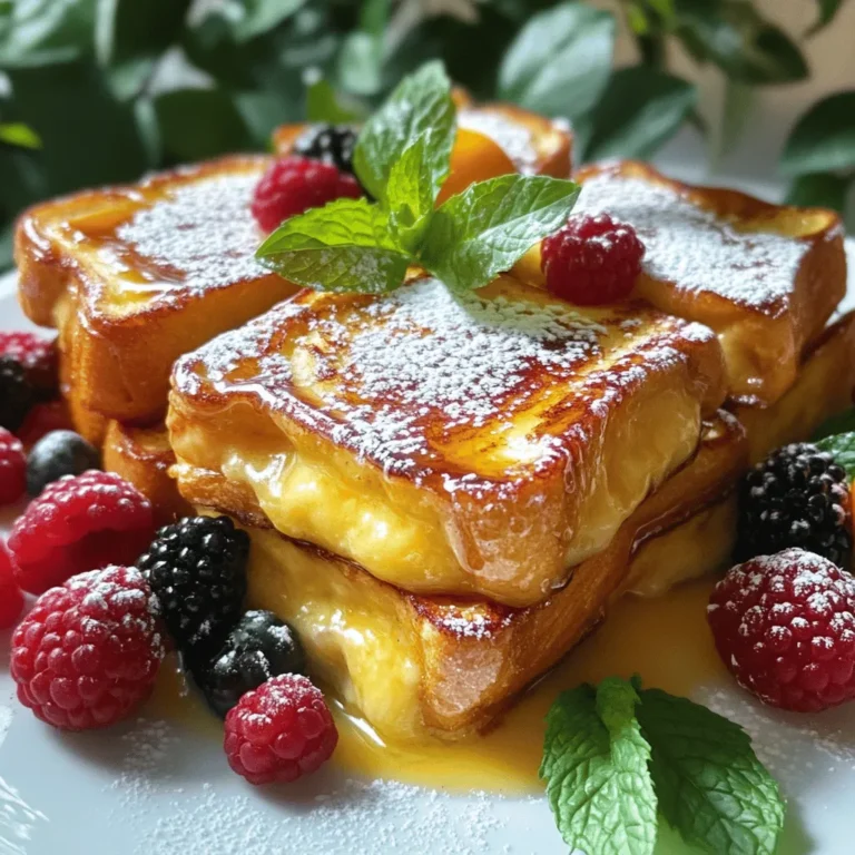 To make Vanilla Bean Crème Brûlée French Toast, you'll need a few key items. Here's what you should gather: - 1 loaf of brioche bread, sliced thick (about 8 slices) - 4 large eggs - 1 cup heavy cream - 1/2 cup whole milk - 1/4 cup granulated sugar - 1 tablespoon pure vanilla extract - 1 vanilla bean, split and seeds scraped - 1 teaspoon ground cinnamon - 1/2 teaspoon ground nutmeg - Pinch of salt - Extra granulated sugar for caramelizing These ingredients work together to create a rich and creamy custard, perfect for soaking the brioche. The heavy cream and milk add a nice texture, while the eggs help bind everything. The vanilla bean gives a wonderful depth of flavor, far beyond just using vanilla extract! The spices bring warmth, making each bite feel cozy. Make sure to use fresh brioche bread. Its buttery softness will soak up the custard beautifully. Each ingredient plays a role, so be mindful when you choose them. Start with a large bowl. Crack the four eggs and whisk them until smooth. Next, add the heavy cream and whole milk. Then, pour in the granulated sugar, pure vanilla extract, and the seeds from the split vanilla bean. Sprinkle in the ground cinnamon, nutmeg, and a pinch of salt. Whisk this mixture well. Make sure the sugar dissolves fully for a smooth custard. Grab your brioche bread and slice it thick. Arrange the slices in a single layer in a baking dish. Pour the custard over the bread evenly. Press down gently on each slice to help it soak up the custard. This step is key! Cover the dish and refrigerate for at least one hour. For the best flavor, let it soak overnight. When you're ready to bake, preheat the oven to 375°F (190°C). After soaking, take out the baking dish from the fridge. Place it in the preheated oven and bake for about 25-30 minutes. You'll know it's done when the custard is set and the top is golden brown and puffy. This means it’s ready for the next step! - Soak the brioche for at least one hour. Overnight soaking gives the best flavor. - Preheat your oven to 375°F (190°C) for even baking. Bake for 25-30 minutes for perfect texture. Look for a golden brown top and set custard. - For the best caramelized topping, sprinkle an even layer of sugar on the baked French toast. Use a kitchen torch for a crispy finish. If you lack a torch, broil for a few minutes, but watch closely. - Dust each serving with powdered sugar for a sweet touch. A sprig of mint adds a fresh look. - Add colorful garnishes like raspberries or blueberries. They pop against the golden toast. - Enhance each plate with toppings like fresh berries, maple syrup, or whipped cream. These add flavor and make it visually appealing. {{image_4}} You can change the flavor of your Vanilla Bean Crème Brûlée French Toast in fun ways. - Substituting different types of bread: Try using challah or sourdough instead of brioche. Each type brings its own taste and texture. - Infusing flavors like almond or orange: Add almond extract for a nutty note. Orange zest adds a bright, citrus twist. - Using flavored syrups or sauces: Maple syrup is classic, but adding caramel or berry sauce can elevate the dish even more. Making this dish fit your diet is easy. - Making it gluten-free: Use gluten-free bread for a tasty, safe option. Many brands offer great flavors. - Vegan alternatives for eggs and dairy: Swap eggs with flaxseed meal or aquafaba. Use almond or coconut milk instead of cream and regular milk. - Reducing sugar for a healthier option: You can cut down granulated sugar and use a natural sweetener like honey or agave. These variations and adjustments let you enjoy this dish in many ways. You can impress your friends and family while meeting dietary needs! To keep your Vanilla Bean Crème Brûlée French Toast fresh, store it in the fridge. Place any leftover slices in an airtight container. This helps prevent them from drying out. You can also wrap the slices tightly in plastic wrap. Make sure they stay well covered to lock in moisture. When it comes time to reheat, you want to keep the texture nice. For best results, use your oven. Preheat it to 350°F (175°C). Place the slices on a baking sheet and cover them with foil. Bake for about 10-15 minutes. This method warms them up without making them soggy. If you want to freeze your baked dish, cut it into slices first. Wrap each slice in plastic wrap. Then place them in a heavy-duty freezer bag. Make sure to remove as much air as possible. This helps prevent freezer burn. When you’re ready to enjoy it again, take a slice out of the freezer. Thaw it in the fridge overnight. Then, reheat it as mentioned before. This keeps the custard creamy and the top crispy. Enjoy your delicious French toast even after days! Yes, you can prepare this dish ahead of time. It helps the flavors blend well. - Soak the bread overnight in the custard. - Store it in the fridge covered with plastic wrap. - Bake it fresh in the morning for a warm treat. The French toast is done when it looks puffed and golden. - Check if the custard is set in the middle. - A toothpick should come out clean from the center. - Watch for a nice golden color on top. This dish pairs well with many sides and drinks. - Serve it with fresh berries or whipped cream. - Drizzle some maple syrup for extra sweetness. - Enjoy with a cup of coffee or hot tea. For a perfect breakfast or brunch menu, consider adding: - Crispy bacon or sausage for a savory touch. - A light fruit salad to balance the richness. - A refreshing mimosa or smoothie for a drink. This blog post outlined a delicious recipe for Vanilla Bean Crème Brûlée French Toast. We discussed the key ingredients and walked through each step, from preparing the custard to baking. I also shared tips for the best texture and flavor, along with variations for your taste buds. In conclusion, make this dish your own with fun toppings or flavors. Just remember, practice makes perfect. Enjoy creating a delightful meal that will impress everyone at the table!