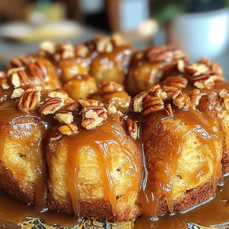 To make Caramel Pecan Monkey Bread, gather these simple ingredients: - 2 cans (16 oz each) refrigerated biscuit dough - 1 cup pecans, roughly chopped - 1/2 cup unsalted butter - 3/4 cup brown sugar, firmly packed - 1/4 cup granulated sugar - 2 teaspoons ground cinnamon - 1/2 cup caramel sauce (store-bought or homemade) - Optional: 1 teaspoon vanilla extract Each ingredient plays a key role in creating this tasty treat. The biscuit dough forms the fluffy base. The pecans add a nice crunch and nutty flavor. Butter makes everything rich, while sugars caramelize beautifully during baking. Ground cinnamon provides warmth and spice, enhancing the sweet notes. Caramel sauce is the star, bringing gooey sweetness. And if you choose to add vanilla, it boosts the overall flavor even more! - Preheat oven to 350°F (175°C). - Grease the bundt pan with cooking spray or softened butter. - Cut biscuit dough into four equal pieces. - Toss pieces in cinnamon-sugar mixture. - Layer half of the chopped pecans in the pan. - Arrange half of the biscuit pieces over pecans. - Add remaining pecans and top with remaining biscuit pieces. - Melt unsalted butter and mix in brown sugar and vanilla extract. - Pour in caramel sauce and whisk until smooth. - Drizzle caramel mixture over biscuit layers. - Bake for 30-35 minutes until golden brown. This process is easy and fun. Each step builds layers of flavor. You get to create a lovely treat that everyone will love. Enjoy the aroma of warm biscuits and caramel. This monkey bread is sure to impress! - Monitoring baking time for perfect results: Keep an eye on the monkey bread as it bakes. Set a timer for 30 minutes. Check if it’s golden brown. If it needs more time, add a few minutes. This way, you avoid overbaking. - Allowing to cool before inverting for easier removal: After baking, let the monkey bread cool for 10 minutes. This makes it easier to flip onto a plate. If you rush, it might stick to the pan. - Drizzling extra caramel for presentation: For a special touch, heat some extra caramel sauce. Drizzle it on top before serving. This adds a lovely shine and extra sweetness. - Sugaring the top for a crispy finish: Before baking, sprinkle some granulated sugar on the top layer. This gives a nice crunch when baked, making each bite even better. - Adding chocolate chips or fruit: Want to mix it up? Add chocolate chips or pieces of fruit like apples or berries. This will give your monkey bread a new twist and more flavor. - Adjusting sweetness level with less sugar: If you prefer less sweetness, cut back on the brown sugar. You can still enjoy a tasty treat without it being too sweet. {{image_4}} You can easily customize your Caramel Pecan Monkey Bread by changing some ingredients. - Using different nuts: Try using walnuts or almonds instead of pecans. Each nut brings a unique taste and crunch. - Substituting honey for caramel: If you want a different sweet twist, use honey instead of caramel. This adds a floral flavor and a sticky texture. Adding new flavors can change the whole dish. Here are some ideas: - Infusing spices: Consider adding spices like nutmeg or ginger. They can give warmth and depth to the bread. - Adding extracts: You can also include drops of almond or maple extract. This enhances sweetness and adds a lovely aroma. The temperature you serve your monkey bread can change how it tastes. - Enjoying warm versus chilled versions: Warm monkey bread is gooey and comforting. Chilled versions are firmer and easier to slice. - How serving temperature affects taste experience: Warm bread lets the caramel ooze out, making each bite a treat. Chilled bread allows the flavors to meld, creating a different but tasty experience. To keep your Caramel Pecan Monkey Bread fresh, you should refrigerate it. Wrap the bread tightly in plastic wrap or aluminum foil. This will help prevent it from drying out. Your leftovers will stay fresh for up to three days in the fridge. After that, the flavor and texture may change. When you want to enjoy your leftovers, you can reheat them easily. For the best results, use an oven. Preheat your oven to 350°F (175°C). Place the monkey bread in an oven-safe dish and cover it with foil. Heat for about 10 to 15 minutes until warm. If you need a quick option, the microwave works too. Just place a piece of monkey bread on a microwave-safe plate. Heat it for about 15-20 seconds. Check if it’s warm enough, and enjoy! You can freeze Caramel Pecan Monkey Bread if you want to save some for later. You can freeze it before or after baking. If freezing before baking, wrap the bundt pan in plastic wrap and place it in the freezer. When you’re ready to bake, just remove it and follow the baking instructions. If you freeze it after baking, make sure it’s completely cool first. Wrap it tightly and place it in a freezer-safe bag. It can last for up to three months in the freezer. To thaw, simply move it to the fridge overnight. For best texture, reheat it in the oven after thawing. This will help restore its delicious gooeyness! Monkey bread is a fun, pull-apart bread. It uses biscuit dough, baked with sugar and cinnamon. This dish is sweet, gooey, and often topped with caramel. You can eat it warm and share it with friends. It’s perfect for breakfast or dessert! Yes, you can prepare monkey bread ahead. You can cut the biscuit dough and mix it with sugar and cinnamon. Layer it in the bundt pan, then cover it tightly. Chill it in the fridge overnight. In the morning, just bake it! Absolutely! You can use gluten-free biscuit dough. Many brands offer gluten-free options now. Just check the labels to ensure they are safe. The rest of the ingredients are naturally gluten-free, so you’re good to go! You can serve monkey bread with coffee or hot chocolate. It pairs well with fresh fruit, too. Consider adding whipped cream or ice cream for extra sweetness. Everyone loves a warm, gooey treat! If your monkey bread is dry, try adding more caramel sauce. Drizzle it over the warm bread after baking. You can also serve it with a scoop of ice cream. This adds moisture and keeps it delicious! This recipe for Caramel Pecan Monkey Bread combines simple steps with tasty results. You start with biscuit dough, layer it with pecans, and drizzle a rich caramel sauce. Remember to follow baking tips for the best outcome and consider fun variations to make it your own. Enjoy it warm or chilled, and store leftovers properly to keep them fresh. This dish is perfect for sharing. Dive into this delightful treat and impress your friends!