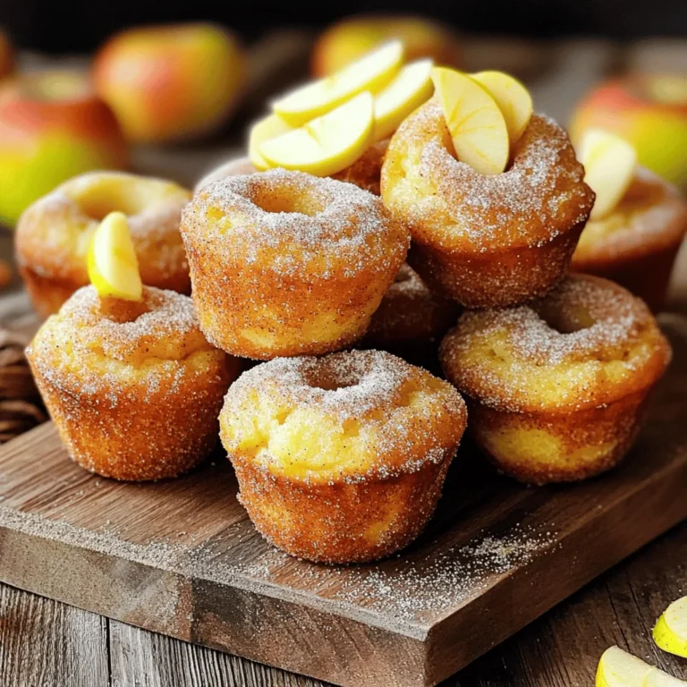 - 2 cups all-purpose flour - 1 cup apple cider - 1 cup granulated sugar - 1/2 cup unsalted butter, melted and slightly cooled - 2 large eggs, at room temperature - 1 teaspoon vanilla extract - 1 tablespoon baking powder - 1 teaspoon ground cinnamon - 1/2 teaspoon ground nutmeg - 1/2 teaspoon salt - 1/2 cup granulated sugar (for coating) - 1 tablespoon ground cinnamon (for coating) You can swap some ingredients for alternatives. Use whole wheat flour instead of all-purpose flour for a nutty taste. If you want a dairy-free option, try coconut oil instead of butter. For the eggs, you can use flax eggs. Mix 1 tablespoon of ground flaxseed with 3 tablespoons of water. Let it sit for 5 minutes to thicken. Fresh apples make a big difference in your muffins. Look for apples that feel firm and heavy. Avoid any with bruises or soft spots. The best apples for this recipe are sweet varieties like Honeycrisp or Fuji. They add a nice flavor to your muffins. Make sure to smell them too! Fresh apples should smell sweet and fruity. First, preheat your oven to 350°F (175°C). This step warms the oven so the muffins bake evenly. Next, take your muffin pan and lightly grease it with cooking spray. You can also use paper muffin liners. This makes it easy to remove the muffins later. In a medium bowl, combine 2 cups of all-purpose flour, 1 tablespoon of baking powder, 1 teaspoon of ground cinnamon, 1/2 teaspoon of ground nutmeg, and 1/2 teaspoon of salt. Use a whisk to mix these ingredients well. This helps spread the baking powder and spices evenly. In a large bowl, whisk together 1/2 cup of melted butter and 1 cup of granulated sugar. Mix until the blend is smooth and creamy. This step adds air to the mixture, making your muffins light. Add 2 large eggs, one at a time. Whisk well after each addition. This ensures they mix in fully. Stir in 1 teaspoon of vanilla extract, blending until smooth. Carefully pour in 1 cup of apple cider into your wet mix. Stir gently until just combined. Be careful not to over-mix at this stage, as this helps keep the muffins soft and fluffy. Slowly add the dry mixture to the wet mixture. Use a spatula to fold everything together until just combined. Again, avoid overmixing to keep your muffins tender. Fill each muffin cup about two-thirds full with the batter. This gives them space to rise. Place the muffin pan in the oven and bake for 18-20 minutes. To check if they are done, stick a toothpick in the center. It should come out clean. When you mix your batter, do it gently. Overmixing can make your muffins tough. It is key to mix just until the dry ingredients blend with the wet ones. I recommend using a spatula to fold the batter. You want to see some lumps; it means your muffins will be soft and light. To ensure your muffins bake evenly, fill each cup the same amount. Aim for about two-thirds full. This allows room for them to rise without spilling over. Rotating your muffin pan halfway through baking also helps. This gives each muffin a chance to bake evenly. To keep your muffins moist, add apple cider carefully. The cider adds flavor and moisture. You can also try using room temperature eggs and melted butter. Both of these help create a nice texture. If you want to make them even richer, consider adding a bit of yogurt or sour cream to the batter. This extra step keeps your muffins deliciously moist. {{image_4}} After baking your muffins, you can add a glaze for extra sweetness. A simple glaze can be made by mixing powdered sugar and apple cider. Start with 1 cup of powdered sugar and add apple cider one tablespoon at a time until you reach your desired consistency. Drizzle it over the muffins for a lovely finish. You can boost the flavor by adding nuts or dried fruits. Chopped walnuts or pecans add a nice crunch. For a fruity twist, try adding dried cranberries or raisins. Just fold in about 1/2 cup of your choice into the batter before baking. This will give your muffins a delightful surprise in every bite. If you want to change the spice profile, there are many options. Swap the nutmeg for allspice or ginger for a different taste. You can also add pumpkin spice for a fun twist. Just remember to keep the amounts similar, about 1 teaspoon, to maintain balance in the flavor. To keep your apple cider donut muffins fresh, store them in an airtight container. This will help maintain their soft texture and delicious flavor. If you have leftover muffins, place a piece of parchment paper between layers to prevent sticking. You can keep them at room temperature for a few days. If you want to save some muffins for later, freezing is a great option. Allow the muffins to cool completely first. Then wrap each muffin in plastic wrap and place them in a freezer-safe bag. They can last up to three months in the freezer. To reheat, simply take a muffin out and let it thaw. You can warm it in the microwave for 15-20 seconds or in a preheated oven at 350°F for about 5-7 minutes. This will make them taste fresh again. Apple cider donut muffins stay fresh for about 2-3 days at room temperature. If stored in the fridge, they can last up to a week. Just make sure they are sealed well. If you freeze them, remember to consume them within three months for the best taste. Yes, you can use homemade apple cider. Fresh cider adds a rich flavor. Just ensure it is not too watery. Homemade cider can enhance the taste and aroma of the muffins. To make gluten-free muffins, swap all-purpose flour for a gluten-free blend. Ensure the blend has a good structure. You may also need to add a binding agent like xanthan gum. This helps the muffins hold together well. The best way to reheat muffins is in the oven. Preheat the oven to 350°F (175°C). Wrap muffins in foil to keep them moist. Heat for about 10 minutes. You can also use the microwave for a quick option. Just heat for 10-15 seconds. Yes, you can make these muffins ahead of time. Store them in an airtight container. They stay fresh for 2-3 days at room temperature. For longer storage, freeze them for up to three months. Just remember to let them cool before freezing. Muffins may not rise due to a few reasons. First, check the baking powder's freshness. Old baking powder can lose its power. Second, not mixing the batter enough can cause them to be dense. Lastly, overmixing can lead to tough muffins. Aim for a light hand when mixing. This article covered everything about making apple cider donut muffins. We listed key ingredients and suggested smart substitutions. You learned simple steps to prepare, bake, and test your muffins. I shared tips for perfect texture and tasty variations, like glazes or add-ins. Remember to store them right for freshness. Keeping these points in mind will help you bake delicious muffins every time. Enjoy this fun treat with family and friends!