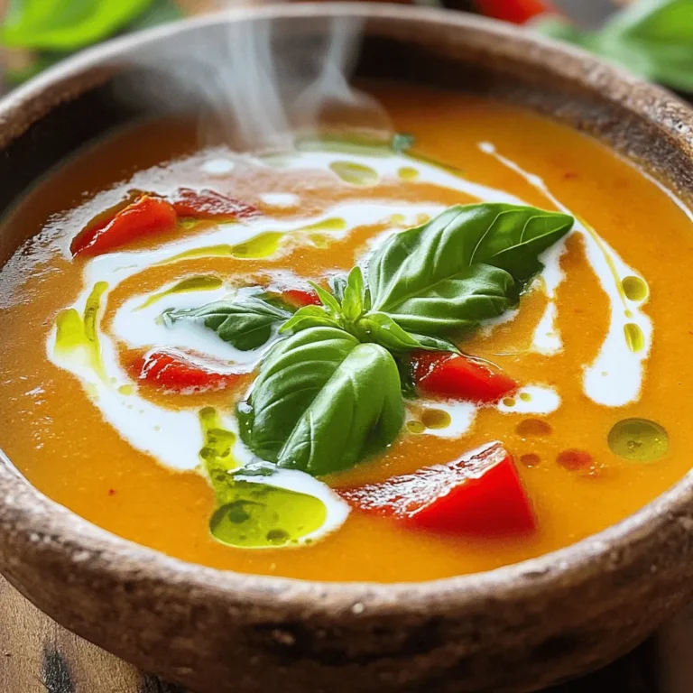 - 4 large red bell peppers - 6 ripe tomatoes - 1 large onion - 4 cloves garlic - Dried basil - Dried oregano - Salt and pepper - Heavy cream - Coconut cream (for vegan option) - Fresh basil leaves for garnish The main ingredients create a rich base for this soup. The red bell peppers add sweetness and depth. The ripe tomatoes bring a bright, fresh flavor. The onion and garlic provide a savory kick, making every sip delightful. For seasonings, dried basil and oregano balance the sweetness. Salt and pepper enhance the taste, making the flavors come alive. You can adjust these seasonings to fit your palate. If you want a creamy touch, try adding heavy cream. Coconut cream works great for vegan options. Fresh basil leaves as a garnish bring color and a burst of flavor. They make your soup look and taste amazing. Choosing high-quality ingredients matters. Fresh vegetables will elevate your soup. Always use ripe tomatoes for the best flavor. The right seasonings can transform a simple soup into a gourmet experience. Start by preheating your oven to 400°F (200°C). This high heat helps the veggies roast perfectly. Next, take 4 large red bell peppers and cut them in half. Remove all the seeds. Then, quarter 6 ripe tomatoes. Place the bell peppers and tomatoes on a baking sheet, skin side up. Drizzle them with 2 tablespoons of olive oil. Sprinkle salt and black pepper on top. Roast them in the oven for 25 to 30 minutes. Look for charred edges on the peppers and tender tomatoes. While your veggies roast, heat 1 tablespoon of olive oil in a large pot over medium heat. Once the oil shines, add 1 large diced onion. Stir it often for about 5 minutes until it turns soft and fragrant. Then, add 4 minced garlic cloves. Cook for another 1 to 2 minutes. Keep stirring to avoid burning the garlic. After roasting, remove the vegetables from the oven and let them cool a bit. Peel the skin off the bell peppers and toss it away. Now, mix the roasted peppers and tomatoes with the sautéed onion and garlic in the pot. Pour in 2 cups of vegetable broth. Add 1 teaspoon each of dried basil and oregano. Season with salt and pepper to taste. Stir everything well and bring the mix to a gentle simmer. Let it cook for about 10 minutes. This step blends the flavors nicely. Next, grab your immersion blender. Carefully puree the soup right in the pot until it’s smooth. If you don’t have an immersion blender, use a regular blender. Blend in small batches, then return the soup to the pot. Check the texture. If you want it thinner, add a bit more broth. Now, stir in ½ cup of heavy cream or coconut cream for a vegan choice. Let the soup heat through for a few minutes. Taste it again and adjust the seasoning if needed, adding more salt and pepper. Your cozy roasted red pepper tomato soup is ready to serve! To make this soup shine, balance the acidity of the tomatoes. I like to add just the right amount of salt and pepper. This simple step brightens the taste. For creaminess, I suggest heavy cream. It gives a rich, smooth texture. If you want a lighter option, use coconut cream. It adds a nice hint of sweetness too. When serving, use deep bowls to hold the soup. This makes it look inviting. I love to drizzle a little extra cream on top. It makes the dish look fancy. Add fresh basil leaves on top for color and flavor. You can also sprinkle some herbs for extra flair. Pair the soup with crusty bread. It is perfect for dipping and adds comfort. I prefer oven roasting for the peppers and tomatoes. This method deepens their flavor. The charred edges add a nice taste that you can't get from stovetop cooking. If you want a quicker method, try stovetop roasting. Just be sure to keep an eye on them to avoid burning. For blending, an immersion blender works best. It’s easy and quick, right in the pot. If you don’t have one, a regular blender is fine. Just blend in batches and return to the pot. This way, your soup stays warm and ready to serve. {{image_4}} You can change the heat of your soup easily. Adding red pepper flakes gives a nice kick. Start with a small amount, like 1/4 teaspoon. Taste it, then add more if you want more spice. Smoked paprika is another great choice. It adds warmth and a hint of smokiness. Use about 1 teaspoon and mix it in while cooking. If you want to switch things up, try using other veggies. Carrots, zucchini, or butternut squash can work well. These can add sweetness and depth to the soup. You can also mix in fresh herbs like thyme or rosemary. These herbs will bring a fresh taste to your dish. Pairing your soup with crusty bread makes it even better. The bread adds texture and flavor. You can also create a creamy crouton topping. Simply toast some bread, then drizzle with cream. Place the croutons on the soup right before serving. This adds a fun twist and makes your meal more filling. After making your cozy roasted red pepper tomato soup, let it cool first. Then, transfer it to an airtight container. Store it in the fridge for up to four days. When reheating, pour the soup into a pot over medium heat. Stir it occasionally until hot. You can also microwave it in a bowl, but cover it to avoid splatters. If you want to save some soup for later, freezing is your best bet. Pour the cooled soup into freezer-safe containers. Leave some space at the top, as soup expands when frozen. It can last up to three months in the freezer. When you’re ready to eat, transfer the container to the fridge for a night. Once thawed, reheat it on the stove or in the microwave until hot. This soup stays fresh in the fridge for about four days. If you see any mold or notice a bad smell, it’s time to toss it. Always trust your senses. If it looks or smells off, don’t eat it. Your health matters! Yes, you can make this soup ahead of time. To prepare in advance, follow these steps: - Roast the peppers and tomatoes. - Cool them before blending. - Store the soup in an airtight container in the fridge for up to three days. - Reheat gently on the stove before serving. Yes, this soup can be vegan. To make it vegan, use coconut cream instead of heavy cream. Also, ensure that your vegetable broth is vegan-friendly. This way, everyone can enjoy a cozy bowl. If you want a thicker soup, try these options: - Add more roasted peppers and tomatoes. - Use a small amount of mashed potatoes. - Blend in a bit of cooked rice or quinoa. These ingredients add thickness without changing the flavor much. Yes, you can absolutely use canned tomatoes. Choose whole or diced tomatoes for the best flavor. Use about two 14-ounce cans for this recipe. Drain them well and add them when you combine ingredients. To serve this soup, try these ideas: - Pair it with crusty bread or grilled cheese for a classic touch. - Add a drizzle of extra cream on top for richness. - Garnish with fresh basil for color and flavor. These options bring out the soup's cozy vibes. In this post, we explored how to create a delicious roasted tomato and bell pepper soup. We covered the key ingredients, crucial steps, and tips for the best flavors. You can adjust the spice levels or use different veggies for variety. Remember to store the soup properly for future meals. With a few simple techniques, you can impress anyone with this recipe. Enjoy making it your own, and savor each warm bowlful!
