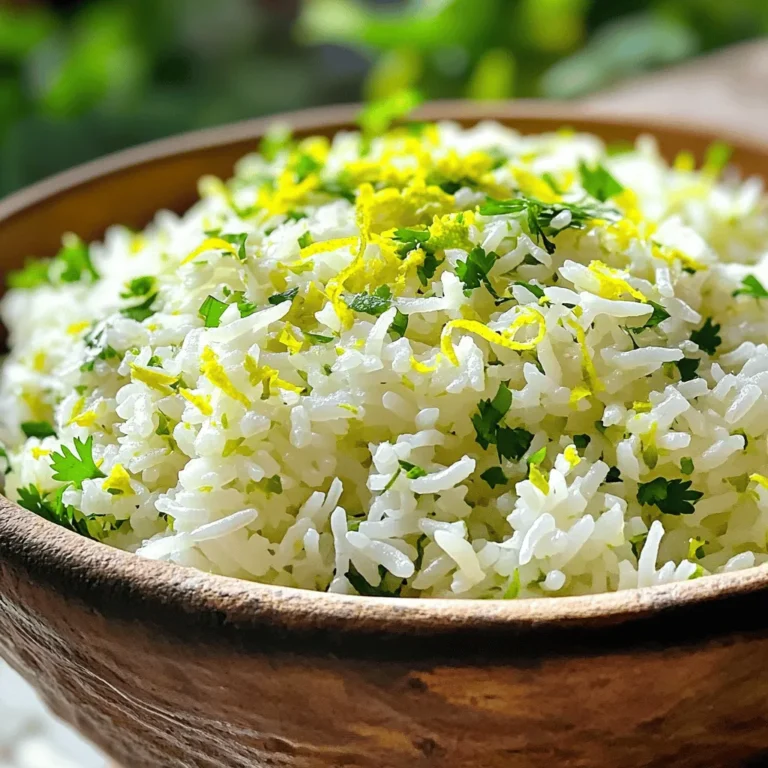 - 1 cup jasmine rice - 2 cups vegetable broth - Zest of 1 lime - 2 tablespoons fresh lime juice - 1/4 cup fresh cilantro, finely chopped - 1 tablespoon extra virgin olive oil - 1/2 teaspoon garlic powder - 1/2 teaspoon onion powder - Sea salt, to taste - 1/4 teaspoon freshly ground black pepper For a twist, you can swap jasmine rice with basmati rice. If you want a lighter taste, use lime juice instead of zest. You can also replace cilantro with parsley for a different flavor profile. To create this zesty rice, you will need: - A medium-sized saucepan - A wooden spoon for stirring - A measuring cup for the rice and broth - A zester or grater for the lime For the best results, use a heavy-bottomed saucepan. Brands like Cuisinart or Calphalon work well for even heat distribution. A good zester, like Microplane, helps you get fine zest without the bitter pith. How to rinse jasmine rice properly Rinsing jasmine rice is easy. Place the rice in a bowl. Add cold water and stir gently. Drain the water. Repeat this process until the water runs clear. This step removes excess starch. Clean rice will make your dish fluffy. Tips for measuring broth accurately Use a liquid measuring cup for broth. Pour slowly to avoid spills. Make sure to level off the top for accuracy. This ensures you add just the right amount. Too much broth can make the rice mushy. Sautéing the rice: Importance of heat control Heat a medium saucepan over medium heat. Add extra virgin olive oil. Once hot, add the rinsed rice. Sauté for 2-3 minutes. Stir often until the rice turns slightly golden. This step enhances the rice’s flavor. Heat control is key to avoid burning. The boiling and simmering technique explained After sautéing, pour in the vegetable broth. Add spices like garlic powder and onion powder. Stir well to coat the rice. Increase the heat until it boils. Once boiling, reduce the heat to low. Cover the pot tightly and simmer for 15 minutes. This lets the rice absorb the broth. Fluffing rice: Best practices After 15 minutes, remove the pot from the heat. Keep the lid on for 5 more minutes. This resting time helps the rice finish cooking. Use a fork to fluff the rice gently. Fluffing adds air and keeps the grains separate. Incorporating lime and cilantro perfectly Now, it’s time to add flavor. Stir in the lime zest and fresh lime juice. Add finely chopped cilantro next. Mix everything until it’s well combined. Taste the rice and adjust with more lime juice or salt if needed. Enjoy your zesty creation! To make your rice fluffy, rinse the jasmine rice well. Rinse it under cold water until the water runs clear. This step removes excess starch, which can make the rice sticky. After cooking, let the rice rest for five minutes. This resting time helps the rice become light and fluffy. You can add spices to boost the taste. Consider using cumin or chili powder for warmth. If you want more zest, add a bit more lime juice or zest. Taste the rice and adjust the flavors as needed. Zesty lime cilantro rice pairs well with many dishes. It complements grilled chicken, fish, or shrimp. You can also serve it with beans or roasted veggies. For a fun presentation, use a colorful bowl. Garnish with cilantro and a lime wedge for a fresh look. {{image_4}} If you want to switch up the rice, there are good choices. You can use brown rice, basmati, or even quinoa. Each option gives a different taste and texture. Brown rice adds a nutty flavor and is more chewy. Basmati provides a fragrant aroma and fluffy texture. Quinoa is gluten-free and high in protein. When using these alternatives, adjust the cooking time. Brown rice takes about 40-45 minutes to cook, so you need to add more broth. Basmati usually cooks in about 15 minutes, similar to jasmine rice. Quinoa cooks quickly in about 15-20 minutes, but needs less broth. Always check the package for specific instructions. To make your zesty lime cilantro rice even better, consider adding protein or veggies. Grilled chicken or shrimp works well. Just cook them separately and mix them in after cooking the rice. Beans like black beans or chickpeas are great for plant-based protein. Adding vegetables can also boost the flavor and nutrition. You might try diced bell peppers, corn, or peas. Sauté them with the rice for added taste. You can also stir in spinach or kale at the end for a pop of color and health. You can easily make this rice vegan or gluten-free. To make it vegan, just use vegetable broth, which is already in the recipe. For gluten-free, always check your broth label. If you want a low-sodium option, look for low-sodium vegetable broth. You can also reduce the sea salt to control the sodium content. This way, you still enjoy great flavor without too much salt. To store your leftover zesty lime cilantro rice, first let it cool. Place the rice in an airtight container. This helps keep it fresh. You can store it in the fridge for up to 4 days. If you want to enjoy it longer, freezing is a great option. To freeze cooked rice, start by letting it cool completely. Then, scoop the rice into freezer-safe bags. Press out as much air as possible before sealing. Label the bags with the date. This helps you remember when you froze it. Rice can stay fresh in the freezer for up to 3 months. When you're ready to eat, take the rice out of the freezer. To reheat, place it in a microwave-safe bowl. Add a splash of water to keep it moist. Cover the bowl with a damp paper towel. Heat in the microwave for 3-4 minutes, stirring halfway through. This method keeps the texture nice and fluffy. Enjoy your zesty lime cilantro rice anytime! To avoid sticky rice, rinse your jasmine rice under cold water. This removes excess starch. Rinsing until the water runs clear helps keep the rice fluffy. Another tip is to sauté the rice for 2-3 minutes in oil before adding broth. This adds flavor and helps keep grains separate. Finally, let the rice rest covered after cooking to finish the steam process. You can use lime juice instead of zest, but the flavor changes. Lime zest gives a bright, fresh aroma that juice alone cannot match. If you use juice, add it at the end of cooking, so the flavor stays strong. You might want to use more juice to get a similar zesty punch. Zesty lime cilantro rice pairs well with many dishes. Try it with grilled chicken or fish for a tasty meal. It also works great with tacos or burritos. Vegetarian options like black beans or sautéed veggies also complement the rice. For a refreshing twist, serve it alongside a fresh salad. This blog offers you a complete guide to making zesty lime cilantro rice. We covered all the essential ingredients, tools, and detailed cooking steps. I shared tips for fluffiness and flavor enhancements, plus variations and storage advice. You now have the tools to create a delicious dish that adds zest to any meal. Enjoy experimenting with this recipe. Trust me, your friends and family will love it!