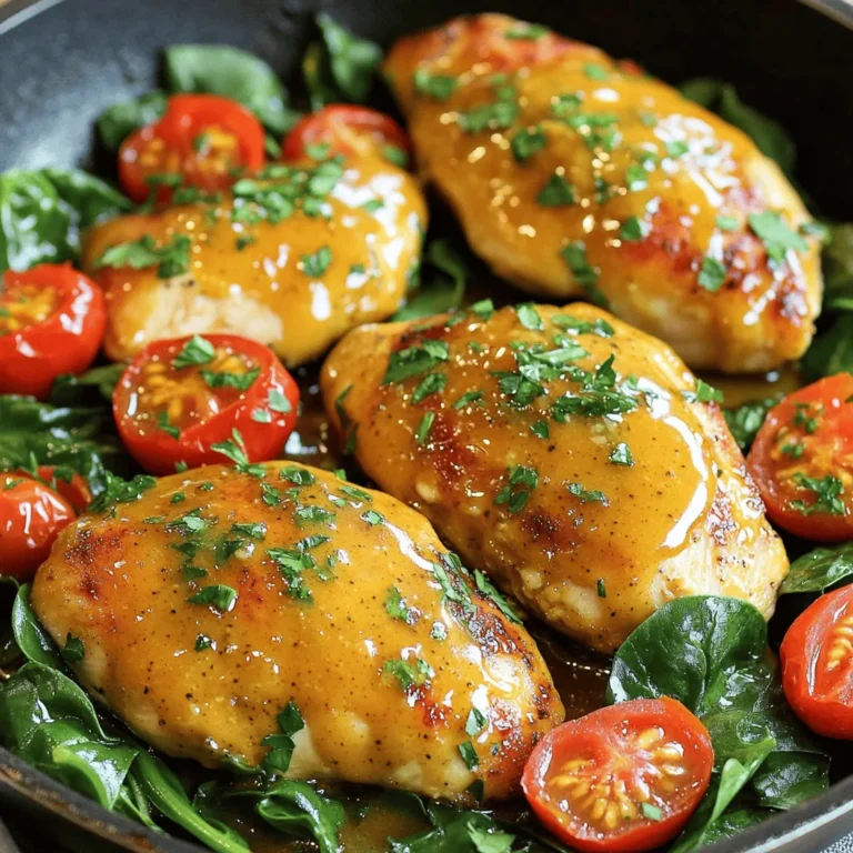 - 4 boneless, skinless chicken breasts - 1/4 cup honey - 1/4 cup Dijon mustard - 2 tablespoons olive oil - 2 cloves garlic, minced - 1 teaspoon dried thyme - 1 teaspoon paprika - Salt and pepper to taste - 1 cup cherry tomatoes, halved - 2 cups fresh baby spinach - Fresh parsley, chopped for garnish Gathering the right ingredients is key. First, we need chicken breasts. I prefer boneless and skinless for easy cooking. Honey adds sweetness. Dijon mustard gives a nice tang. Next, let's add the flavorings. Olive oil helps cook the chicken and adds richness. Garlic brings in a nice aroma. Dried thyme and paprika add depth to the dish. Don’t forget salt and pepper to bring it all together. For the vegetables, cherry tomatoes are sweet and juicy. They brighten the dish. Fresh baby spinach adds color and nutrition. Finally, we will use parsley as a garnish. It adds freshness and looks great on the plate. With these ingredients, you will make a dish that is not just tasty but also beautiful! - Combine honey, Dijon mustard, garlic, thyme, paprika, salt, and pepper. - Whisk until smooth. This mix gives the chicken a great flavor. - Heat olive oil in a skillet over medium heat. - Season chicken breasts on both sides with salt and pepper. - Cook undisturbed for about 5-6 minutes until golden-brown. The chicken needs to get that nice color. - Flip the chicken and pour the marinade over it. - Cook for another 5-6 minutes until fully cooked. Check that the chicken reaches 165°F. - Add cherry tomatoes and spinach, cooking until wilted. This adds color and taste to your dish. To make the best honey mustard chicken, you must season it well. Start by sprinkling salt and pepper on both sides. This step helps bring out the chicken's natural flavor. Next, you need to check the internal temperature. The chicken should reach 165°F to be safe to eat. Use a meat thermometer for accuracy. This way, your chicken stays juicy and tender. Basting the chicken with the sauce is key for adding flavor. As the chicken cooks, use a spoon to drizzle the sauce over it. This technique helps the chicken absorb the sweet and tangy taste. You can also adjust the sauce's sweetness and acidity. If you want a sweeter flavor, add more honey. For a tangy kick, add more Dijon mustard. Taste as you go to find your perfect balance. How you serve the dish can change the meal's vibe. For a cozy family dinner, serve the chicken straight from the skillet. This gives a rustic look and invites everyone to dig in. If you prefer individual plates, slice the chicken and place it artfully. Add the cherry tomatoes and spinach around it. A sprinkle of fresh parsley on top adds a nice touch. Pair it with crusty bread to soak up the tasty sauce. {{image_4}} You can switch up the chicken for turkey or tofu. Turkey works great when you want a leaner option. It has a mild taste that takes on the honey mustard flavor well. For a plant-based choice, tofu is perfect. Just press it to remove extra water, then slice it into cubes. Cook it until golden before adding the sauce. Both options keep the dish healthy and tasty. To change the flavor, think about adding spices or herbs. Cayenne pepper adds heat, while rosemary gives a fresh twist. You can also mix in vegetables like bell peppers or zucchini for added color and crunch. These changes let you customize the dish to your liking. Try different herbs and spices to find your favorite combo! If you want a less sweet taste, reduce the honey. This gives the dish a more balanced flavor. You can also switch mustards. Try yellow mustard for a classic taste or a spicy brown mustard for a kick. Each mustard adds its own flair, making the dish unique. Adjusting sweetness and spice lets you create a meal just right for you! To keep your honey mustard chicken fresh, cool it first. Place leftovers in a shallow dish. This helps the chicken cool faster. Use airtight containers for storage. Store in the fridge for up to 3 days. Make sure to label the containers. This way, you know what you have. If you want to save some for later, freezing is a great option. Wrap the chicken tightly in foil or plastic wrap. Then place it in a freezer bag. This prevents freezer burn. You can freeze it for up to 3 months. When you're ready to eat, thaw in the fridge overnight. Reheat in a skillet over low heat to warm up. You can also use the microwave if you're in a hurry. Leftovers can be fun! Make wraps or sandwiches with the chicken. Just slice it thin and add your favorite veggies. You can also turn it into a salad topping. The honey mustard flavor adds a nice touch. Just chop the chicken and mix it with fresh greens. These ideas keep your meals exciting and tasty. Yes, you can use regular mustard. However, it will change the taste. Dijon gives a smooth and tangy flavor. Regular mustard is a bit sharper and less sweet. If you like a kick, try regular mustard. If you want a milder taste, stick to Dijon. To check, use a meat thermometer. The chicken should reach an internal temperature of 165°F. This ensures it is safe to eat. If you don't have a thermometer, cut into the chicken. The meat should be white, not pink. Make sure the juices run clear. This dish tastes great with many sides. Here are some good choices: - Steamed broccoli - Mashed potatoes - Rice or quinoa - Crusty bread - A fresh green salad These sides balance the flavors and add more color to your meal. In this post, we covered a simple yet flavorful method for making Honey Mustard Chicken. We looked at the key ingredients, step-by-step cooking instructions, and helpful tips for great results. You now know how to tweak flavors and can explore variations, whether using different proteins or adjusting the sweetness. Remember to store leftovers properly for future meals. Enjoy your cooking journey and share this tasty dish with family and friends. Simple recipes like this make meal time fun and enjoyable!