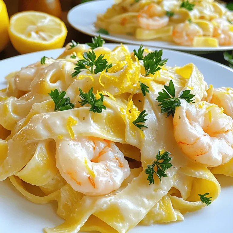 - 12 oz fettuccine pasta - 1 lb large shrimp, peeled and deveined - 4 tablespoons unsalted butter - 4 cloves garlic, minced - 1 cup heavy cream - 1 cup chicken broth - Zest and juice of 1 lemon - 1 teaspoon dried thyme - Salt and pepper to taste - 1 cup freshly grated Parmesan cheese - Fresh parsley, chopped (for garnish) For this creamy lemon garlic shrimp pasta, the ingredients matter. The fettuccine gives a nice base. You want large shrimp for great texture and flavor. Butter and garlic create a rich taste. These are your main stars. Then you have the heavy cream. It makes the dish creamy and smooth. Chicken broth adds depth. The lemon zest and juice bring brightness. Dried thyme adds a subtle herbal note. For garnishes, salt and pepper help enhance flavors. Freshly grated Parmesan cheese adds a salty kick. Finally, chopped parsley brightens up the dish visually and adds freshness. These ingredients come together to create a dish that feels fancy yet is easy to make. You’ll impress anyone with this meal! - Bring a large pot of salted water to a boil. - Cook the fettuccine pasta according to the package instructions. - Make sure it’s al dente. Drain the pasta but save 1 cup of the water. - In a large skillet, melt 2 tablespoons of unsalted butter over medium heat. - Add 4 cloves of minced garlic and sauté for about 1 minute. - When the garlic is fragrant, add the shrimp. - Season the shrimp with salt and pepper. - Cook for 3-4 minutes until the shrimp turn pink and opaque. - Once done, take the shrimp out and set them aside. - In the same skillet, melt the other 2 tablespoons of butter. - Pour in 1 cup of chicken broth and let it simmer for 2-3 minutes. - Next, add 1 cup of heavy cream, 1 teaspoon of dried thyme, and the zest and juice of 1 lemon. - Stir well and let the sauce simmer for an extra 3-4 minutes. - Gradually mix in 1 cup of freshly grated Parmesan cheese until melted. - If the sauce is too thick, add some reserved pasta water slowly. - Return the cooked shrimp to the skillet. - Add the fettuccine pasta and gently fold everything together. - Toss until the pasta is well-coated in the creamy sauce. - Taste the dish and adjust the seasoning with salt and pepper if needed. To make the best creamy sauce, pay attention to the garlic. Burned garlic makes your dish taste bitter. Sauté it in butter until it is fragrant and golden. This should take about one minute. To adjust the sauce’s thickness, use pasta water. Keep a cup of this water after cooking the fettuccine. If the sauce gets too thick, add a bit of pasta water. Mix it in slowly until you reach the right consistency. Cooking shrimp right takes practice. You want them to turn pink and opaque. This usually takes about three to four minutes in the pan. Overcooked shrimp can be rubbery, so watch them closely. Seasoning is key. Use salt and pepper to bring out the shrimp's flavor. You can also add a pinch of chili flakes for a bit of heat. How you present the dish matters. Serve the pasta in individual bowls or plates. Top with fresh parsley and a sprinkle of lemon zest. This adds color and freshness. You can also offer extra Parmesan on the side. It lets guests add as much cheese as they like. For sides, consider a simple green salad or garlic bread. These pair well with the rich flavors of the pasta. {{image_4}} You can swap fettuccine for many other pastas. Try linguine or penne for a change. Both will hold the creamy sauce well. This switch can give your dish a new look and texture. Your choice of pasta can change the whole meal. If you prefer not to use shrimp, chicken works great too. Simply cook the chicken in the same way you cook shrimp. You can also use vegetables like zucchini or bell peppers for a vegetarian option. These swaps keep the dish tasty and fun. For extra flavor, add herbs or spices. Fresh basil or parsley can brighten the dish. You might also try a pinch of red pepper flakes for some heat. For lemon lovers, use lemon pepper instead of plain pepper. It adds a lovely twist! To keep your creamy lemon garlic shrimp pasta fresh, store it in an airtight container. Place it in the fridge within two hours of cooking. This dish stays good for about three days when stored properly. Make sure to let it cool before sealing. This helps keep the texture nice. When you’re ready to enjoy leftovers, use a skillet for reheating. Add a splash of chicken broth or cream to keep it creamy. Heat it over low to medium heat. Stir it often to ensure even warming. This way, your pasta retains its texture and flavor. Avoid using the microwave since it can dry out your dish. If you want to freeze the creamy pasta, do it right away. Store it in a freezer-safe container. Leave some space at the top for expansion. This dish can last up to two months in the freezer. When you’re ready to eat, defrost it in the fridge overnight. Reheat it on the stove, adding a bit of liquid to help it regain its creaminess. Creamy lemon garlic shrimp pasta lasts about 3 to 4 days in the fridge. Make sure to store it in an airtight container. This helps keep the flavors fresh. Always check for any signs of spoilage before eating. If it smells off or looks strange, it’s best to toss it. Yes, you can use frozen shrimp. Just thaw them before cooking. To thaw, place shrimp in the fridge overnight or run cold water over them for a quick thaw. This keeps the shrimp juicy and tender. Cook them the same way as fresh shrimp for great results. Absolutely! To make this dish dairy-free, swap the heavy cream for coconut cream or a dairy-free cream alternative. Use nutritional yeast instead of Parmesan for a cheesy flavor. This way, you can enjoy the creamy texture without dairy. You can serve this pasta with a fresh green salad or garlic bread. Roasted veggies also make a nice side. For drinks, try a light white wine or sparkling water with lemon. These pair well with the dish's flavors and make a full meal. You now have a solid guide to making creamy lemon garlic shrimp pasta. We covered the key ingredients, step-by-step cooking, and tips to perfect your dish. Don't forget the variations for fun twists and smart storage methods for leftovers. Enjoy your delicious meal and impress others with your cooking skills. Keep experimenting and you’ll master this dish in no time!