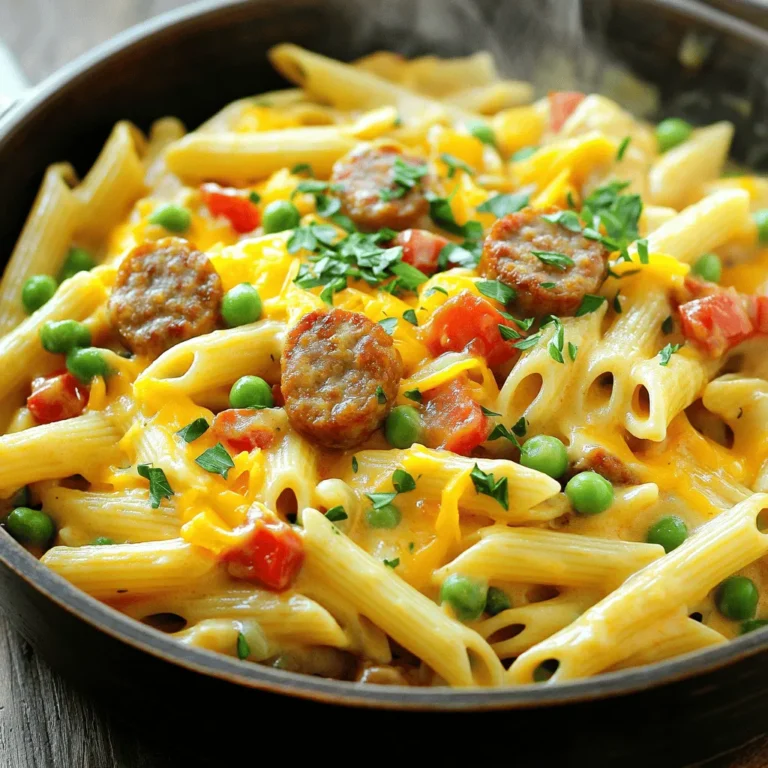 - 12 oz penne pasta - 1 lb Andouille sausage, sliced - 1 tablespoon olive oil - 1 medium onion, chopped - 1 red bell pepper, diced - 2 cloves garlic, minced - 1 teaspoon Cajun seasoning - 1 can (14.5 oz) diced tomatoes with green chilies - 1 cup chicken broth - 1 cup heavy cream - 1 cup frozen peas - 1 cup shredded sharp cheddar cheese - Salt and black pepper - Fresh parsley for garnish Gathering the right ingredients is key. First, you need 12 ounces of penne pasta. This pasta shape holds onto the sauce well. Next, get one pound of sliced Andouille sausage. This sausage adds a spicy kick. You will also need one tablespoon of olive oil. This helps cook the sausage and veggies. A medium onion, chopped, and a red bell pepper, diced, are also must-haves. They add sweetness and crunch to the dish. Don’t forget two cloves of minced garlic. Garlic gives a nice aroma and flavor. A teaspoon of Cajun seasoning brings heat and zest. You’ll need a 14.5-ounce can of diced tomatoes with green chilies. This gives the dish moisture and flavor. One cup of chicken broth adds richness. Next, grab one cup of heavy cream. This makes the sauce creamy and smooth. You will also need one cup of frozen peas for color and sweetness. Finally, one cup of shredded sharp cheddar cheese adds a rich taste. Be sure to have salt and black pepper to taste, plus fresh parsley for a bright finish. These ingredients combine to create a flavor-packed meal. Each one plays an important role in making your Cajun Sausage Pasta Skillet a hit. - Boil salted water in a large pot. - Add 12 oz penne pasta and cook until al dente. - Drain the pasta and set it aside. - Heat 1 tablespoon of olive oil in a skillet over medium-high heat. - Add 1 lb sliced Andouille sausage and cook until browned and crispy. - Once done, set the sausage aside on a plate. - In the same skillet, add 1 medium chopped onion and 1 diced red bell pepper. - Sauté for 3-4 minutes until softened and fragrant. - Stir in 2 minced garlic cloves and 1 teaspoon Cajun seasoning, cooking for 1 minute. - Pour in 1 can of diced tomatoes and 1 cup chicken broth. - Stir well and bring the mix to a gentle simmer. - Add 1 cup heavy cream and return the cooked sausage to the skillet. - Gently fold in the cooked penne pasta and 1 cup frozen peas. - Heat through for about 2-3 minutes until everything is warm. - Mix in 1 cup shredded cheddar cheese until melted. - Ensure pasta is al dente for best texture. - Adjust Cajun seasoning to fit your taste. Cooking pasta just right is key. Al dente means the pasta has a slight firmness. It holds up better in the dish. If you like spice, add more Cajun seasoning. This can make your dish pop with flavor. - Serve in wide bowls for visual appeal. - Garnish with extra cheese and parsley. Serving in wide bowls makes the dish look fancy. It gives space for all the colors. A sprinkle of cheese adds richness. Fresh parsley brightens the dish and adds color. - To fix a too-thick sauce, add a splash of chicken broth. - If your dish tastes bland, try adding a pinch of salt or more seasoning. If your sauce is too thick, it can be a problem. Just add a little chicken broth. This brings it back to the right consistency. If the flavor is not strong enough, season it. A little extra salt or Cajun seasoning can make a big difference. {{image_4}} You can change the pasta shape for fun. Try fusilli or rotini for a twist. They hold sauce well and add texture. If you want a different sausage, use smoked sausage or chorizo. These give great flavor and spice. To make this dish gluten-free, swap penne with gluten-free pasta. Many brands work well and taste good. For a vegan option, use plant-based sausage and non-dairy cream. You can also add nutritional yeast for a cheesy flavor without dairy. Feel free to add extra veggies to boost nutrition. Spinach, zucchini, or mushrooms work great. They add color and flavor. You can also try different spices. Smoked paprika or cayenne pepper will give an extra kick. Adjust to your personal taste for a unique dish every time. To keep your Cajun sausage pasta fresh, store it in the fridge. Place the pasta in an airtight container. It will last for 3 to 4 days. If you want to freeze it, use a freezer-safe container or bag. Press out excess air to avoid freezer burn. Frozen pasta can last up to 3 months. When you are ready to enjoy leftovers, use the stovetop to reheat. Add a splash of chicken broth or cream to keep it moist. Stir it well over low heat until hot. You can also use the microwave. Heat it in short bursts, stirring in between. This method helps keep the texture nice and creamy. Cajun Sausage Pasta Skillet lasts about 3 to 4 days in the fridge. Store it in an airtight container. This keeps it fresh and safe to eat later. Yes, you can use fresh sausage. Any sausage will work, but Andouille adds a unique flavor. Consider using Italian or chicken sausage for a different taste. The best way to reheat pasta is on the stovetop. Add a splash of water or broth to keep it moist. Heat on low, stirring often for even warmth. Absolutely! You can cook Cajun Sausage Pasta Skillet ahead of time. Just store it in the fridge and reheat before serving. This saves time on busy nights. Cajun Sausage Pasta Skillet pairs well with garlic bread or a fresh salad. You can also serve it with steamed vegetables. These sides add freshness and balance to the meal. You now know the full recipe for Cajun Sausage Pasta Skillet. We covered the ingredients, cooking steps, and storage tips. Remember to cook your pasta al dente for the best bite. Try different sausages or veggies to mix things up. Store leftovers well and reheat them carefully to keep the flavors strong. This dish is not only tasty but also easy to make and customize. Enjoy your cooking and feel free to share your results!