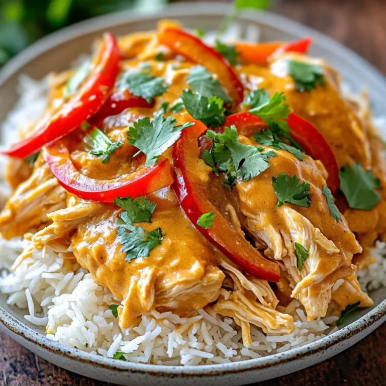 - 2 lbs boneless, skinless chicken thighs - 1 cup creamy natural peanut butter - 1/4 cup soy sauce or tamari - 1/4 cup honey - 2 tablespoons lime juice - 1 tablespoon fresh ginger - 3 cloves garlic - 1 red bell pepper - 1 cup coconut milk - Fresh cilantro and jasmine rice To make Slow Cooker Thai Peanut Chicken, you need a few key ingredients. First, the chicken thighs. They stay juicy and tender. You can use boneless, skinless chicken thighs for the best results. Next, peanut butter gives this dish its unique flavor. I prefer creamy peanut butter. It blends well with other ingredients. Soy sauce or tamari adds saltiness. Tamari is great if you need a gluten-free option. Honey brings sweetness to balance the flavors. Lime juice adds a nice zing. Fresh ginger and garlic give the dish depth. They add warmth and a bit of spice. For garnishing, I like to use a red bell pepper. It adds color and crunch. Coconut milk makes the sauce rich and creamy. Serve the chicken over jasmine rice. It's the perfect base to soak up all the delicious sauce. Finally, sprinkle fresh cilantro on top for a fresh taste. These ingredients come together to create a meal that’s not just tasty but also easy to make. Start by placing the chicken thighs in the slow cooker. Lay them evenly at the bottom. This helps them cook well. For even cooking, try not to stack the chicken. If you have more, cook in two batches. In a bowl, mix together the peanut butter, soy sauce, honey, lime juice, ginger, garlic, coconut milk, and red pepper flakes. Use a whisk to combine everything. Make sure the sauce is smooth with no lumps. This step is key for great flavor. Once the sauce is ready, pour it over the chicken. Make sure every piece is coated. Next, layer the sliced red bell pepper on top. This will add color and taste as it cooks. Set your slow cooker to low for 6-7 hours, or high for 3-4 hours. Cook until the chicken hits 165°F (75°C). After cooking, use two forks to shred the chicken right in the slow cooker. Mix it well with the sauce. For serving, place the chicken over bowls of jasmine rice. Garnish with chopped cilantro for a nice touch. Enjoy your tasty meal! For the best slow cooker chicken, follow these cooking times: - Low setting: 6-7 hours - High setting: 3-4 hours Make sure your chicken thighs reach 165°F. This keeps the chicken safe to eat. Use a meat thermometer to check the temperature. It’s an easy step that ensures a tasty meal. Want to change the heat? Adjust the red pepper flakes in the recipe. - For less spice, reduce the flakes to 1/4 teaspoon. - To make it spicier, add more flakes to taste. You can also add sliced jalapeños or sriracha for more heat. If you prefer a milder dish, skip the red pepper flakes entirely. You can boost the dish’s flavor by adding more veggies. Here are a few ideas: - Add carrots for sweetness. - Use snap peas for crunch. - Toss in broccoli for a pop of color. For garnishing, think outside the box. Consider: - Chopped green onions for a fresh taste. - Crushed peanuts for added texture. - A squeeze of lime to brighten the dish. These simple changes can make your Thai peanut chicken even better! {{image_4}} To make this dish gluten-free, simply use tamari instead of soy sauce. Tamari is a great choice since it has a similar flavor but does not contain wheat. This makes it safe for people with gluten allergies. The taste will remain rich and tasty, so you won’t miss the soy sauce at all! You can add more veggies to the dish for extra flavor and nutrition. Some great options include carrots, snap peas, or broccoli. Just chop them up into small pieces and add them to the slow cooker with the chicken. They will soak up the peanut sauce and add crunch. This makes the meal colorful and healthy! If you want to try something different, you can swap the chicken for tofu or shrimp. For tofu, use firm tofu and press it to remove extra water. Cut it into cubes and add it to the slow cooker. If you choose shrimp, add it during the last hour of cooking. Both options will bring a new twist to this classic dish! To store leftovers, let the Thai peanut chicken cool first. Place it in an airtight container. It stays fresh for up to four days in the fridge. Make sure to keep the sauce with the chicken for flavor. For reheating, the best method is the microwave. Use a microwave-safe bowl and cover it. Heat in short bursts, stirring in between. This helps the chicken stay moist and tasty. You can also reheat it in a pan on low heat, stirring often for even warmth. If you want to freeze the dish, use a freezer-safe container. It can last for up to three months in the freezer. To thaw, place it in the fridge overnight. Reheat it on the stove or microwave, adding a splash of water if it seems dry. This keeps the flavors strong and the chicken tender. Yes, you can use chicken breasts. Chicken thighs are juicy and tender. They have more fat, which adds flavor. Chicken breasts are leaner but can dry out. If you use breasts, check for doneness earlier. Cooking on low takes 6-7 hours. This method allows flavors to blend well. Cooking on high takes 3-4 hours. It is faster but may not be as tender. Both methods should reach 165°F for safe eating. Serve Thai Peanut Chicken with jasmine rice. The rice soaks up the sauce. You can also add steamed broccoli or snap peas. Fresh cilantro adds a nice touch on top. Consider lime wedges for extra zest. This blog post explored the delicious Thai Peanut Chicken recipe. We covered the main ingredients, like chicken thighs and peanut butter, along with the steps for cooking it perfectly. I shared tips for adjusting spice levels and enhancing flavor. Remember, you can easily modify this dish with vegetables or different proteins. Enjoy storing leftovers properly for quick meals later. With these tips, I hope you feel ready to get cooking and impress your family! Your journey to tasty Thai Peanut Chicken starts now; let the fun begin!