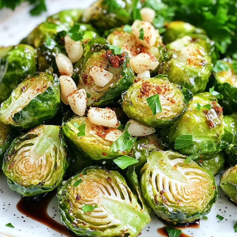 For this recipe, you need 1 pound of fresh Brussels sprouts. Look for bright green sprouts that feel firm. Trim off the ends and cut each one in half. This helps them cook evenly and become crispy. The key flavors come from 4 cloves of garlic, finely minced. You also need 3 tablespoons of extra-virgin olive oil for richness. Add 1 teaspoon of garlic powder for an extra kick. Don’t forget 1 teaspoon of smoked paprika to give a nice smoky taste. Finally, season with sea salt and freshly ground pepper to enhance the flavors. For a tangy finish, you can add 2 tablespoons of balsamic glaze. It pairs well with the Brussels sprouts. To make your dish visually appealing, top with fresh parsley, finely chopped. This adds a pop of color and freshness. Start by setting your air fryer to preheat at 375°F (190°C). Preheating helps cook the Brussels sprouts evenly. This simple step makes a big difference in crispiness. Take 1 pound of fresh Brussels sprouts. Trim off the ends and cut them in half. In a large bowl, mix the halved sprouts with 3 tablespoons of extra-virgin olive oil. Add 4 cloves of finely minced garlic, 1 teaspoon of garlic powder, and 1 teaspoon of smoked paprika. Season with sea salt and freshly ground pepper. Toss everything until the sprouts are well coated. This mixture adds flavor and helps them crisp up. Place the seasoned Brussels sprouts in the air fryer basket. Make sure to arrange them in a single layer. This step is key for even cooking. If your air fryer is small, you might need to cook in batches. Air fry the Brussels sprouts for 12 to 15 minutes. Halfway through the cooking time, shake the basket. This helps them cook evenly and get nice and crispy. They should turn golden brown and stay tender inside. Once done, carefully take the Brussels sprouts out of the air fryer. For a tangy finish, drizzle 2 tablespoons of balsamic glaze on top. Toss gently to coat the sprouts. Finally, transfer them to a serving dish. Garnish with chopped fresh parsley for a burst of color and flavor. Enjoy your crispy delight! To get that perfect crispiness, use fresh Brussels sprouts. Trim and halve them for even cooking. Toss them well with olive oil and seasonings. This helps the heat circulate. Air fry at 375°F for 12 to 15 minutes. Shake the basket halfway through. This step prevents sticking and ensures an even crisp. You want them golden brown on the outside and tender on the inside. If you don't have fresh Brussels sprouts, try using frozen ones. Just add a few extra minutes to the cooking time. For olive oil, you can use avocado oil or melted butter. Garlic can be swapped for garlic powder if you're in a pinch. Smoked paprika gives a nice flavor, but regular paprika works too. Don't skip the sea salt and pepper; they really enhance taste. Serve these crispy Brussels sprouts in a rustic bowl. Drizzle more balsamic glaze on top for extra flavor. Sprinkle fresh parsley for color and freshness. They pair well with grilled chicken or fish. You can also serve them as a tasty side for pasta dishes. For a fun twist, add some grated Parmesan cheese before serving. {{image_4}} You can mix Brussels sprouts with other veggies. Carrots, bell peppers, and zucchini work well. Chop them into similar sizes for even cooking. Toss them with olive oil and spices just like you do with the sprouts. This adds color and flavor to your dish. If you like heat, add some spice! Try red pepper flakes or chili powder. Mix them into your seasoning blend before coating the Brussels sprouts. You can even add a splash of hot sauce for a kick. This twist gives your dish a tasty surprise. Want a vegan or gluten-free dish? No problem! The base recipe is already vegan. Just use gluten-free balsamic glaze. Check the labels on your spices to ensure they are gluten-free. This makes your crispy delight safe for everyone to enjoy. To keep your air fryer garlic Brussels sprouts fresh, store them in an airtight container. This helps lock in flavor and crispness. You can refrigerate them for up to three days. Always let them cool to room temperature before sealing. Reheat your Brussels sprouts in the air fryer for the best results. Set the air fryer to 350°F (175°C). Heat them for about 5 to 7 minutes. This method makes them crispy again. You can also use a microwave, but the texture may not be as good. If you want to freeze your Brussels sprouts, first let them cool completely. Place them in a freezer bag, removing as much air as possible. They can last up to three months in the freezer. When you’re ready to eat, thaw them in the fridge overnight. Then, reheat them in the air fryer to restore crispness. You should air fry Brussels sprouts for 12 to 15 minutes. Shake the basket halfway through. This helps them cook evenly. Look for a golden brown color and crispy texture. Yes, you can use frozen Brussels sprouts. However, they may not get as crispy. Thaw them first and pat them dry. This removes excess moisture and helps them crisp up better in the air fryer. Garlic Brussels sprouts pair well with many dishes. Try serving them with roasted chicken or grilled steak. They also work great with pasta or as a side for a hearty salad. To reduce bitterness, try these tips: - Trim the ends of the Brussels sprouts. - Halve them for quicker cooking. - Mix them with sweet ingredients like balsamic glaze. - Roast or air fry them until golden brown. These steps enhance their flavor and reduce bitterness. Air frying Brussels sprouts gives them a crispy texture and rich flavor. We explored fresh ingredients, seasoning, and optional add-ons. The step-by-step guide helps you preheat, prepare, and air fry them easily. Tips for crispiness and substitutions can enhance your dish. Variations allow for creativity, and storage info ensures leftovers stay fresh. Remember, cooking is fun! Experiment with flavors and enjoy your tasty Brussels sprouts.